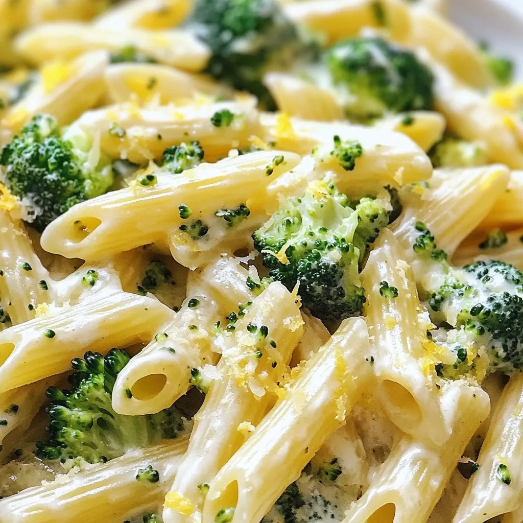 - 8 oz pasta (penne or fusilli are great choices) - 3 cups fresh broccoli florets - 1 tablespoon extra-virgin olive oil - 2 cloves garlic, minced - 1 cup vegetable broth (low-sodium is best) - 1 cup heavy cream or coconut cream - 1/2 cup grated Parmesan cheese or nutritional yeast - 1 teaspoon lemon zest - 1 teaspoon sea salt - 1/2 teaspoon black pepper - 1/4 teaspoon red pepper flakes (optional) - Fresh parsley, chopped for garnish You need a large pot or deep skillet for this dish. A wooden spoon helps mix everything well. A sharp knife makes cutting the garlic and broccoli easier. A measuring cup is key for the broth and cream. You can swap the pasta for gluten-free options if needed. Use almond milk if you want a lighter cream. For a vegan option, try nutritional yeast instead of cheese. If you don’t have fresh broccoli, frozen works too. Just add it in with the pasta. {{ingredient_image_2}} Start by heating 1 tablespoon of extra-virgin olive oil in a large pot. Use medium heat. Once the oil is hot, add 2 cloves of finely minced garlic. Sauté the garlic for 1-2 minutes. Stir it often until it smells good and turns golden. Be careful not to burn the garlic, as it can taste bitter. Next, add 8 ounces of your favorite pasta to the pot. I like penne or fusilli. Toss in 3 cups of fresh broccoli florets. Mix them well with the garlic and oil. Pour in 1 cup of low-sodium vegetable broth, so the pasta and broccoli are under the liquid. Season with 1 teaspoon of sea salt, 1/2 teaspoon of black pepper, and 1/4 teaspoon of red pepper flakes if you want heat. Bring this to a boil. When it boils, reduce the heat. Cover the pot and let it simmer for about 10-12 minutes. Stir it occasionally until the pasta is al dente and most of the broth is gone. Now, lower the heat again. Add 1 cup of heavy cream or coconut cream if you prefer dairy-free. Also, add 1/2 cup of freshly grated Parmesan cheese and 1 teaspoon of lemon zest. Stir this mixture until the cheese melts and the sauce becomes creamy. Make sure to taste it. Adjust the salt and pepper if needed. Serve the pasta hot, topped with fresh parsley for extra flavor. Enjoy your delicious, one-pot meal! To get the best pasta, start with the right amount of water. Use enough broth to cover the pasta and broccoli. This helps them cook evenly. Stir often while it cooks. This keeps the pasta from sticking together. Check the pasta a minute or two before the time is up. It should be firm but not hard. This is called al dente. If you overcook it, the pasta can become mushy and lose its bite. Seasoning makes a big difference in taste. Start with sea salt in the broth. This adds depth to the dish. Add freshly cracked black pepper for a mild kick. If you want more heat, sprinkle in red pepper flakes. Don’t forget the lemon zest! It brightens the flavors and adds a fresh twist. Always taste your dish as you go. Adjust the salt and spice to fit your taste. To get a rich and creamy sauce, add the heavy cream slowly. Stir it in gently so it mixes well. Freshly grated Parmesan cheese melts better than pre-grated cheese. It gives a smooth texture. If you want a dairy-free option, use coconut cream. It works great and adds a unique flavor. Make sure to stir continuously until everything is well combined. This will help your sauce stay creamy and delicious. Pro Tips Perfect Pasta Timing: To achieve the best texture, cook the pasta until it's just al dente, as it will continue to cook slightly in the sauce. Broccoli Brightness: To maintain the vibrant green color of the broccoli, consider blanching it in boiling water for a minute before adding it to the pasta. Creamy Consistency: If the sauce gets too thick, you can thin it out with a splash of additional vegetable broth or water. Flavor Boost: For an extra layer of flavor, add a tablespoon of Dijon mustard or a squeeze of fresh lemon juice before serving. {{image_4}} You can easily make this dish vegan. Just swap the heavy cream for coconut cream. It adds a rich, creamy taste without dairy. Plus, it pairs well with the broccoli and garlic. Use the same amount as the heavy cream in the recipe. You can also replace Parmesan with nutritional yeast for a cheesy flavor. This keeps the dish plant-based while still being full of taste. If you want extra protein, chicken or tofu works great. For chicken, use diced pieces and add them after cooking the garlic. Sauté until they’re browned. Then add the pasta and broccoli. If you prefer tofu, use firm tofu. Cube it and sauté it with garlic. Both options make your meal heartier and more filling. If you need gluten-free pasta, don’t worry! There are many good options. Look for gluten-free penne or fusilli. Most brands cook well and taste great. Just check the package for cooking times. Follow the same steps in the recipe, and you will have a delicious dish that everyone can enjoy. After you make this dish, let it cool down first. Then, transfer it to an airtight container. Store it in the fridge for up to three days. The creamy sauce may thicken as it sits. You can add a splash of broth or cream when reheating to loosen it up. If you want to save some for later, freezing is a good option. Make sure the dish is completely cool before freezing. Use a freezer-safe container or bag. This dish can last for up to three months in the freezer. To reheat, thaw it overnight in the fridge. When you're ready to enjoy your pasta again, heat it gently. Use a pot on low heat. Add a little broth or cream to help the sauce return to its creamy state. Stir often to avoid burning. You can also microwave it in short bursts, stirring in between. Enjoy it just like you did the first time! Yes, you can use frozen broccoli. It cooks well in this dish. Just add it when you add the pasta. Frozen broccoli is often pre-cooked, so it will blend nicely. Just keep an eye on the cooking time. You want it tender but not mushy. To lower calories, try these tips: - Use whole grain pasta instead of regular pasta. - Swap heavy cream for low-fat milk or unsweetened almond milk. - Cut back on cheese or use a smaller amount of nutritional yeast. - Add more vegetables like spinach or zucchini for bulk without extra calories. These changes keep the dish tasty while making it lighter. This dish pairs well with many sides, such as: - A fresh green salad with lemon vinaigrette. - Garlic bread for a comforting touch. - Grilled chicken or shrimp for added protein. - Roasted veggies to add more flavor and nutrients. Feel free to mix and match based on your mood and guests! This blog covered everything you need for One Pot Creamy Broccoli Pasta. We looked at key ingredients, cooking steps, and helpful tips. You learned how to switch ingredients and make it vegan or gluten-free. We also discussed how to store and reheat leftovers. In the end, you can make a tasty dish that suits your taste. Enjoy trying it out!
