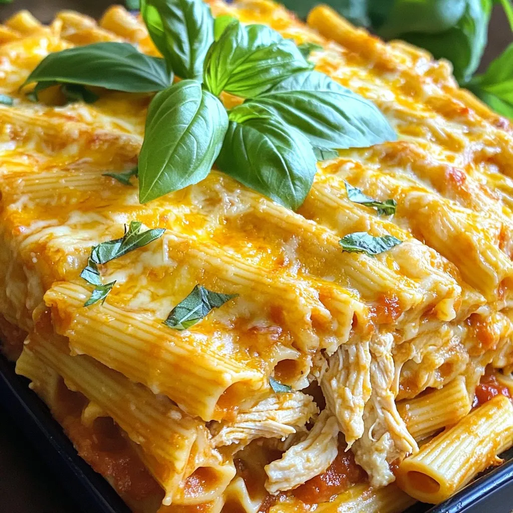 To make Cheesy Chicken Pasta Bake, you will need these key ingredients: - 2 cups cooked pasta (penne or rotini) - 2 cups cooked chicken, shredded or diced - 1 cup marinara sauce - 1 cup ricotta cheese - 1 cup shredded mozzarella cheese - 1 cup shredded cheddar cheese - 1/2 cup grated Parmesan cheese - 1 teaspoon garlic powder - 1 teaspoon Italian seasoning - Salt and pepper to taste - Fresh basil leaves for garnishing These ingredients come together to create a creamy and cheesy delight that fills you up and warms your heart. You can change the cheese to fit your taste. Here are some ideas: - Use gouda for a smoky flavor. - Try pepper jack for a spicy kick. - Substitute feta for a tangy twist. - Mix in some cream cheese for extra creaminess. Feel free to experiment! Each cheese adds its own character to the dish. Add more depth to your pasta bake with these optional ingredients: - Chopped spinach for a fresh touch. - Sliced mushrooms for an earthy flavor. - Diced bell peppers for sweetness and crunch. - A splash of hot sauce for heat. These extras can make your Cheesy Chicken Pasta Bake even more special. You can mix and match to find your favorite combo! First, preheat your oven to 375°F (190°C). This step is key for a well-cooked pasta bake. While the oven warms up, gather all your ingredients. You will need cooked pasta, cooked chicken, marinara sauce, ricotta cheese, mozzarella, cheddar, Parmesan, garlic powder, Italian seasoning, salt, and pepper. Having everything ready makes the process smooth and fun. In a large mixing bowl, combine the cooked pasta and shredded chicken. Pour in the marinara sauce. Use a large spoon to stir gently. You want the pasta and chicken fully coated in sauce. This step ensures great flavor in every bite. In another bowl, mix the ricotta cheese with garlic powder, Italian seasoning, salt, and pepper. Use a fork to blend everything into a creamy mixture. This adds a rich texture to your bake. Make sure no lumps remain; a smooth blend makes a big difference. Lightly grease a 9x13 inch baking dish with cooking spray. Now, pour half of the pasta mixture into the dish. Spread it evenly. Next, sprinkle half of the shredded mozzarella and cheddar cheeses on top. This layer adds a cheesy goodness. Pour in the rest of the pasta mixture, then top it with the remaining mozzarella, cheddar, and grated Parmesan. This will create a golden cheese crust. Cover the dish tightly with aluminum foil. Place it in the preheated oven and bake for 25 minutes. This helps all the flavors combine. After 25 minutes, remove the foil. Bake for another 10-15 minutes until the cheese is bubbly and golden. Once baked, let it cool for about 5 minutes. This resting time helps everything set. Garnish with fresh basil leaves before slicing and serving. Enjoy your cheesy chicken pasta bake! To get the best cheese crust, use a mix of cheeses. I love using mozzarella and cheddar for their meltiness. Sprinkle grated Parmesan on top for that golden finish. Cover your dish with foil for the first half of baking. This keeps the cheese from burning and lets it melt evenly. Remove the foil later to get that nice brown color. You can easily swap ingredients for dietary needs. For a gluten-free option, use gluten-free pasta. If you are dairy-free, try using vegan cheeses. You can also replace chicken with tofu or beans for a plant-based dish. Just make sure to adjust cooking times if you change the protein. When serving, cut the pasta bake into squares. Place it on plates and add a sprinkle of extra Parmesan. A few fresh basil leaves on top make it look fancy. Pair it with a fresh salad or garlic bread to make a full meal. Enjoy this dish while it’s hot for the most flavor! {{image_4}} If you want to switch things up, you can use other proteins. Turkey works great and keeps it light. You can also try cooked sausage for a spicier kick. For a different flavor, consider shredded beef. Each option gives a unique taste while keeping the dish hearty. You can make this bake vegetarian by skipping the meat. Use mushrooms, spinach, or zucchini instead of chicken. These veggies add great texture and flavor. You might also try adding beans for protein. This version remains creamy and satisfying without meat. Seasonal veggies can make your pasta bake even better. In spring, add asparagus or peas for a fresh crunch. In summer, bell peppers and cherry tomatoes brighten the dish. During fall, try butternut squash or broccoli for warmth. These mix-ins add color and boost nutrition. To store your Cheesy Chicken Pasta Bake, let it cool first. Once cool, cover it tightly with plastic wrap or aluminum foil. This keeps it fresh and stops it from drying out. You can store it in the fridge for up to three days. When you’re ready to eat, just take it out and reheat. If you want to save some for later, freezing works great! Cut the pasta bake into portions. Wrap each piece in plastic wrap. Then place the wrapped pieces in a freezer bag. Remove as much air as you can before sealing. You can freeze it for up to three months. When you’re ready to eat, just thaw it in the fridge overnight. To heat up your pasta bake, preheat the oven to 350°F (175°C). Place the portion in an oven-safe dish. Cover it with foil to keep it moist. Heat for about 20 minutes or until hot. If you want the cheese to melt again, remove the foil for the last 5 minutes. Enjoy your cheesy goodness just like the first time! To make Cheesy Chicken Pasta Bake gluten-free, choose gluten-free pasta. Many brands offer good options made from rice or corn. Check the marinara sauce too; some sauces may have gluten. Use gluten-free breadcrumbs if you want a crispy topping. Yes, you can prepare this pasta bake ahead of time. Just follow the recipe until the baking step. Cover it and place it in the fridge. When ready to eat, preheat your oven and bake it. You may need to add a few extra minutes to the bake time. This pasta bake goes well with simple side dishes. A fresh salad adds crunch and flavor. Garlic bread is a classic choice for dipping. You can also serve steamed veggies for a healthy touch. Choose sides that balance the cheesy richness of the dish. You've learned how to make a tasty Cheesy Chicken Pasta Bake. We covered the key ingredients and step-by-step instructions. Don’t forget to try different cheeses or add your favorite veggies for a fun twist. Storage tips ensure you enjoy leftovers later. Remember, this dish suits many diets, so feel free to adapt it. Cooking is about having fun and sharing great flavors. Enjoy your meal, and happy baking!