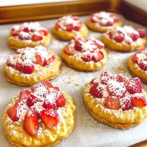 To make these delightful cookies, you'll need: - 1 cup all-purpose flour - 1/2 cup granulated sugar - 1/2 teaspoon baking powder - 1/4 teaspoon fine sea salt - 1/2 cup unsalted butter, softened to room temperature - 1 large egg, at room temperature - 1 teaspoon vanilla extract - 1 cup fresh strawberries, hulled and diced - 1/2 cup crushed shortbread cookies - 1/4 cup powdered sugar (for dusting) Using fresh ingredients is key for great flavor. Fresh strawberries bring a sweet, juicy burst to each bite. They also add a lovely pink hue to the cookies. Softened butter is vital, too. It helps create a light and fluffy texture. Fresh ingredients do not just enhance taste. They also improve the cookie's look and feel. When you use high-quality items, your cookies will shine. You can easily swap some ingredients if needed. Here are a few ideas: - For the all-purpose flour, use a gluten-free mix if you want a gluten-free version. - Instead of granulated sugar, try coconut sugar for a healthier option. - You can use margarine or a dairy-free butter as a substitute for unsalted butter. - If you do not have fresh strawberries, frozen ones will work, but thaw and drain them first. - You can replace shortbread cookies with graham crackers for a different crunch. These substitutions allow you to customize the recipe to fit your needs. Enjoy making these cookies your own! Before you start baking, gather your tools. You need mixing bowls, a whisk, a mixer, and a baking sheet. Preheat your oven to 350°F (175°C). Line your baking sheet with parchment paper. This keeps your cookies from sticking. 1. In a medium bowl, whisk together: - 1 cup all-purpose flour - 1/2 cup granulated sugar - 1/2 teaspoon baking powder - 1/4 teaspoon fine sea salt 2. In a large bowl, cream: - 1/2 cup unsalted butter, softened Use a mixer, beating for 2-3 minutes until fluffy. 3. Add in: - 1 large egg - 1 teaspoon vanilla extract Mix until smooth, scraping down the bowl as needed. 4. Gradually add the dry mix to the wet mix. Stir gently with a spatula. Stop when a soft dough forms. A few lumps are okay. 5. Fold in: - 1 cup fresh strawberries, diced - 1/2 cup crushed shortbread cookies Be gentle so you don’t crush the strawberries. 6. Use a tablespoon or cookie scoop to drop dough onto the baking sheet. Space them about 2 inches apart. 7. Bake for 12-15 minutes. The edges should be lightly golden. The tops should look set. Once done baking, take the cookies out. Let them cool on the sheet for 5 minutes. This helps them firm up. Then, move them to a wire rack to cool completely. After cooling, dust the tops with: - 1/4 cup powdered sugar This adds a sweet touch. Serve them on a nice plate. You can garnish with fresh strawberries or mint. Enjoy your tasty Strawberry Crunch Shortcake Cookies! To get that soft and chewy texture, use softened butter. Cream it well with sugar. Mix until it is light and fluffy. Do not overmix the dough after adding flour. This keeps the cookies tender. Fold in strawberries gently. This helps keep their shape and juice intact. Bake until the edges are golden, but the centers stay soft. One common mistake is using cold butter. Cold butter will not cream well with sugar. This can lead to hard cookies. Another mistake is overbaking. Watch your cookies closely. Remove them as soon as the edges turn golden. Allow them to cool on the sheet for five minutes before moving them. This helps them firm up without breaking. Want to switch things up? Consider adding a splash of lemon zest. It brightens the flavor of strawberries. You can also mix in white chocolate chips for extra sweetness. If you like nuts, chopped almonds or pecans add a nice crunch. You can even try different types of crushed cookies for unique flavors. {{image_4}} If you want to make gluten-free Strawberry Crunch Shortcake Cookies, it’s easy! You can swap all-purpose flour with a gluten-free blend. Look for a mix that has xanthan gum, as it helps with texture. You can also use almond flour or coconut flour. These options will change the taste a bit but still make tasty cookies. While strawberries shine in these cookies, feel free to get creative! You can use blueberries, raspberries, or diced peaches instead. Each fruit brings its own flavor, making your cookies unique. Just remember to keep the amount similar to the strawberries in the recipe for balance. The crushed shortbread cookies add a great crunch, but you can mix it up. Try using crushed graham crackers for a different flavor. Nuts, like almonds or pecans, can add a nice crunch too. Just chop them finely before mixing them in. This way, you can create a new twist on your Strawberry Crunch Shortcake Cookies! To keep your strawberry crunch shortcake cookies fresh, place them in an airtight container. This helps lock in moisture and flavor. You can also layer them with parchment paper to prevent sticking. Store them at room temperature away from sunlight. If you want to keep them longer, the fridge is a great option too. These cookies can last for about 5 days at room temperature. If you store them in the fridge, they may stay fresh for up to a week. Just remember, they taste best when enjoyed fresh! If you want to save some for later, freezing is a smart choice. First, let the cookies cool completely. Then, place them in a single layer on a baking sheet. Freeze them for about 1 hour until firm. After that, transfer the cookies to a freezer-safe bag or container. They can last for up to three months. When you’re ready to eat them, just thaw at room temperature for a tasty treat! Yes, you can use frozen strawberries. Just make sure to thaw them first. Drain any excess juice to prevent soggy cookies. Frozen strawberries can change texture but still taste great. To change the size, adjust the amount of dough you scoop. For smaller cookies, use a teaspoon. For larger ones, use a larger cookie scoop. Just remember to check the baking time, as smaller cookies bake faster. If your dough is sticky, add a little more flour. Start with a tablespoon and mix well. Avoid adding too much at once. You want the dough to be soft but not stick to your hands. Strawberry Crunch Shortcake Cookies are tasty and fun to make. Fresh ingredients are key for great flavor. You can swap out some items if needed. I shared easy steps for baking and cooling. Following my tips helps you dodge common mistakes. Don’t forget about fun variations, like gluten-free options or using different fruits. Store your cookies well to keep them fresh. With these pointers, you can create cookies that impress everyone. Enjoy baking your own delicious treats!