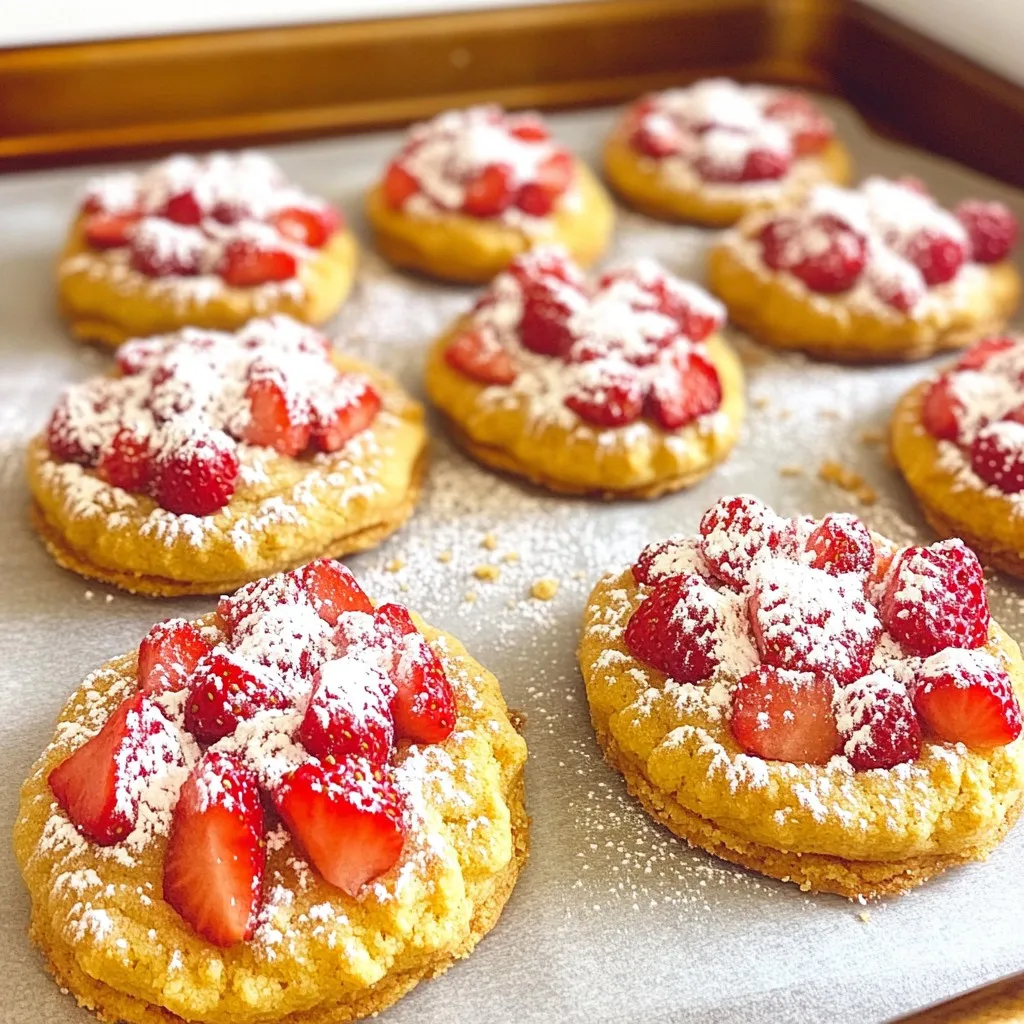 To make these delightful cookies, you'll need: - 1 cup all-purpose flour - 1/2 cup granulated sugar - 1/2 teaspoon baking powder - 1/4 teaspoon fine sea salt - 1/2 cup unsalted butter, softened to room temperature - 1 large egg, at room temperature - 1 teaspoon vanilla extract - 1 cup fresh strawberries, hulled and diced - 1/2 cup crushed shortbread cookies - 1/4 cup powdered sugar (for dusting) Using fresh ingredients is key for great flavor. Fresh strawberries bring a sweet, juicy burst to each bite. They also add a lovely pink hue to the cookies. Softened butter is vital, too. It helps create a light and fluffy texture. Fresh ingredients do not just enhance taste. They also improve the cookie's look and feel. When you use high-quality items, your cookies will shine. You can easily swap some ingredients if needed. Here are a few ideas: - For the all-purpose flour, use a gluten-free mix if you want a gluten-free version. - Instead of granulated sugar, try coconut sugar for a healthier option. - You can use margarine or a dairy-free butter as a substitute for unsalted butter. - If you do not have fresh strawberries, frozen ones will work, but thaw and drain them first. - You can replace shortbread cookies with graham crackers for a different crunch. These substitutions allow you to customize the recipe to fit your needs. Enjoy making these cookies your own! Before you start baking, gather your tools. You need mixing bowls, a whisk, a mixer, and a baking sheet. Preheat your oven to 350°F (175°C). Line your baking sheet with parchment paper. This keeps your cookies from sticking. 1. In a medium bowl, whisk together: - 1 cup all-purpose flour - 1/2 cup granulated sugar - 1/2 teaspoon baking powder - 1/4 teaspoon fine sea salt 2. In a large bowl, cream: - 1/2 cup unsalted butter, softened Use a mixer, beating for 2-3 minutes until fluffy. 3. Add in: - 1 large egg - 1 teaspoon vanilla extract Mix until smooth, scraping down the bowl as needed. 4. Gradually add the dry mix to the wet mix. Stir gently with a spatula. Stop when a soft dough forms. A few lumps are okay. 5. Fold in: - 1 cup fresh strawberries, diced - 1/2 cup crushed shortbread cookies Be gentle so you don’t crush the strawberries. 6. Use a tablespoon or cookie scoop to drop dough onto the baking sheet. Space them about 2 inches apart. 7. Bake for 12-15 minutes. The edges should be lightly golden. The tops should look set. Once done baking, take the cookies out. Let them cool on the sheet for 5 minutes. This helps them firm up. Then, move them to a wire rack to cool completely. After cooling, dust the tops with: - 1/4 cup powdered sugar This adds a sweet touch. Serve them on a nice plate. You can garnish with fresh strawberries or mint. Enjoy your tasty Strawberry Crunch Shortcake Cookies! To get that soft and chewy texture, use softened butter. Cream it well with sugar. Mix until it is light and fluffy. Do not overmix the dough after adding flour. This keeps the cookies tender. Fold in strawberries gently. This helps keep their shape and juice intact. Bake until the edges are golden, but the centers stay soft. One common mistake is using cold butter. Cold butter will not cream well with sugar. This can lead to hard cookies. Another mistake is overbaking. Watch your cookies closely. Remove them as soon as the edges turn golden. Allow them to cool on the sheet for five minutes before moving them. This helps them firm up without breaking. Want to switch things up? Consider adding a splash of lemon zest. It brightens the flavor of strawberries. You can also mix in white chocolate chips for extra sweetness. If you like nuts, chopped almonds or pecans add a nice crunch. You can even try different types of crushed cookies for unique flavors. {{image_4}} If you want to make gluten-free Strawberry Crunch Shortcake Cookies, it’s easy! You can swap all-purpose flour with a gluten-free blend. Look for a mix that has xanthan gum, as it helps with texture. You can also use almond flour or coconut flour. These options will change the taste a bit but still make tasty cookies. While strawberries shine in these cookies, feel free to get creative! You can use blueberries, raspberries, or diced peaches instead. Each fruit brings its own flavor, making your cookies unique. Just remember to keep the amount similar to the strawberries in the recipe for balance. The crushed shortbread cookies add a great crunch, but you can mix it up. Try using crushed graham crackers for a different flavor. Nuts, like almonds or pecans, can add a nice crunch too. Just chop them finely before mixing them in. This way, you can create a new twist on your Strawberry Crunch Shortcake Cookies! To keep your strawberry crunch shortcake cookies fresh, place them in an airtight container. This helps lock in moisture and flavor. You can also layer them with parchment paper to prevent sticking. Store them at room temperature away from sunlight. If you want to keep them longer, the fridge is a great option too. These cookies can last for about 5 days at room temperature. If you store them in the fridge, they may stay fresh for up to a week. Just remember, they taste best when enjoyed fresh! If you want to save some for later, freezing is a smart choice. First, let the cookies cool completely. Then, place them in a single layer on a baking sheet. Freeze them for about 1 hour until firm. After that, transfer the cookies to a freezer-safe bag or container. They can last for up to three months. When you’re ready to eat them, just thaw at room temperature for a tasty treat! Yes, you can use frozen strawberries. Just make sure to thaw them first. Drain any excess juice to prevent soggy cookies. Frozen strawberries can change texture but still taste great. To change the size, adjust the amount of dough you scoop. For smaller cookies, use a teaspoon. For larger ones, use a larger cookie scoop. Just remember to check the baking time, as smaller cookies bake faster. If your dough is sticky, add a little more flour. Start with a tablespoon and mix well. Avoid adding too much at once. You want the dough to be soft but not stick to your hands. Strawberry Crunch Shortcake Cookies are tasty and fun to make. Fresh ingredients are key for great flavor. You can swap out some items if needed. I shared easy steps for baking and cooling. Following my tips helps you dodge common mistakes. Don’t forget about fun variations, like gluten-free options or using different fruits. Store your cookies well to keep them fresh. With these pointers, you can create cookies that impress everyone. Enjoy baking your own delicious treats!