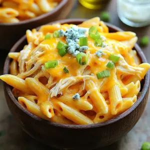 - 2 cups penne pasta - 1 pound cooked chicken breast, shredded - 1/2 cup buffalo sauce - 1 cup cream cheese - 1 cup shredded cheddar cheese - 1/2 cup ranch dressing - 1/2 cup green onions, finely chopped - Salt and pepper, to taste - Olive oil, for drizzling - Optional: Blue cheese crumbles for topping For this dish, we need some main ingredients. First, we use penne pasta, which is perfect for holding sauce. Next, we add cooked chicken breast. Make sure it’s shredded for easy mixing. Then comes the buffalo sauce. Adjust its amount based on how spicy you want the dish. Cream cheese adds a creamy texture. The shredded cheddar cheese gives a nice cheesy flavor. For extra flavor, we can add ranch dressing. Green onions add freshness and color. Don’t forget salt and pepper to enhance the taste. A drizzle of olive oil helps with cooking. You can also use blue cheese crumbles as an optional topping for more flavor. With these ingredients, you are ready to create a buffalo chicken pasta that is cheesy and full of flavor! Start by boiling a large pot of salted water. This helps flavor the pasta. Once the water is boiling, add 2 cups of penne pasta. Cook it for about 10-12 minutes until it's al dente, or firm to the bite. When it's done, drain the pasta and set it aside. In a large skillet, drizzle some olive oil over medium heat. Once the oil is warm, add 1 pound of shredded cooked chicken. Pour in 1/2 cup of buffalo sauce and mix well. Cook this for 3-4 minutes. The chicken should soak up the spicy flavors. Next, reduce the heat to low. Add 1 cup of softened cream cheese to the skillet. Stir it until it melts and becomes creamy. Then mix in 1/2 cup of ranch dressing and half of the 1 cup of shredded cheddar cheese. Blend everything until it is smooth and creamy. Now it’s time to add the drained penne pasta to the skillet. Toss the pasta gently with the sauce to coat it well. If it looks dry, splash in some water or more buffalo sauce to get the right consistency. Add salt and pepper to taste. Take the skillet off the heat and stir in 1/2 cup of finely chopped green onions. This adds a fresh bite to the dish. Serve the pasta in bowls, topping with the remaining cheddar cheese and some more green onions. If you like, sprinkle on blue cheese crumbles for extra flavor. Enjoy your meal! To make the best Buffalo Chicken Pasta, start with perfect pasta. Here are my top tips: - Cook for Al Dente: Boil salted water. Add the penne and cook for 10 to 12 minutes. Al dente means the pasta stays firm, not mushy. - Avoid Overcooking: Keep an eye on the clock. Taste a piece to check if it’s done. Once cooked, drain it quickly. A creamy sauce makes this dish special. Here’s how to get that perfect creaminess: - Achieving Creamy Sauce: Use room-temperature cream cheese. This helps it melt smoothly into the sauce. Stir it gently over low heat until it blends well. - Recommended Cream Cheese Ideas: Try flavored cream cheese for a twist. Garlic or herb cream cheese adds a nice touch. Buffalo Chicken Pasta is all about flavor. You can make it just right for you: - Customizing Heat Levels: Adjust the buffalo sauce based on your taste. Start with half a cup. Add more if you want extra heat. - Seasoning for Personal Preference: Taste your sauce before serving. Add salt and pepper as needed. This way, you get the flavor just right for you. {{image_4}} You can swap out chicken for rotisserie chicken. This saves time and adds flavor. Just shred the chicken and mix it in. It makes cooking quick and easy. For vegetarian options, use chickpeas or tofu. You can season them with buffalo sauce for a spicy kick. Both options give you a tasty twist on the classic dish. You can change the buffalo sauce to a BBQ sauce. This gives the dish a different flavor but keeps it fun. Try different BBQ sauces to find your favorite. You can also use a mix of cheeses. Consider Monterey Jack or mozzarella. These cheeses melt well and add creaminess to the dish. Adding vegetables can enhance the meal. Try bell peppers, spinach, or broccoli. These add color and nutrients. You can sauté them first to bring out their flavor. You can also explore alternative pasta choices. Use whole wheat or gluten-free pasta. These options can fit different diets while keeping the dish delicious. To store your Buffalo Chicken Pasta, cool it to room temperature first. Then, place it in airtight containers. This keeps the dish fresh for up to four days. Use smaller containers for easy meal prep during the week. When reheating pasta, the best method is the stovetop. This helps keep the pasta creamy. Just add a splash of water or broth to prevent sticking. Stir it often over medium heat until warm. You can also use the microwave, but cover the dish to avoid drying it out. Heat in short bursts, stirring in between. You can freeze Buffalo Chicken Pasta for later. Place the cooled dish in freezer-safe containers. Make sure to leave some space for expanding as it freezes. It can last for about three months in the freezer. To thaw, move it to the fridge overnight. Reheat it on the stovetop with a bit of liquid. This keeps the flavors and texture intact. Enjoy your meal anytime! Yes, you can make Buffalo Chicken Pasta ahead of time. To do this, cook the pasta and prepare the sauce as usual. After mixing them, let the dish cool before storing. Use an airtight container to keep it fresh. You can store it in the fridge for up to three days. When you are ready to eat, reheat it gently on the stove or in the microwave. Add a splash of water or more buffalo sauce if it seems dry. Buffalo Chicken Pasta lasts about three to four days in the fridge. Always store leftovers in an airtight container. This helps keep the flavors intact and prevents spoilage. If you see any signs of spoilage, like off smells or mold, throw it out. Always prioritize food safety. Absolutely! You can adjust the heat level easily. Start with half a cup of buffalo sauce, and taste as you go. If you want more heat, add more sauce. You can also mix in spices like cayenne pepper or red pepper flakes. For less heat, use a milder buffalo sauce or reduce the amount. Don't be afraid to experiment until it’s just right for you. Buffalo Chicken Pasta pairs well with many sides. Here are some great options: - Fresh green salad with a light dressing - Steamed broccoli or green beans - Garlic bread for a crunchy contrast - Celery sticks with ranch or blue cheese dip These sides balance the rich flavors of the pasta and add freshness to your meal. In this post, we explored the tasty Buffalo Chicken Pasta. We covered the main ingredients like penne pasta, chicken, and buffalo sauce. I shared step-by-step directions for cooking and tips for creamy sauce. You learned about variations and how to store leftovers. This dish is simple and fun to make. Whether you love spice or prefer milder flavors, you can adjust it to your taste. Enjoy creating your own version of this recipe, and share it with others for a delicious meal!