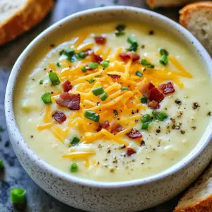 To make a tasty loaded baked potato soup, you need a few key ingredients: - 4 large russet potatoes, peeled and diced into bite-sized pieces - 1 medium onion, finely chopped - 3 cloves garlic, minced - 4 cups vegetable broth - 1 cup heavy cream - 1 cup shredded sharp cheddar cheese (plus more for garnishing) - 1/2 cup sour cream - 4 slices turkey bacon, cooked until crispy and crumbled - 1 teaspoon dried thyme - 1 teaspoon smoked paprika - Salt and black pepper to taste - Chopped green onions for garnish These ingredients give the soup its creamy texture and rich flavor. The potatoes serve as the base, while the cheese and cream add depth. The spices bring warmth, and bacon adds a delightful crunch. You can easily swap some ingredients to fit your needs: - Potatoes: Use Yukon Gold or red potatoes for a different flavor. - Vegetable broth: Chicken broth works well if you prefer a non-vegetarian option. - Heavy cream: Substitute with half-and-half or coconut milk for a lighter version. - Cheddar cheese: Try Monterey Jack or Gouda for a unique taste. - Sour cream: Greek yogurt can work well as a healthy alternative. - Turkey bacon: You can use regular bacon or omit it for a vegetarian version. These swaps can change the taste and texture, so feel free to experiment! To make this soup, you will need a few key tools: - Large pot for cooking - Knife and cutting board for chopping - Immersion blender or regular blender for pureeing - Measuring cups and spoons for accuracy - Ladle for serving Having these tools ready will make your cooking process smooth and fun! {{ingredient_image_2}} Start by heating a drizzle of olive oil in a large pot over medium heat. Add one finely chopped onion. Sauté the onion for about five minutes. You want it to be soft and translucent. Next, stir in three minced garlic cloves. Cook for one more minute. You’ll smell the garlic soon! Be careful not to let it burn. Now it’s time for the potatoes. Take four large russet potatoes and peel them. Dice them into bite-sized pieces. Add these potatoes to the pot with the onion and garlic. Pour in four cups of vegetable broth. Bring this mixture to a boil. Then, reduce the heat to low and cover the pot. Let it simmer for 15 to 20 minutes. The potatoes should be fork-tender when done. Once the potatoes are cooked, grab an immersion blender. Carefully blend the soup until it’s smooth and creamy. If you like some chunks, blend just half of it. You can also use a regular blender in batches if you prefer. After blending, return the soup to the pot. Stir in one cup of heavy cream, one cup of shredded sharp cheddar cheese, and half a cup of sour cream. Add one teaspoon of dried thyme and one teaspoon of smoked paprika. Season with salt and black pepper to taste. Cook this over low heat. Stir often until the cheese melts and the soup warms through. Taste it and adjust the seasoning if needed. If you want a thinner soup, add more vegetable broth or water until it’s just right. To get the right texture, blend the soup well. Use an immersion blender for a creamy finish. If you like chunks, blend half the soup. This mix gives you both smooth and hearty bites. Cook the potatoes until they are fork-tender. This step helps them break down easily in the soup. If the soup is too thick, add more broth or water to thin it out. To boost flavor, add fresh herbs like chives or parsley. You can also sprinkle in some garlic powder for extra taste. Watch out for salt; taste as you go. Too much salt can ruin the dish. Another mistake is overcooking the garlic. It can turn bitter quickly, so add it after the onion is soft. Lastly, make sure to use sharp cheddar cheese. It adds a punch of flavor that mild cheese can't match. For serving, ladle the soup into bowls and top with crumbled turkey bacon. Add extra shredded cheese and chopped green onions for color. Pair it with crusty bread for a full meal. If you want a fun twist, serve it in bread bowls. This gives a rustic feel and adds more flavor. Enjoy your warm, hearty soup with friends or family for a cozy night. Pro Tips Use Yukon Gold Potatoes: For a creamier texture and naturally buttery flavor, consider using Yukon Gold potatoes instead of russets. Cheese Variations: Experiment with different types of cheese like Gruyère or fontina for a unique twist on flavor! Add Veggies: Incorporate additional vegetables like carrots or celery for extra nutrition and depth of flavor. Make it Vegan: Substitute heavy cream with coconut milk and use vegan cheese for a delicious plant-based version. {{image_4}} You can make loaded baked potato soup healthier without losing flavor. Here are some swaps: - Use low-fat milk or almond milk instead of heavy cream. - Replace sour cream with Greek yogurt. It adds creaminess and protein. - Try using turkey bacon or omit it for a vegetarian option. - Add more veggies like spinach or broccoli for extra nutrients. These changes keep the soup tasty while making it lighter. Want to boost the flavor of your loaded baked potato soup? Here are some great ideas: - Add fresh herbs like chives or parsley for a fresh taste. - Enjoy a sprinkle of nutritional yeast for a cheesy flavor without dairy. - Mix in some sautéed mushrooms or bell peppers for depth. - Top with jalapeños if you like a spicy kick. These add-ins can enhance the soup and add new layers of flavor. You can change up your loaded baked potato soup for different seasons. Here are some fun ideas: - In fall, add pumpkin puree for a warm, autumn twist. - For winter, try adding roasted garlic for a cozy flavor. - In spring, mix in fresh peas and mint for a bright taste. - In summer, use fresh corn for sweetness and crunch. These seasonal variations keep your soup exciting and fresh all year round. To store loaded baked potato soup, let it cool first. Pour the soup into an airtight container. Make sure to leave some space at the top. This allows for expansion when freezing. You can keep it in the fridge for up to three days. If you plan to eat it later, freezing is the best option. When reheating your soup, do it slowly. Place the soup in a pot over low heat. Stir it to help it heat evenly. You can also add a splash of vegetable broth or water. This helps keep the soup creamy and smooth. Keep an eye on it, so it does not stick to the bottom of the pot. If using a microwave, heat it in short bursts. Stir between each burst to avoid hot spots. To freeze loaded baked potato soup, store it in a freezer-safe container. It can last for up to three months in the freezer. When you are ready to eat, move it to the fridge to thaw overnight. Reheat it slowly as mentioned before. Be aware that the texture may change a bit after freezing, but the flavor will still shine through. Yes, you can make this soup ahead of time. Simply prepare the soup, let it cool, and store it in the fridge. It stays fresh for up to three days. When you are ready to eat, just reheat it on low heat. Stir it well to mix the flavors again. This soup often tastes even better the next day! If you want to replace heavy cream, there are a few good options. You can use half-and-half for a lighter choice. Another option is to mix milk with butter. For a dairy-free option, try coconut cream or almond milk. Each of these options adds a unique flavor, so choose one that fits your taste. To make the soup vegetarian, simply remove the turkey bacon. You can add extra veggies like mushrooms or bell peppers for more flavor. Use vegetable broth instead of chicken broth. This keeps the soup rich while making it suitable for vegetarians. Enjoy your delicious, meat-free version! This article covered how to make a tasty loaded baked potato soup. We explored key ingredients, helpful kitchen tools, and the steps to create a creamy base. I shared tips to enhance the flavor and texture, plus ideas for variations. Lastly, we discussed storage, reheating, and common questions about the soup. Remember, making soup can be fun and easy. Enjoy your cooking adventure!