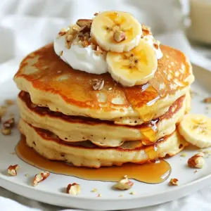 - 1 cup all-purpose flour - 2 tablespoons granulated sugar - 1 teaspoon baking powder - ½ teaspoon baking soda - ¼ teaspoon sea salt - 1 ripe banana, mashed until smooth - 1 cup buttermilk (or milk with lemon juice) - 1 large egg, at room temperature - 2 tablespoons unsalted butter, melted (plus additional for greasing the skillet) - ½ teaspoon pure vanilla extract - Optional toppings: sliced fresh bananas, pure maple syrup, fluffy whipped cream, and chopped nuts Gather the ingredients before you start. This makes cooking smooth and fun. The flour gives the pancakes structure. Sugar adds sweetness, while baking powder and baking soda help them rise. Sea salt brings out all the flavors. Use a ripe banana for a natural sweetness. If you don’t have buttermilk, mix regular milk with lemon juice. This gives you the same tangy taste. The egg binds everything together. Melted butter adds richness. Lastly, vanilla extract gives a warm, sweet aroma. Optional toppings like sliced bananas or maple syrup make your pancakes even better. You can get creative with nuts or whipped cream too. These ingredients work together to create a light, fluffy pancake that everyone will love. {{ingredient_image_2}} First, grab a large mixing bowl. In this bowl, mix the following dry ingredients: - 1 cup all-purpose flour - 2 tablespoons granulated sugar - 1 teaspoon baking powder - ½ teaspoon baking soda - ¼ teaspoon sea salt Whisk these ingredients well. You want them to blend evenly. This step is key for fluffy pancakes. Next, take a separate bowl for the wet ingredients. Combine these items: - 1 ripe banana, mashed until smooth - 1 cup buttermilk (or regular milk with 1 tablespoon lemon juice) - 1 large egg, at room temperature - 2 tablespoons unsalted butter, melted - ½ teaspoon pure vanilla extract Whisk until the mixture is smooth and creamy. This step adds great flavor and moisture. Now it’s time to mix the wet and dry ingredients. Gently pour the wet mixture into the dry bowl. Use a spatula or wooden spoon to stir. Mix just until combined. It’s okay if the batter is a bit lumpy. Overmixing can make the pancakes tough. Preheat your non-stick skillet or griddle over medium heat. Once it’s hot, lightly coat it with melted butter. For each pancake, pour about ¼ cup of batter onto the skillet. You can spread it gently to form a round shape. Cook for 2-3 minutes. Watch for bubbles on the surface. The edges should look set. Carefully flip the pancake using a spatula. Cook for another 1-2 minutes until golden brown. Once done, place cooked pancakes on a warm plate. Keep them warm while you cook the rest. To make your pancakes fluffy, avoid overmixing the batter. When you mix too much, you activate the gluten in the flour. This can make your pancakes tough instead of light. It’s okay if the batter is a bit lumpy. Just stir until you see no dry flour. Using room temperature ingredients also helps. When your egg and buttermilk are at room temperature, they blend better. This creates a smooth batter and helps your pancakes rise nicely. Adjusting the heat is key for perfect cooking. Start with medium heat. If the pancakes brown too fast, lower the heat. You want a nice golden color, not burnt. To keep pancakes warm, place them on a plate and cover with a clean kitchen towel. You can also put them in a low-temperature oven. This way, they stay warm while you cook the rest. Enjoy them fresh and fluffy! Pro Tips Use Overripe Bananas: The riper the bananas, the sweeter and more flavorful your pancakes will be. Look for bananas with brown spots for the best results. Don't Overmix the Batter: To achieve fluffy pancakes, mix the batter just until combined. It's okay if there are a few lumps; overmixing can lead to dense pancakes. Keep the Skillet at the Right Temperature: If the skillet is too hot, pancakes will burn on the outside while remaining raw on the inside. Medium heat is ideal for even cooking. Experiment with Flavors: Add a pinch of cinnamon or nutmeg to the batter for extra flavor. You can also mix in chocolate chips or blueberries for a delicious twist. {{image_4}} You can make fluffy banana pancakes even better! Here are two tasty ways: - Adding chocolate chips: Mix in ½ cup of chocolate chips to the batter. This creates sweet bursts of flavor in your pancakes. - Using different fruits: Try berries or diced apples instead of bananas. Each fruit adds a unique taste and a fun twist. Want to change the recipe for dietary needs? Here are some easy swaps: - Gluten-free alternatives: Use a gluten-free flour blend instead of all-purpose flour. This makes the pancakes safe for those with gluten issues. - Vegan substitutions: Replace the egg with ¼ cup of applesauce. Use almond milk or oat milk in place of buttermilk. These swaps keep the pancakes delicious and vegan-friendly. Feel free to experiment! These variations can help you create a new favorite. Enjoy your cooking journey! To keep your leftover pancakes fresh, place them in a single layer. Use a plate or a baking sheet for this step. Cover them with plastic wrap or foil. You can also use an airtight container if you have one. Store them in the fridge. They will stay good for up to three days. When you're ready to eat, just reheat them. Freezing pancakes is easy and a great way to save time. First, let your pancakes cool completely. Next, stack them with parchment paper between each one. This helps to keep them from sticking together. Place the stack in a freezer bag. Remove as much air as you can before sealing. You can freeze them for up to two months. To reheat, take out the pancakes and let them thaw in the fridge overnight. You can also pop them in the microwave for about 30 seconds. Alternatively, heat them in a skillet on low heat for a few minutes. Enjoy your fluffy banana pancakes any time! To make your pancakes extra fluffy, focus on these tips: - Use fresh baking powder and baking soda. These help the pancakes rise. - Mix the dry ingredients well before adding wet ones. This ensures even leavening. - Do not overmix the batter. Some lumps are okay. Overmixing makes the pancakes dense. - Let the batter rest for a few minutes before cooking. This allows bubbles to form. Yes, you can use regular milk. To mimic buttermilk, add 1 tablespoon of lemon juice to 1 cup of milk. Let it sit for five minutes. This creates acidity, which helps the pancakes rise and adds flavor. Pancakes can last 3 to 4 days in the fridge. Store them in an airtight container. Make sure they are completely cool before sealing. For safety, check for any signs of spoilage before eating. This blog post covered making easy banana pancakes. We looked at all the ingredients and steps. Mixing wet and dry ingredients carefully helps keep your pancakes fluffy. You can try fun flavors or make dietary swaps. I shared tips on cooking and storing your pancakes. Remember, cooking is about fun and creativity. Enjoy making these delicious pancakes your way!