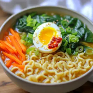 To make these tasty ramen bowls, gather these key ingredients: - 2 packs of instant ramen noodles (discard seasoning packets) - 4 cups vegetable broth - 3 cloves garlic, minced - 1 tablespoon fresh ginger, grated - 1 tablespoon chili paste (adjust to your spice preference) - 1 medium carrot, peeled and julienned - 1 cup fresh baby spinach - 2 green onions, thinly sliced - 2 tablespoons soy sauce (low sodium preferred) - 1 tablespoon sesame oil - 1 boiled egg (soft or hard, based on your taste) - Toasted sesame seeds for garnish These ingredients create a rich and spicy broth, perfect for a quick meal. You can elevate your ramen bowls with these fun extras: - Sliced radishes for crunch - Fresh herbs like cilantro or basil - Additional protein, like chicken or tofu - Nori (seaweed) for umami flavor - Lime wedges for zest These garnishes add color and flavor to your dish, making it even better. When shopping for ingredients, look for fresh items: - Choose firm carrots and vibrant spinach. - Select low-sodium soy sauce for a healthier option. - Pick organic vegetable broth for a cleaner taste. Quality ingredients make a big difference. They enhance flavors and ensure a delicious ramen experience. Start by heating 1 tablespoon of sesame oil in a large pot over medium heat. Wait until it shimmers. Then, add 3 minced garlic cloves and 1 tablespoon of grated ginger. Sauté these for about 1 minute. Keep stirring to avoid burning. The smell will be amazing! Next, mix in 1 tablespoon of chili paste. Cook this for another 30 seconds to blend the flavors. Slowly pour 4 cups of vegetable broth into the pot. Stir as you pour. Bring this mixture to a gentle boil. Once boiling, add 1 medium carrot, julienned. Let it simmer for about 2 minutes. The carrot will soften a bit. Now, add 2 packs of instant ramen noodles. Cook them for about 3 minutes, just like the package says. Stir occasionally to keep them from sticking. When the noodles are nearly done, fold in 1 cup of fresh baby spinach and 2 tablespoons of soy sauce. Cook for another minute until the spinach wilts. Taste your broth. If it needs more flavor, add more chili paste, soy sauce, or a pinch of salt. Now it’s time to serve! Ladle the hot ramen into bowls. Top each bowl with a halved boiled egg. Sprinkle sliced green onions and toasted sesame seeds on top. Enjoy your tasty Minute Spicy Garlic Ramen Bowls! To make your ramen as spicy as you want, start with the chili paste. Use one tablespoon for a mild kick. If you love heat, add two tablespoons or more. Always taste the broth before serving. You can add a bit more chili paste if needed. Mixing in some hot sauce at the end is also a quick way to boost heat. Want to take your ramen to the next level? Try adding a splash of rice vinegar. This gives a nice tang that balances the spice. You can also toss in some mushrooms for a rich, umami flavor. For a fresh twist, squeeze in some lime juice. Fresh herbs like cilantro or basil can brighten the dish too. Serve your ramen in deep bowls for a great look. Start with the noodles and broth, then add the toppings. Place the boiled egg halves on top. Arrange the green onions and sprinkle sesame seeds last. This makes the bowl colorful and inviting. Don't forget to serve with chopsticks and a spoon for easy eating! {{image_4}} You can easily make this dish vegetarian or vegan. Simply swap the vegetable broth for a rich, homemade broth. Use vegetable cubes if you prefer a quick option. Instead of a boiled egg, add extra veggies like mushrooms or tofu. Tofu works well because it absorbs flavors nicely. For added protein, you can use edamame or chickpeas. These options keep the ramen tasty and filling. If you want more protein, consider adding chicken or tofu. For chicken, use cooked, shredded rotisserie chicken. It adds great flavor and is quick to use. If you prefer tofu, choose firm tofu for the best texture. Cut it into cubes and pan-fry until golden. Add it to the ramen during the last minute of cooking. This way, it absorbs the broth's flavors and stays chewy. Feel free to get creative with your ramen! You can swap the carrot for bell peppers or snap peas. These add color and crunch. Use bok choy instead of spinach for a different green. If you love heat, try adding sliced jalapeños or Sriracha. For a nutty flavor, sprinkle in some chopped peanuts or cashews. The fun part is mixing and matching to find your perfect bowl! To keep your ramen fresh, place leftovers in an airtight container. Make sure to let the ramen cool down before sealing. Store it in the fridge for up to three days. When reheating ramen, use a pot over medium heat. Add a splash of vegetable broth or water to prevent drying. Heat until warm, stirring gently. This keeps the noodles tender and the broth flavorful. You can also use a microwave, but add liquid to avoid dryness. If you want to freeze ramen, store the broth and noodles separately. Use freezer-safe bags or containers. Ramen can last up to three months in the freezer. Thaw in the fridge overnight before reheating. Always add fresh veggies after reheating for added crunch and flavor. Yes, you can! To make this ramen gluten-free, use gluten-free instant noodles. Many brands offer rice noodles or other gluten-free options. Be sure to check the label on your broth too. You want to find a gluten-free vegetable broth. This way, you can enjoy a delicious bowl without worries. Cooking times can vary. If you use fresh noodles, they cook faster than dried ones. Follow the package instructions closely. For instant noodles, 3 minutes is usually perfect. If using thicker noodles, add a minute or two. Always check your noodles to make sure they are tender but not mushy. You have options! Chicken broth works well if you want a non-vegetarian option. You can also use water, but it may lack flavor. For a richer taste, try mushroom broth. It adds a nice umami kick that complements the spices in the ramen. Absolutely! A simple side salad with fresh veggies is great. You can also serve steamed edamame for a protein boost. If you want something warm, try gyoza or dumplings. These sides balance the ramen and keep your meal fun and satisfying. This blog post covered how to make tasty spicy garlic ramen bowls. We explored essential ingredients, cooking steps, and customization options. You learned about vegetarian choices, protein swaps, and how to store leftovers. Remember, you can adjust spice levels to match your taste. Feel free to get creative with your ramen by trying new flavors and ingredients. The key is to have fun while making it. Enjoy your delicious ramen experience!