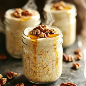 To make Maple Pecan Latte Overnight Oats, you need: - 1 cup rolled oats - 1 cup unsweetened almond milk (or any milk of your choice) - 2 tablespoons pure maple syrup - 1 tablespoon brewed coffee, cooled to room temperature - 1/2 teaspoon vanilla extract - 1/4 teaspoon ground cinnamon - 1/4 cup pecans, coarsely chopped - A pinch of salt These ingredients create a creamy, flavorful meal that fills you with energy. You can add extra flavor and texture with these toppings: - Additional chopped pecans - A drizzle of maple syrup - A sprinkle of ground cinnamon These options make the oats even more delicious and fun to eat. If you need substitutes, here are some ideas: - Use regular milk instead of almond milk for a creamier taste. - Swap maple syrup with honey for a different sweet flavor. - Replace pecans with walnuts or almonds if you prefer. These swaps let you customize the recipe to your taste and pantry. Start by gathering your ingredients. You will need rolled oats and almond milk. In a medium bowl or jar, add 1 cup of rolled oats. Pour in 1 cup of almond milk. Next, add 2 tablespoons of pure maple syrup. This sweetens your oats and adds a rich flavor. Then, include 1 tablespoon of cooled brewed coffee. This gives it a nice latte twist. Don't forget 1/2 teaspoon of vanilla extract for warmth. Add 1/4 teaspoon of ground cinnamon for spice. Finally, a pinch of salt brightens all the flavors. Mix these ingredients well with a spoon or whisk. Make sure there are no dry oats left. Now, it’s time to fold in the pecans. Take 1/4 cup of coarsely chopped pecans. Carefully add them to the oat mixture. Use a spatula to gently fold the pecans in. This helps keep them whole for a nice crunch. You can save a few pecans for later. They will make a great topping. Mixing them well ensures every bite has that nutty flavor. To store your oats, cover the bowl or jar tightly. You can use a lid or plastic wrap. Place it in the refrigerator to chill overnight. If you’re short on time, let it sit for at least 4 hours. This soaking helps the oats soften and absorb the flavors. When you’re ready to eat, give the oats a good stir. If they seem too thick, splash in a bit more almond milk. Serve your oats in bowls or jars. Top with extra pecans, maple syrup, and a sprinkle of cinnamon for a lovely finish. To get the best texture for your overnight oats, start with rolled oats. These oats soak up liquid well. Use equal parts oats and milk for a creamy base. If your oats feel too thick, add a splash of milk before serving. This gives you that perfect bite. Remember, letting them sit overnight helps them soften. For a richer taste, try using strong brewed coffee. The coffee adds depth to the oats. You can also mix in a bit more cinnamon for a warm flavor. If you like it sweeter, add a bit more maple syrup. Don't forget to top with extra pecans and a drizzle of syrup for a sweet finish. Make a big batch to save time. Store them in jars for easy grab-and-go meals. You can mix in fruits, yogurt, or seeds for added nutrition. Keep them in the fridge for up to five days. This way, you have a tasty breakfast ready whenever you need it. {{image_4}} You can switch almond milk for any milk you like. Try oat milk for a creamy taste. Coconut milk adds a tropical flair. Soy milk gives a protein boost. Each choice changes the flavor, making your oats unique. If you want something different, use honey or agave syrup instead of maple syrup. Coconut sugar works well too. Each sweetener brings a new taste. Adjust the amount based on how sweet you want your breakfast. Pecans are great, but don't stop there! Try walnuts for a richer flavor. Almonds add crunch and a mild taste. Seeds like chia or flax can boost nutrition. Mix and match your favorites for a fun twist! Overnight oats can last in the fridge for about 3 to 5 days. They stay fresh and tasty when stored properly. Always check for any changes in smell or texture before eating. Keep your overnight oats in an airtight container. This helps lock in moisture and flavor. Store them in the refrigerator, away from strong-smelling foods. This way, they stay delicious and safe to eat. You can freeze overnight oats for later use. Just place them in a freezer-safe container. Make sure to leave some space for expansion. When you want to eat them, thaw them overnight in the fridge. Stir well before enjoying. Yes, you can use regular milk. It works just as well. You can choose whole, skim, or any milk you like. Each type will change the flavor a bit. If you want to keep it dairy-free, almond milk is a great choice. To change the sweetness, add more or less maple syrup. You can also try honey or agave nectar. Taste your mixture before it chills. This way, you can adjust it just right for your taste. Yes, overnight oats are healthy! They are full of fiber and protein. The oats help keep you full for longer. Plus, pecans add healthy fats and crunch. Using almond milk keeps it light and dairy-free. Enjoy them as part of a balanced breakfast! This blog post shared simple steps to make delicious Maple Pecan Latte Overnight Oats. You learned the key ingredients, tasty toppings, and how to store them. I gave tips to make your oats creamy and flavorful. We explored fun variations to keep breakfast exciting. In conclusion, you can enjoy healthy, easy, and tasty overnight oats every day. Try new flavors and make it your own! Your mornings can be better with this quick and tasty recipe.