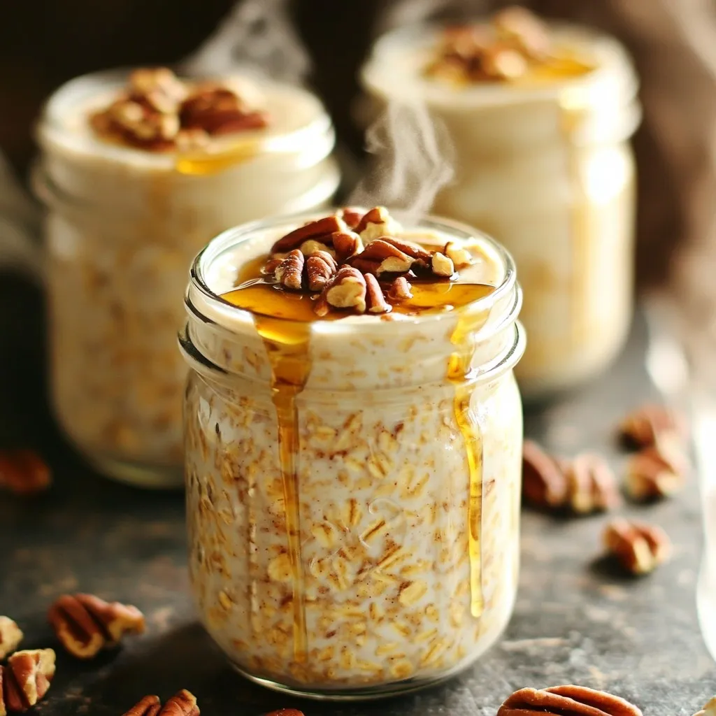 To make Maple Pecan Latte Overnight Oats, you need: - 1 cup rolled oats - 1 cup unsweetened almond milk (or any milk of your choice) - 2 tablespoons pure maple syrup - 1 tablespoon brewed coffee, cooled to room temperature - 1/2 teaspoon vanilla extract - 1/4 teaspoon ground cinnamon - 1/4 cup pecans, coarsely chopped - A pinch of salt These ingredients create a creamy, flavorful meal that fills you with energy. You can add extra flavor and texture with these toppings: - Additional chopped pecans - A drizzle of maple syrup - A sprinkle of ground cinnamon These options make the oats even more delicious and fun to eat. If you need substitutes, here are some ideas: - Use regular milk instead of almond milk for a creamier taste. - Swap maple syrup with honey for a different sweet flavor. - Replace pecans with walnuts or almonds if you prefer. These swaps let you customize the recipe to your taste and pantry. Start by gathering your ingredients. You will need rolled oats and almond milk. In a medium bowl or jar, add 1 cup of rolled oats. Pour in 1 cup of almond milk. Next, add 2 tablespoons of pure maple syrup. This sweetens your oats and adds a rich flavor. Then, include 1 tablespoon of cooled brewed coffee. This gives it a nice latte twist. Don't forget 1/2 teaspoon of vanilla extract for warmth. Add 1/4 teaspoon of ground cinnamon for spice. Finally, a pinch of salt brightens all the flavors. Mix these ingredients well with a spoon or whisk. Make sure there are no dry oats left. Now, it’s time to fold in the pecans. Take 1/4 cup of coarsely chopped pecans. Carefully add them to the oat mixture. Use a spatula to gently fold the pecans in. This helps keep them whole for a nice crunch. You can save a few pecans for later. They will make a great topping. Mixing them well ensures every bite has that nutty flavor. To store your oats, cover the bowl or jar tightly. You can use a lid or plastic wrap. Place it in the refrigerator to chill overnight. If you’re short on time, let it sit for at least 4 hours. This soaking helps the oats soften and absorb the flavors. When you’re ready to eat, give the oats a good stir. If they seem too thick, splash in a bit more almond milk. Serve your oats in bowls or jars. Top with extra pecans, maple syrup, and a sprinkle of cinnamon for a lovely finish. To get the best texture for your overnight oats, start with rolled oats. These oats soak up liquid well. Use equal parts oats and milk for a creamy base. If your oats feel too thick, add a splash of milk before serving. This gives you that perfect bite. Remember, letting them sit overnight helps them soften. For a richer taste, try using strong brewed coffee. The coffee adds depth to the oats. You can also mix in a bit more cinnamon for a warm flavor. If you like it sweeter, add a bit more maple syrup. Don't forget to top with extra pecans and a drizzle of syrup for a sweet finish. Make a big batch to save time. Store them in jars for easy grab-and-go meals. You can mix in fruits, yogurt, or seeds for added nutrition. Keep them in the fridge for up to five days. This way, you have a tasty breakfast ready whenever you need it. {{image_4}} You can switch almond milk for any milk you like. Try oat milk for a creamy taste. Coconut milk adds a tropical flair. Soy milk gives a protein boost. Each choice changes the flavor, making your oats unique. If you want something different, use honey or agave syrup instead of maple syrup. Coconut sugar works well too. Each sweetener brings a new taste. Adjust the amount based on how sweet you want your breakfast. Pecans are great, but don't stop there! Try walnuts for a richer flavor. Almonds add crunch and a mild taste. Seeds like chia or flax can boost nutrition. Mix and match your favorites for a fun twist! Overnight oats can last in the fridge for about 3 to 5 days. They stay fresh and tasty when stored properly. Always check for any changes in smell or texture before eating. Keep your overnight oats in an airtight container. This helps lock in moisture and flavor. Store them in the refrigerator, away from strong-smelling foods. This way, they stay delicious and safe to eat. You can freeze overnight oats for later use. Just place them in a freezer-safe container. Make sure to leave some space for expansion. When you want to eat them, thaw them overnight in the fridge. Stir well before enjoying. Yes, you can use regular milk. It works just as well. You can choose whole, skim, or any milk you like. Each type will change the flavor a bit. If you want to keep it dairy-free, almond milk is a great choice. To change the sweetness, add more or less maple syrup. You can also try honey or agave nectar. Taste your mixture before it chills. This way, you can adjust it just right for your taste. Yes, overnight oats are healthy! They are full of fiber and protein. The oats help keep you full for longer. Plus, pecans add healthy fats and crunch. Using almond milk keeps it light and dairy-free. Enjoy them as part of a balanced breakfast! This blog post shared simple steps to make delicious Maple Pecan Latte Overnight Oats. You learned the key ingredients, tasty toppings, and how to store them. I gave tips to make your oats creamy and flavorful. We explored fun variations to keep breakfast exciting. In conclusion, you can enjoy healthy, easy, and tasty overnight oats every day. Try new flavors and make it your own! Your mornings can be better with this quick and tasty recipe.