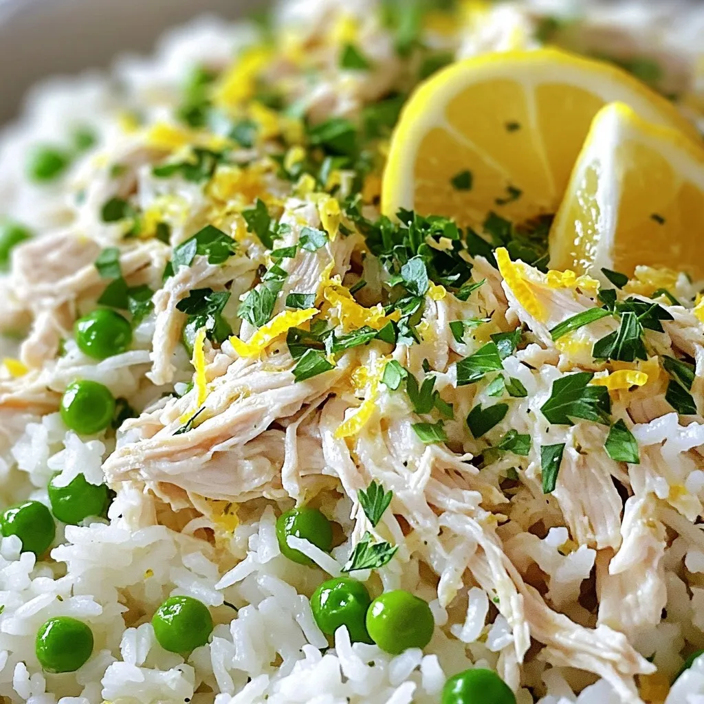 - 4 boneless, skinless chicken breasts - 1 cup long-grain white rice - 2 cups low-sodium chicken broth - 1 lemon (zested and juiced) - 2 tablespoons extra virgin olive oil - 4 cloves garlic, minced - 1 teaspoon dried thyme - 1 teaspoon dried oregano - 1 teaspoon dried rosemary - Salt and freshly ground black pepper to taste Chicken is the star here. I use four boneless, skinless chicken breasts for a tender bite. The rice adds a nice texture and absorbs all the flavors. I prefer long-grain white rice for its fluffy finish. The broth brings depth, while lemon wakes up the dish with its bright notes. Olive oil adds richness, and garlic gives it that warm, savory taste. Herbs like thyme, oregano, and rosemary tie everything together, making the dish fragrant and flavorful. - 1 cup frozen peas for added color and nutrition - Fresh parsley, finely chopped, for garnish If you want to boost nutrition, frozen peas are a great choice. They add color and sweetness, too. I like to toss them in during the last 15 minutes of cooking. Fresh parsley not only makes the dish look pretty, but it also adds a fresh taste when you sprinkle it on top before serving. - Seasoning the chicken First, take your chicken breasts and sprinkle them with salt and black pepper. Make sure to coat them well. This step is key for flavor. Place the seasoned chicken in the bottom of the slow cooker. Lay them flat in a single layer for even cooking. - Mixing the herb-lemon sauce In a bowl, combine the chicken broth, lemon juice, and lemon zest. Add in the olive oil and minced garlic. Next, stir in the dried thyme, oregano, and rosemary. Whisk these together until the mixture is smooth and fragrant. This herb-lemon sauce will bring your dish to life! - Layering ingredients in the slow cooker After mixing the sauce, pour it over the chicken in the slow cooker. Make sure each piece is well-coated. Now, sprinkle the uncooked rice evenly around the chicken. This helps the rice absorb all the tasty flavors as it cooks. - Setting the cooking time and temperature Cover the slow cooker and set it to cook on low for six hours. If you’re short on time, you can cook it on high for three hours. The chicken should be fully cooked, and the rice will soak up all the broth, becoming tender and flavorful. - Adding peas before serving If you want to add peas for color and nutrition, do it about 15 minutes before the cooking ends. Stir them gently into the slow cooker. They will warm up and keep their nice texture. - Shredding the chicken and mixing with rice Once the cooking time is up, take the chicken out of the slow cooker carefully. Use two forks to shred the chicken into bite-sized pieces. Return it to the slow cooker and mix it well with the rice and broth. This step makes every bite delicious! - Best practices for tender chicken: Always use fresh chicken breasts. Season them well with salt and pepper. Place them at the bottom of the slow cooker. This method keeps them juicy. Cook on low heat for best results. This makes the chicken tender and full of flavor. - Ensuring even cooking of rice: Spread the uncooked rice evenly around the chicken. Pour the herb-lemon mixture over it. This helps rice soak up all the tasty broth. Stir gently before cooking. This step ensures all the rice cooks evenly. - How to present the dish: Scoop the chicken and rice into bowls. Use a large spoon for easy serving. Top each bowl with fresh parsley. Add a lemon wedge on the side. This adds a nice touch and a pop of color. - Pairing ideas for sides and drinks: Serve with a light salad for balance. Try a green salad with vinaigrette. A chilled white wine pairs well too. Lemonade is great for a refreshing drink. These pairings enhance the meal's flavors. {{image_4}} You can easily switch up the grains in this recipe. Quinoa or brown rice works well too. Both options add nice flavor and texture. They also boost the dish’s health benefits. If you're looking for a protein change, try vegetarian options like chickpeas or tofu. Ground turkey is another great choice. It keeps the dish lean while providing tasty protein. To add a kick, you can sprinkle in some red pepper flakes. This gives the dish a warm, spicy note. You can also add smoked paprika for a different flavor twist. Don't forget about veggies! Toss in bell peppers, carrots, or spinach. They add color and extra nutrition. Mix them in before cooking for tender bites. You can even stir in fresh spinach right before serving for a vibrant touch. To store leftover chicken and rice, let it cool first. Place it in a container with a tight lid. This keeps the dish fresh. I recommend using glass or BPA-free plastic containers. These materials help avoid any unwanted tastes. You can store the dish in the fridge for up to three days. Be sure to label the container with the date. This way, you won’t forget when you made it. To freeze this dish, start by letting it cool completely. Transfer the chicken and rice into freezer-safe bags or containers. Squeeze out as much air as possible. This helps prevent freezer burn. You can freeze it for up to three months. When you're ready to eat, thaw it in the fridge overnight. For reheating, place the dish in a pot over low heat. Stir often and add a splash of chicken broth if needed. You can also microwave it in a microwave-safe bowl. Cover it with a damp paper towel to keep it moist. Heat in short bursts, stirring in between. Enjoy your meal as if it were fresh! How long does this dish take to cook? This dish takes about 6 hours on low or 3 hours on high. The slow cooker makes the chicken juicy and the rice tender. Can I use frozen chicken breasts? Yes, you can use frozen chicken breasts. Just add an hour to the cooking time. Ensure the chicken cooks fully before serving. How many calories are in Slow Cooker Lemon Herb Chicken and Rice? The dish has about 400 calories per serving. This makes it a filling but healthy option. Is this recipe gluten-free? Yes, this recipe is gluten-free. Use low-sodium chicken broth without gluten for best results. Can I adjust the servings easily? Yes, you can adjust the servings. Simply change the amount of chicken and rice while keeping the broth ratio the same. What can I pair with this dish for a complete meal? Pair this dish with a fresh salad or steamed vegetables. Garlic bread also complements the meal nicely. In this post, we explored how to make Slow Cooker Lemon Herb Chicken and Rice. We covered key ingredients like chicken, rice, and spices. I shared step-by-step instructions for preparing and cooking the dish. Useful tips included ways to ensure tender chicken and pairing ideas. You also learned about ingredient variations, storage methods, and FAQs. This recipe is simple, tasty, and perfect for busy days. I hope you enjoy making it as much as I do.
