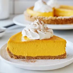 - 1 ½ cups graham cracker crumbs - ½ cup unsalted butter, melted - 1 tablespoon sugar - 3 (8 oz) packages cream cheese, softened - 1 cup granulated sugar - 1 cup canned pumpkin puree - 3 large eggs - 1 teaspoon vanilla extract - 1 teaspoon ground cinnamon - ½ teaspoon ground nutmeg - ½ teaspoon ground ginger - ¼ teaspoon salt - 1 cup sour cream - Whipped cream for serving (optional) Each ingredient plays an important role in this pumpkin cheesecake. The graham cracker crumbs form a tasty crust. They bring a sweet crunch that balances the creamy filling. The unsalted butter binds the crumbs together and adds richness. The cream cheese is the star here. It gives the cheesecake its smooth and creamy texture. Using softened cream cheese helps it mix well and eliminates lumps. The canned pumpkin puree brings that warm, fall flavor. It also adds moisture, making the cheesecake rich and dense. Granulated sugar sweetens the filling. The eggs help set the cheesecake as it bakes. The vanilla extract adds a hint of flavor. The ground spices—cinnamon, nutmeg, and ginger—bring warmth and depth. Lastly, salt enhances all the flavors. The sour cream adds tang and creaminess, making the cheesecake even more delightful. You can dress up your cheesecake with a few toppings. I love adding whipped cream for a light and airy finish. A sprinkle of cinnamon on top adds a pop of fall flavor. You could even add chopped nuts for some crunch or a drizzle of caramel sauce for sweetness. Each topping makes this cheesecake feel special. {{ingredient_image_2}} 1. Preheat the Oven: Set your oven to 325°F (163°C). This helps the cheesecake bake evenly. 2. Prepare the Pan: Grease a 9-inch springform pan. Use non-stick spray or butter for easy removal. 3. Make the Crust: In a bowl, mix 1 ½ cups of graham cracker crumbs, ½ cup melted butter, and 1 tablespoon sugar. Stir well. Press this mixture into the bottom of the pan. Make sure it's even. 4. Bake the Crust: Place the crust in the oven for about 10 minutes. This sets the crust. Let it cool completely after baking. 5. Mix the Filling: In a large bowl, beat 3 packages of softened cream cheese until smooth. This takes about 2-3 minutes. 6. Add Sugar: Gradually mix in 1 cup of granulated sugar. Keep mixing until smooth. 7. Incorporate Pumpkin and Eggs: Add 1 cup of canned pumpkin puree, 3 large eggs, 1 teaspoon vanilla extract, 1 teaspoon ground cinnamon, ½ teaspoon ground nutmeg, ½ teaspoon ground ginger, and ¼ teaspoon salt. Mix until everything is smooth. 8. Fold in Sour Cream: Gently add 1 cup of sour cream. Mix until creamy with no lumps. 9. Pour Filling: Pour the filling over the cooled crust. Use a spatula to smooth the top. 10. Bake Cheesecake: Return the cheesecake to the oven. Bake for 55-60 minutes. The center should be slightly jiggly. 11. Turn Off the Oven: After baking, turn off the oven. Leave the cheesecake inside for an hour. This helps it cool slowly. 12. Cool to Room Temperature: After an hour, take the cheesecake out. Let it cool for 30 minutes. 13. Refrigerate: Place it in the fridge for at least 4 hours or overnight. This improves the flavor and texture. 14. Release from Pan: When ready to serve, carefully release the sides of the springform pan. 15. Serve: Place each slice on a festive plate. Top with whipped cream and a sprinkle of cinnamon for a nice touch. To get a smooth and creamy pumpkin cheesecake, start with softened cream cheese. This step is key! Beat it well, so it’s free of lumps. When you add the eggs, do it one at a time. This helps keep the mixture light. After mixing, fold in the sour cream gently. This adds creaminess without making it too dense. Let your cheesecake cool slowly in the oven after baking. This trick helps avoid cracks on top. One common mistake is overmixing the batter. This can add too much air and create cracks. Another mistake is underbaking. Your cheesecake should be mostly set but still a bit wobbly in the middle. Don't forget to cool it to room temperature before refrigerating. If you skip this step, it may not set well. Avoid opening the oven door while baking, as this can change the temperature and ruin your cheesecake. To boost the flavor, use high-quality spices. Freshly ground nutmeg and ginger pack a punch. Consider adding a splash of maple syrup for extra sweetness. You can also mix in a bit of orange zest for a bright twist. For serving, top your cheesecake with whipped cream and a sprinkle of cinnamon. This adds a nice touch and makes it look festive. Pro Tips Use Room Temperature Ingredients: Ensure that your cream cheese and eggs are at room temperature before mixing. This helps achieve a smoother filling with fewer lumps. Don’t Overmix: Once you add the eggs, mix just until combined. Overmixing can incorporate too much air, leading to cracks in the cheesecake as it bakes. Add a Water Bath: To prevent cracks, consider baking your cheesecake in a water bath. Wrap the springform pan in foil and place it in a larger pan filled with hot water before baking. Chill Overnight: For the best texture and flavor, allow your cheesecake to chill overnight in the refrigerator. This ensures it sets properly and enhances the taste. {{image_4}} To make this pumpkin cheesecake gluten-free, swap the graham cracker crumbs. Use gluten-free cookies or almond flour. Both options work well for the crust. For the best results, ensure all other ingredients are gluten-free. This way, everyone can enjoy this treat without worry. You can change the flavor of your cheesecake easily. Here are some ideas: - Chocolate: Add ½ cup of melted chocolate to the filling. - Maple: Replace some sugar with maple syrup for a sweet twist. - Caramel: Swirl in caramel sauce before baking for a rich taste. Feel free to mix and match these flavors to make your cheesecake stand out! This cheesecake shines in the fall, but you can adapt it for other seasons too. In winter, add peppermint extract for a festive touch. For spring, try lemon zest to brighten the flavor. In summer, consider using fresh berries on top for a refreshing finish. Each season brings a new way to enjoy this delightful dessert! To keep your pumpkin cheesecake fresh, store it in the fridge. Use an airtight container. If you want to keep it in the springform pan, cover it tightly with plastic wrap. This helps prevent it from drying out and keeps it safe from other odors in the fridge. Your pumpkin cheesecake will stay fresh for about 4 to 5 days in the fridge. After that, the taste and texture may change. If you notice any signs of spoilage, like an off smell or unusual texture, it’s best to toss it. You can freeze pumpkin cheesecake if you want to keep it longer. First, let it cool completely. Then, wrap it tightly in plastic wrap. After that, place it in a freezer-safe bag or container. It will last for up to 3 months in the freezer. When you’re ready to eat it, thaw it in the fridge overnight. This keeps the texture nice and creamy. Yes, you can use fresh pumpkin. Start by roasting a small pumpkin until soft. Then, scoop out the flesh and blend it until smooth. Use this fresh puree in place of the canned pumpkin. Just remember, fresh pumpkin may be less sweet, so you might want to add a bit more sugar. Check the cheesecake after 55 minutes of baking. It should look mostly set but have a little jiggle in the middle. This jiggle is normal! The cheesecake will continue to cook as it cools. Avoid overbaking, as this can cause cracks. To cut the cheesecake neatly, use a sharp knife. Dip the knife in hot water, then wipe it dry before each cut. This method helps create clean slices. You can also use a piece of dental floss for a perfect cut. Just slide it through the cheesecake for a smooth finish. This blog post covered the key steps to make a delicious cheesecake. We explored essential ingredients, from basics to tasty toppings. You learned how to prepare, bake, and serve it perfectly. I shared tips on texture, common mistakes, and flavor boosts. We also discussed gluten-free options and fun variations. Lastly, I explained smart storage practices to keep it fresh. Remember, cheesecake is versatile and satisfying. Use these insights to create your own delightful treats. Enjoy your baking adventure!