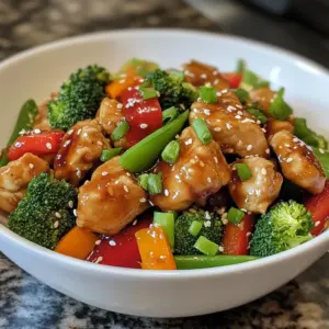 - 1 lb boneless, skinless chicken breast - 2 cups broccoli florets - 1 red bell pepper - 1 cup snap peas - Garlic and ginger - Soy sauce and sesame oil - Honey and cornstarch - Sesame seeds - Chopped green onions When I whip up Chicken Broccoli Stir Fry, I start with the main ingredients. Fresh chicken breast is key. It gives the dish a nice protein boost. I always slice it thin. This helps it cook fast and stay juicy. Broccoli florets add crunch and color. I love the vibrant green they bring. A red bell pepper adds sweetness and a pop of color. Snap peas are fun and crisp. They add a nice texture that I enjoy. Next, I focus on flavor enhancers. Garlic and ginger are my go-tos. They add warmth and depth to the dish. Soy sauce gives a savory kick. I use sesame oil for a nutty aroma. Honey balances the flavors with a hint of sweetness. Cornstarch thickens the sauce just right, making it cling to everything. For garnishes, I love sesame seeds. They add a nice crunch and look great. Chopped green onions finish the dish with fresh flavor. They make it look appealing too. This combination of ingredients makes my stir fry truly special. {{ingredient_image_2}} To start, we need to marinate the chicken. Take 1 pound of thinly sliced chicken breast and place it in a mixing bowl. Add 1 tablespoon of soy sauce, a pinch of salt, and some black pepper. Toss it well to coat every piece. Cover the bowl and let it sit for at least 15 minutes. This helps the chicken soak up the flavors. Next, we will cook the chicken. Heat a large non-stick skillet or wok over medium-high heat. Once the skillet is hot, add the marinated chicken in a single layer. Stir-fry the chicken for about 5 to 7 minutes. Keep stirring until the chicken turns golden brown and is fully cooked. Remove the chicken and set it aside on a plate. Now let's make the sauce. In a small bowl, combine 2 tablespoons of soy sauce, 2 tablespoons of sesame oil, 1 tablespoon of honey, 1 teaspoon of cornstarch, and 1 tablespoon of water. Use a whisk to mix everything until smooth. This sauce will give our stir fry great flavor. Set it aside for later. It&rsquo;s time to cook the stir fry! In the same skillet, add a bit more sesame oil if needed. Start by adding 3 cloves of minced garlic and 1 tablespoon of grated ginger. Saut&eacute; them for about 30 seconds until you smell their lovely aroma. Next, toss in the broccoli florets, sliced red bell pepper, and snap peas. Stir-fry these vegetables for about 4 to 5 minutes. You want them to be tender-crisp and bright in color. Finally, return the cooked chicken to the skillet. Pour the prepared sauce over the chicken and veggies. Toss everything together for about 2 to 3 minutes, stirring until the sauce thickens slightly and coats all the ingredients. Now, you are ready to serve your delicious Chicken Broccoli Stir Fry! To keep chicken tender, marinate it well. Use soy sauce, salt, and pepper. Let it sit for at least 15 minutes. This makes it juicy and flavorful. When you cook, use medium-high heat. This helps the chicken brown nicely without drying out. For crisp vegetables, stir-fry them quickly. Add them after the chicken cooks. This way, they stay bright and crunchy. Broccoli and snap peas cook fast, so keep an eye on them. Stir frequently but don&rsquo;t overcook. To modify the sauce, taste it first. You can add more soy sauce for saltiness. If you like sweetness, add a bit more honey. For a little heat, try a dash of red pepper flakes or sliced jalape&ntilde;os. Don&rsquo;t be afraid to experiment! A splash of rice vinegar can add tang. You can also switch out the sesame oil for chili oil for a different flavor. For serving, use a large bowl or individual plates. This makes it look fancy. Add extra snap peas around the edges for color. Sprinkle sesame seeds on top for crunch. Chopped green onions add a nice pop of green and freshness. To plate, use a spoon to create a nice mound of stir fry. Arrange the veggies and chicken neatly. This makes your meal more inviting. Enjoy the beauty of your dish as much as the taste! Pro Tips Marinating Makes a Difference: Allowing the chicken to marinate for at least 15 minutes enhances its flavor and tenderness, making every bite more enjoyable. Use Fresh Ingredients: Fresh garlic and ginger add a vibrant flavor that dried spices cannot replicate. Always opt for fresh when possible. Don&rsquo;t Overcook the Veggies: Stir-fry the vegetables just until they are tender-crisp to maintain their color, texture, and nutritional value. Thickening the Sauce: If you prefer a thicker sauce, mix in a little more cornstarch with water until you reach your desired consistency before adding it to the stir fry. {{image_4}} You can make this stir fry your own by swapping ingredients. Here are some great options: - Alternative Proteins: If you want a different taste, try tofu or shrimp. Tofu is great for a vegetarian meal. Shrimp cooks quickly and adds a nice flavor. - Different Vegetables: You can change up the veggies too. Carrots add crunch and sweetness. Bell peppers provide a pop of color and taste. Feel free to mix and match your favorites! If you have dietary needs, don&rsquo;t worry! You can easily adapt this dish: - Gluten-Free Options: Use tamari instead of soy sauce for a gluten-free choice. It tastes similar and works well. - Vegan Alternates: To make it vegan, simply use tofu instead of chicken. You can also swap honey for maple syrup or agave nectar. What you serve with your stir fry can make it even better! Here are some ideas: - Accompaniments: Serve your stir fry over rice or noodles. Both soak up the sauce and add fullness to your meal. Brown rice or quinoa can add extra health benefits. - Meal Prep Ideas: This dish is perfect for meal prep! Make a big batch and store it in containers. It stays good in the fridge for up to 3 days. Just reheat it when you are ready to eat! To store your Chicken Broccoli Stir Fry, let it cool first. Place it in an airtight container. It will stay fresh in the fridge for up to three days. Make sure to keep the container sealed to lock in flavor and moisture. You can freeze the stir fry for longer storage. Place it in a freezer-safe container or a zip-top bag. Remove as much air as possible. It lasts up to three months in the freezer. To reheat, let it thaw overnight in the fridge. Heat it in a skillet on medium until hot. Check for spoiled food before you store it. Look for off smells or changes in color. Always use clean containers to prevent bacteria. Glass or BPA-free plastic containers work best for storage. Keep your food safe and tasty! You can prepare Chicken Broccoli Stir Fry ahead. First, marinate the chicken and chop the veggies. Store them separately in the fridge. You can stir-fry them when you are ready to eat. This keeps the chicken juicy and the veggies crisp. Yes, you can use frozen vegetables. They make cooking quick and easy. Just add them directly to the pan. Cook them a bit longer than fresh veggies. This helps them get tender and warm through. - White rice - Brown rice - Noodles - Quinoa - Cauliflower rice These sides work great with the stir fry. They soak up the sauce well. You can also add a fresh salad for a crunchy contrast. The chicken is done when it reaches 165&deg;F (75&deg;C). Cut into a piece to check. The meat should be white, not pink. It should feel firm but not dry. This ensures it is safely cooked through. This stir fry is quick and easy. We talked about all the key ingredients&mdash;chicken, veggies, and sauce. You can make it your own with fun twists and swaps. Plus, we shared tips on cooking, storing, and serving. Remember, fresh ingredients make the best meals. Enjoy this dish tonight or meal prep for the week. Your family will love it!