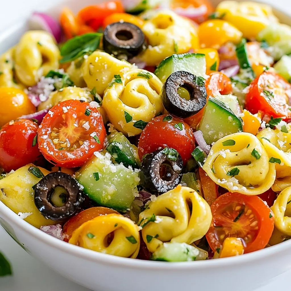 When making Italian tortellini pasta salad, you need some key ingredients to create a fresh and vibrant dish. Here’s what you’ll need: - 12 oz cheese tortellini - 1 cup cherry tomatoes, halved - 1 cup cucumber, diced - 1/2 cup bell pepper (red or yellow), diced - 1/4 cup red onion, finely chopped - 1/2 cup black olives, sliced - 1/3 cup Italian dressing - 1/4 cup fresh basil, finely chopped - Salt and freshly cracked pepper to taste - Grated Parmesan cheese for garnish First, the cheese tortellini is the star of this dish. It adds a rich and delicious flavor. You can find it in most grocery stores, fresh or frozen. Next, fresh vegetables bring color and crunch. The cherry tomatoes add sweetness, while the cucumber offers a cool bite. The diced bell pepper and finely chopped red onion add a nice zing. Don’t forget the black olives for that briny touch. For the dressing, Italian dressing ties everything together. It adds a zesty flavor that brightens the salad. Fresh basil gives a nice aroma and taste. Finally, a sprinkle of grated Parmesan cheese on top adds creaminess and flavor. With these ingredients, you create a salad that is fresh, flavorful, and perfect for any meal. {{ingredient_image_2}} First, boil salted water in a large pot. Once it reaches a rolling boil, add 12 oz of cheese tortellini. Cook the tortellini until they are al dente, which means they should be tender but still firm. This usually takes about 3 to 5 minutes, depending on the brand. Be sure to follow the package instructions for the best results. After cooking, drain the tortellini in a colander. Rinse them under cold water right away. This stops the cooking process and cools them down. You want to keep them from getting mushy. Next, grab a spacious mixing bowl. Add in your fresh vegetables: 1 cup of halved cherry tomatoes, 1 cup of diced cucumber, 1/2 cup of diced bell pepper (you can use red or yellow), 1/4 cup of finely chopped red onion, and 1/2 cup of sliced black olives. Stir these gently to mix them well. Now it's time to add the cooled tortellini. Carefully place them in the bowl with the veggies. Use a spatula to toss everything together gently. This way, you won’t break the tortellini while mixing. Drizzle 1/3 cup of Italian dressing over the salad. Add 1/4 cup of finely chopped fresh basil, along with salt and freshly cracked pepper to taste. Toss everything together carefully to ensure the dressing coats the tortellini and vegetables evenly. Cover the bowl with plastic wrap or a lid. Place the salad in the refrigerator to chill for at least 30 minutes. This helps all the flavors blend and enhance. Before serving, give it one last gentle toss. Transfer the salad to a serving dish and sprinkle with grated Parmesan cheese for that extra burst of flavor. Enjoy! To make the best tortellini salad, you need to focus on two main things: pasta texture and flavor balance. - Ensuring the right pasta texture: Cook the cheese tortellini until it is al dente. This means it should be firm but tender. If you overcook it, the tortellini will turn mushy. Rinse it under cold water right after cooking. This stops the cooking process and helps keep the texture just right. - Ingredients for a balanced flavor profile: Use fresh vegetables like cherry tomatoes, cucumber, bell peppers, and red onion. These add crunch and freshness. Black olives gives a nice salty touch. Don't forget the Italian dressing, fresh basil, and a sprinkle of Parmesan cheese. These ingredients work together to create a bright and tasty salad. Now, let’s talk about how to serve this lovely salad. - Presentation tips for gatherings: When you serve the salad, use a large, colorful bowl. Arrange the tortellini and veggies in a way that looks inviting. A sprinkle of Parmesan cheese on top adds a nice finishing touch. - Pairing with additional dishes: This salad pairs well with grilled chicken or fish. You can also serve it alongside crusty bread for a complete meal. If you want something lighter, serve it with a simple green salad. Pro Tips Cook Tortellini Al Dente: Be sure to follow the package instructions for cooking time to achieve perfect al dente tortellini, which will hold their shape and texture in the salad. Use Fresh Ingredients: For the best flavor, opt for fresh vegetables and herbs. Fresh basil adds a vibrant taste that dried herbs cannot replicate. Chill for Flavor: Allowing the salad to chill for at least 30 minutes in the refrigerator lets the flavors meld beautifully, enhancing the overall taste. Customize Your Dressing: Feel free to adjust the amount of Italian dressing to your preference, or try making your own for a personal touch! {{image_4}} Gluten-free substitutes for tortellini are easy to find. You can use rice or corn-based tortellini. These options taste great and work well in the salad. Check local stores or online for these pasta types. You can also make your own gluten-free dough at home. For vegan modifications, you can skip the cheese tortellini. Instead, use a plant-based tortellini filled with veggies or tofu. This keeps the dish fresh and healthy. Also, choose a vegan Italian dressing made from olive oil and vinegar. This way, you enjoy all the flavors without any animal products. Adding proteins like chicken or shrimp can boost this salad's taste. Cook the chicken or shrimp separately and add it to the mix. This step makes the meal more filling and rich in flavor. You can also use grilled chicken for a smoky touch. Incorporating other herbs or spices can lift the salad's taste. Try adding oregano or parsley for a fresh twist. A sprinkle of red pepper flakes adds a bit of heat. These simple changes make each bite exciting and delicious. Enjoy experimenting with flavors! To keep your Italian tortellini pasta salad fresh, store it in the fridge. It lasts up to three days. Use an airtight container to keep it tasting great. If you have leftovers, make sure to seal the container tightly. This helps prevent any unwanted odors from other foods. This salad is best served cold, so reheating is not needed. If you want to warm it up, do so gently in the microwave. Heat only a portion, as the salad tastes best cold. Always check for freshness before serving leftovers. If the smell or look seems off, it's safer to toss it. Can I make this salad ahead of time? Yes, you can make this salad ahead of time. It tastes even better after resting. Chill it in the fridge for at least 30 minutes. You can prepare it up to a day in advance. Just remember to toss it again before serving. What other vegetables can I add? You can add many vegetables to this salad. Try adding spinach, arugula, or zucchini. Broccoli or carrots also work well. Feel free to mix and match based on what you have. Fresh herbs like parsley or dill can also add flavor. How do I adjust the recipe for larger servings? To adjust for more servings, simply double or triple the ingredients. Use 24 oz of tortellini for 12 servings. You can increase the vegetables and dressing in the same ratio. Just make sure your bowl is big enough to mix everything well. In this article, I covered the key ingredients for Italian tortellini pasta salad, how to prepare it, and tips for enhancing the flavor. Remember to cook the tortellini just right and mix in fresh veggies for a tasty dish. You can customize your salad with dietary choices and store it properly for the best taste. With these simple steps and tips, you can create a dish that is perfect for any gathering. Enjoy making your own tortellini salad and impress your family and friends!