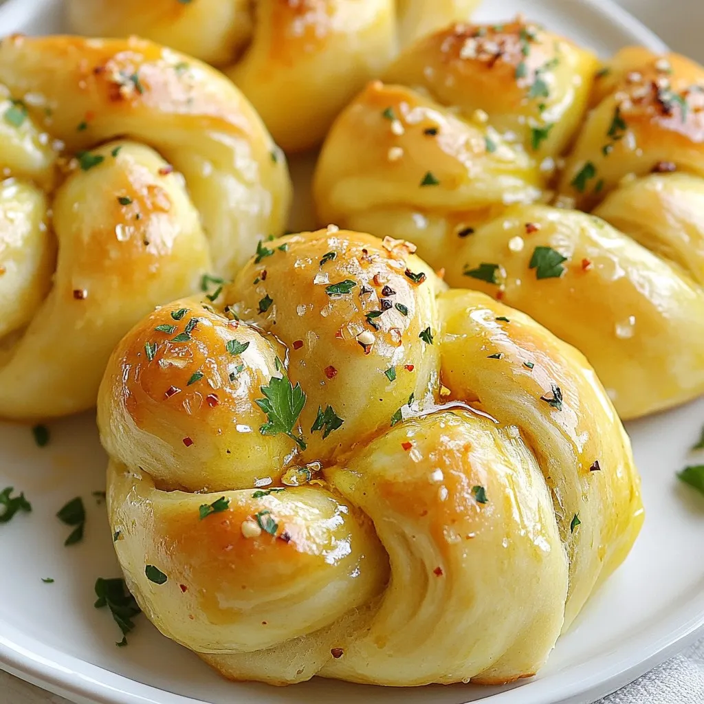 To make homemade garlic knots, gather the following ingredients: - 2 cups all-purpose flour - 1 teaspoon instant yeast - 3/4 teaspoon salt - 1 teaspoon sugar - 3/4 cup warm water (approximately 110°F) - 3 tablespoons olive oil, divided - 4 cloves garlic, minced - 1 tablespoon fresh parsley, finely chopped - 1/4 teaspoon red pepper flakes (optional) - 1 tablespoon grated Parmesan cheese (optional) - Extra flour for dusting These ingredients are simple but come together to create a fluffy and flavorful delight. I love using fresh garlic and parsley for that vibrant taste. The olive oil adds richness, while the optional red pepper flakes give a nice kick. If you enjoy cheese, sprinkle some Parmesan on top for added flavor. The warm water helps activate the yeast, making the knots rise and become soft. Each ingredient plays a role in creating the perfect garlic knot. {{ingredient_image_2}} First, gather your ingredients. You need instant yeast, sugar, and warm water. In a medium bowl, mix the yeast and sugar with warm water. Let it sit for about 5 minutes. The mixture will foam if the yeast is active. This step is key for fluffy knots. In a large bowl, whisk together all-purpose flour and salt. Once your yeast mixture is foamy, pour it into the flour mix. Add 1 tablespoon of olive oil. Stir with a wooden spoon until you have a dough. If the dough is sticky, sprinkle in some extra flour as you mix. Transfer the dough to a floured surface. Knead it for about 5-7 minutes. You want it smooth and elastic. When ready, shape the dough into a ball. Place it in a greased bowl and turn it to coat. Cover the bowl with a damp cloth. Let it rise in a warm spot for about 1 hour. It should double in size. This is how you get soft, airy knots. First, preheat your oven to 400°F (200°C). This temperature works great for baking garlic knots. While the oven heats, grab a baking sheet. Line it with parchment paper. This step keeps the knots from sticking and makes cleanup easy. Once the dough has risen, it's time to shape it. Start by gently punching down the dough to remove air. Next, divide it into 8 equal pieces. Roll each piece into a rope that is about 6 inches long. Take each rope and tie it into a knot. Tuck the ends under the knot. This helps the shape hold during baking. Place the knots on the lined baking sheet, giving each knot some space. Now, let’s add that garlic goodness! In a small bowl, mix the minced garlic with the remaining 2 tablespoons of olive oil. If you like a kick, add red pepper flakes. Stir in the chopped parsley for color and flavor. Brush this mixture over each knot. Make sure to coat them well. If you want, sprinkle grated Parmesan cheese on top. This adds richness and a nice finish. Your knots are now ready to bake! Pro Tips Perfectly Warm Water: Ensure your water is around 110°F for optimal yeast activation. Too hot can kill the yeast, and too cold may not activate it properly. Knead with Care: Knead the dough until it is smooth and elastic to develop gluten, which gives the knots their chewy texture. Avoid adding too much flour during kneading. Flavor Infusion: Allow the garlic and olive oil mixture to sit for a few minutes before brushing it on the knots. This enhances the flavor as the garlic infuses into the oil. Storage Tips: Store any leftover garlic bliss knots in an airtight container at room temperature for up to 2 days. Reheat in the oven for a few minutes to regain their softness. {{image_4}} To make great garlic knots, focus on the dough. Use all-purpose flour for the best texture. Knead the dough until it's smooth and elastic. This usually takes about 5-7 minutes. If the dough sticks, add a little more flour. Let it rise until it doubles in size. This step gives your knots a fluffy feel. When shaping, make sure not to roll the ropes too thick. Thin ropes create lighter knots. For a strong garlic flavor, use fresh garlic. Mince it finely to release more oils. Mix the garlic with olive oil and herbs. Brush this mixture over the knots before baking. This adds flavor throughout. You can also add red pepper flakes for some heat. If you want richness, sprinkle Parmesan cheese on top before baking. This step enhances the overall taste. One common mistake is not letting the dough rise. If you skip this, your knots will be dense. Also, avoid overcrowding the baking sheet. Give each knot enough space to expand while baking. Another mistake is adding too much garlic. While flavor is key, too much can overpower. Lastly, don’t skip cooling time. Let the knots sit for a few minutes to avoid burns. You can easily add cheese to the knots. Try using mozzarella or cheddar. Just sprinkle the cheese on top before baking. You can also mix in herbs. Basil, oregano, or thyme add nice flavors. Experiment with what you like best. This makes your garlic knots even more tasty and special. For a spicy kick, add red pepper flakes. Mix them into the garlic oil. You can adjust the amount based on your taste. If you love heat, go for it! You can also add jalapeños for extra spice. This variation is perfect for those who enjoy bold flavors. If you need a gluten-free option, swap the flour. Use a 1:1 gluten-free flour blend. Make sure the blend contains xanthan gum or add it separately. Follow the same recipe steps for mixing and baking. Your garlic knots can still be fluffy and delicious! To keep your garlic knots fresh, let them cool completely. Place them in an airtight container or a zip-top bag. Store at room temperature for up to two days. If you want to keep them longer, refrigeration is an option, but they may dry out. I recommend wrapping them in foil before refrigerating. Reheating is simple and quick. Preheat your oven to 350°F (175°C). Place the garlic knots on a baking sheet. Bake for about 5-10 minutes until warm. If you want extra flavor, brush them with a little olive oil or garlic oil before reheating. You can also use a microwave, but they may lose some texture. Heat in short bursts of 15-20 seconds. Freezing garlic knots is a great way to enjoy them later. After baking, let them cool completely. Arrange them in a single layer on a baking sheet. Freeze until solid, then transfer to a zip-top bag. They can last up to three months in the freezer. To reheat, bake from frozen at 350°F for about 10-15 minutes. Enjoy fresh garlic knots anytime! Yes, you can use active dry yeast. Just remember to activate it first. Mix it with warm water and sugar. Let it sit for about 5-10 minutes until it foams. Then, add this mix to your flour, just like with instant yeast. The flavor stays the same, and you still get those fluffy knots. You can prepare the dough and shape the knots ahead of time. After shaping, place them on a baking sheet. Cover them well and store in the fridge for up to 24 hours. When you are ready to bake, let them sit at room temperature for about 30 minutes. Then bake as usual. This way, you enjoy fresh knots with less work. Garlic knots pair well with many foods. Here are some ideas: - Marinara sauce for dipping - A fresh green salad - Pasta dishes, like spaghetti or fettuccine - Soups, especially tomato or minestrone These options enhance your meal and make it even more enjoyable. You now know how to make delicious garlic knots from scratch. We've covered ingredients, step-by-step instructions, and helpful tips. You can spice them up or even try gluten-free versions. Remember, practice makes perfect for the best texture. Store any leftovers correctly, and they will last longer. Enjoy your garlic knots with family or friends. Simple steps lead to great taste. So, gather your ingredients and get baking!