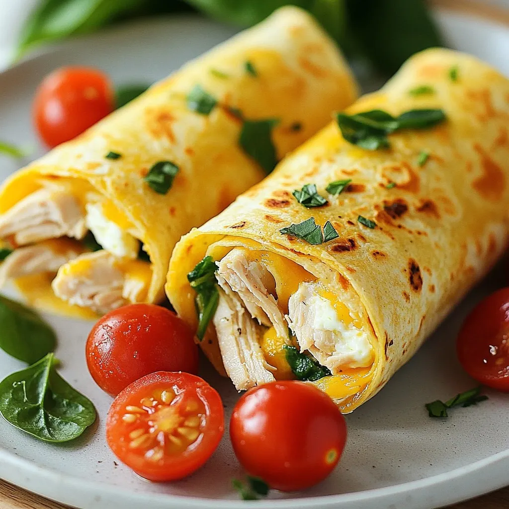 - 2 cups cooked chicken, shredded - 1 cup cream cheese, softened to room temperature - 1 cup shredded mozzarella cheese - 2 cloves garlic, finely minced - 1 tablespoon fresh parsley, chopped - 1 teaspoon smoked paprika - Salt and black pepper to taste - 4 large tortillas (flour or whole wheat) - 1 cup baby spinach leaves, washed and dried - 1/2 cup cherry tomatoes, quartered - Olive oil for cooking For these Cheesy Garlic Chicken Wraps, you need a few simple ingredients. The chicken and cheese filling is the star of the dish. Shredded chicken gives it a hearty base. Cream cheese adds richness, while mozzarella brings that gooey goodness. Next, we add garlic, fresh parsley, and smoked paprika. Garlic gives a bold flavor. Parsley adds a fresh touch, and smoked paprika offers warmth without heat. Don’t forget salt and pepper for balance. The tortillas hold everything together. You can use flour or whole wheat. Both work well. Fresh ingredients like baby spinach and cherry tomatoes add color and crunch. They make the wraps bright and tasty. When you gather all these ingredients, you are set for a fun cooking adventure! {{ingredient_image_2}} To make the filling, start by gathering your ingredients. In a mixing bowl, combine: - 2 cups cooked chicken, shredded - 1 cup cream cheese, softened - 1 cup shredded mozzarella cheese - 2 cloves garlic, finely minced - 1 tablespoon fresh parsley, chopped - 1 teaspoon smoked paprika - Salt and black pepper to taste Mix all these ingredients well using a spatula. You want a smooth and creamy filling that bursts with flavor. Next, it's time to prepare the wraps. Lay your tortillas flat on a clean surface. Divide the cheesy chicken mixture evenly among the tortillas. Spread it in the center, leaving about an inch of space at the edges. On top of the filling, add: - 1 cup baby spinach leaves, washed and dried - 1/2 cup cherry tomatoes, quartered This adds a nice crunch and fresh taste. Now, carefully fold the sides of each tortilla inward. Then roll the bottom edge up over the filling. Tuck it in to secure everything. Keep rolling until you reach the top edge. To cook the wraps, heat a skillet over medium heat and add a drizzle of olive oil. Once hot, place the wraps seam-side down in the skillet. Cook for about 3-4 minutes until they turn golden brown and crispy. Using tongs, gently flip the wraps to cook the other side for another 3-4 minutes. The cheese should melt, and the tortillas should be golden. Once cooked, take them out and let them cool for a minute. Then slice each wrap in half diagonally for easy serving. To get the best crispy wraps, use medium heat. Heat your skillet and add olive oil. This method helps the tortillas turn golden brown. Avoid using high heat, as it might burn them. A nice crisp gives the wraps a great texture. You can make these wraps your own! Add jalapeños for spice or bell peppers for crunch. You can also toss in some olives or mushrooms. Mix and match your favorite veggies. This way, you can change the flavor and keep it fun. These wraps taste great with dips! Serve them with marinara sauce or salsa. You can also add a side salad for freshness. Pairing these wraps with a simple salad makes your meal complete. The flavors and textures work well together, making it even more enjoyable. Pro Tips Choose the Right Tortilla: Opt for flour tortillas for a softer wrap or whole wheat for a nuttier flavor. Both options work well with the cheesy filling. Customize Your Fillings: Feel free to add other vegetables like bell peppers or onions for extra flavor and nutrition. You can also swap the chicken for shredded turkey or a plant-based alternative. Ensure Even Cooking: Make sure your skillet is adequately heated before adding the wraps to achieve that perfect crispy exterior. Avoid overcrowding the pan to allow for even cooking. Dip and Enjoy: Serve with your favorite dipping sauce, such as marinara or ranch, to enhance the flavors and add a fun element to your meal. {{image_4}} If you need a gluten-free option, use gluten-free tortillas. They work just as well. For a dairy-free version, swap the cream cheese with a vegan cream cheese. You can also use dairy-free mozzarella cheese. This way, everyone can enjoy these wraps! You can play with flavors by changing cheeses. Try gouda, cheddar, or feta. Each cheese adds a new taste. Adding fresh herbs like basil or cilantro can also change the flavor. If you like heat, add red pepper flakes or chili powder. These small changes can make your wraps exciting and tasty. Want to boost nutrition? Add black beans for protein and fiber. They also add a nice texture. Sliced avocado brings creaminess and healthy fats. You can also try roasted red peppers or corn. These extras make your wraps more colorful and interesting! To keep your cheesy garlic chicken wraps fresh, store any leftovers in an airtight container. This method helps maintain their taste and texture. You can enjoy them for up to three days. Just make sure they cool down before sealing the container. You can freeze these wraps either before or after cooking. If you freeze them before cooking, wrap each one tightly in plastic wrap, then place them in a freezer bag. This helps keep them safe from freezer burn. They can last up to three months. If you freeze cooked wraps, let them cool completely first. Then, store them in an airtight container or freezer bag. They are best used within two months for optimal flavor. To reheat your wraps, the skillet is the best choice. Heat a bit of olive oil over medium heat. Place the wraps seam-side down in the skillet. Cook for about three to four minutes on each side. This keeps them crispy and warms the cheese inside. You can also use an oven. Preheat it to 350°F (175°C) and place the wraps on a baking sheet. Heat for about 10 minutes. This method helps keep them crunchy, too! Yes, you can use rotisserie chicken. It saves time and effort. Rotisserie chicken is already cooked and flavorful. This makes your prep quick and easy. Just shred the chicken and mix it into your filling. You’ll enjoy a tasty meal without much hassle. To spice things up, try adding hot sauce. You can also use spicy seasonings like cayenne pepper. Another option is to mix in chopped jalapeños for extra heat. Adjust the amount to suit your taste. This will give your wraps a nice kick that many will love. These wraps pair well with many side dishes. Try serving them with marinara sauce for dipping. A fresh side salad can add crunch and color. You can also serve them with chips or roasted vegetables. These sides will make your meal more complete and satisfying. In this post, we explored how to make cheesy garlic chicken wraps. We covered ingredients like chicken, cheese, and spices, plus detailed steps for preparing, assembling, and cooking. I offered tips for crispy wraps and ideas for customizing flavors. You can also find storage advice and answers to common questions. These wraps are fun to make and delicious to eat. Enjoy experimenting with the fillings and serving options. You'll create a meal that impresses!