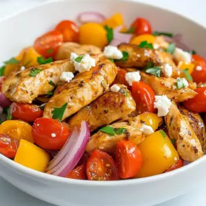- 2 boneless, skinless chicken breasts - 1 red bell pepper, sliced - 1 yellow bell pepper, sliced - 1 cup cherry tomatoes, halved - 1 small red onion, thinly sliced - 2 cloves garlic, minced - 1 teaspoon dried oregano - 1 teaspoon dried basil - Salt and freshly ground black pepper to taste - 1/2 cup black olives, sliced - 1/4 cup feta cheese, crumbled - Fresh parsley, finely chopped for garnish In this dish, I use boneless, skinless chicken breasts. They cook fast and stay juicy. I slice them into thin strips for even cooking. Fresh vegetables create a burst of flavor. I love using red and yellow bell peppers. They add sweetness and color. Cherry tomatoes give a juicy pop. Red onion adds a nice sharp bite. For flavor, I use garlic, oregano, and basil. These herbs give the dish a Mediterranean touch. I season with salt and black pepper to enhance the taste. I finish with black olives, feta cheese, and parsley. The olives add briny depth. Feta brings creaminess. Parsley adds freshness and color. Each ingredient plays a role in making this stir fry tasty. I recommend using extra virgin olive oil for this recipe. It has a rich flavor that enhances the dish. Extra virgin olive oil also offers health benefits. - It contains healthy fats that are good for your heart. - It is rich in antioxidants that help your body. When cooking, use good quality olive oil. It makes a big difference in taste and health. {{ingredient_image_2}} To start, you need to heat a large skillet or wok over medium-high heat. Add two tablespoons of extra virgin olive oil. It should take about 1-2 minutes for the oil to heat up until it shimmers. This shimmering stage means the oil is ready. If your oil is not hot enough, the chicken will stick and not cook well. Next, add the sliced chicken breasts to the hot skillet. Season them well with salt, freshly ground black pepper, dried oregano, and dried basil. Cook the chicken for about 5-7 minutes. Stir often to ensure even cooking. You want the chicken to turn a light golden color and be fully cooked through. Use a meat thermometer if needed; it should read 165&deg;F. Once the chicken is cooked, move it to one side of the skillet. In the open space, add the thinly sliced red onion and minced garlic. Saut&eacute; these for 1-2 minutes. Stir frequently to keep them from burning. You&rsquo;ll know they are ready when the onions turn translucent and the garlic smells fragrant. This step adds deep layers of flavor to your dish. Now, it's time to add the sliced red and yellow bell peppers, along with the halved cherry tomatoes. Stir everything together and cook for 3-5 minutes. Make sure to keep stirring gently. This helps the vegetables cook but still stay crispy. Overcooking them can lead to a mushy stir-fry. Finally, gently stir in the sliced black olives. Cook them for about 1 more minute to warm them through. This step allows their rich flavor to blend with the rest of the dish. Once done, remove the skillet from the heat. Sprinkle crumbled feta cheese on top, along with finely chopped fresh parsley. This adds both flavor and visual appeal. Serve your Mediterranean Chicken Stir Fry while it's warm for the best taste! To make a great stir fry, use high heat. This keeps your chicken juicy and your veggies crisp. Start with a hot skillet. Wait until the oil shimmers before adding the chicken. Stir often, so it cooks evenly. To avoid overcooking the veggies, add them later. Cook the chicken first, then add onions and garlic. After that, toss in your bell peppers and tomatoes. Cook just until they soften a bit. This way, they stay colorful and crunchy. Want to add extra flavor? Try spices like smoked paprika or crushed red pepper. They give a warm kick to your dish. You can also add a splash of lemon juice for brightness. Fresh herbs bring out the best taste. Chopped parsley or basil can elevate your stir fry. If you use dried herbs, add them early. They need time to release their flavor. Fresh herbs should go in at the end for the best aroma. For a nice presentation, serve your stir fry in a big bowl. This makes it look inviting. Garnish with extra parsley. You can also add a lime wedge on the side. This adds color and a zesty flavor. Consider pairing it with rice or a refreshing salad. This adds variety to the meal. Your guests will love the look and taste! Pro Tips Marinating Chicken: For enhanced flavor, marinate the chicken strips in olive oil, oregano, and basil for at least 30 minutes before cooking. Colorful Veggies: Use a mix of colorful vegetables to make the dish visually appealing and to benefit from a variety of nutrients. Fresh Herbs: Add fresh herbs like basil or mint as a final garnish for an extra layer of flavor and freshness. Serving Suggestions: This stir fry pairs beautifully with quinoa or brown rice for a complete meal. {{image_4}} You can switch chicken for other proteins. Tofu is a great choice for a plant-based meal. It soaks up flavors well. Shrimp also works nicely and cooks fast. If using shrimp, just reduce cooking time. For tofu, press it to remove extra water. Cut it into cubes before adding to the pan. Feel free to add more veggies to your stir fry. Zucchini, broccoli, or spinach can enhance the dish. Seasonal veggies like asparagus or snap peas also add a fresh twist. Just adjust cooking times to keep them crisp. Mix and match based on what you love or have on hand. You can make this dish gluten-free easily. Just use gluten-free soy sauce or tamari. For a low-carb option, skip the olives or feta. Instead, add more greens like kale or Swiss chard. This way, you keep the dish light and healthy without losing flavor. To keep your Mediterranean chicken stir fry fresh, follow these steps: - Cool down: Allow the dish to cool for about 30 minutes at room temperature. - Containers: Use airtight containers to store leftovers. Glass or plastic containers work well. - Refrigeration: Place the containers in the fridge. Consume leftovers within 3 to 4 days for the best taste. To enjoy your stir fry again without losing flavor, try these methods: - Stovetop: Place the leftovers in a skillet over medium-low heat. Stir gently until heated through, about 5 to 7 minutes. - Microwave: Use a microwave-safe bowl. Cover with a damp paper towel. Heat in 1-minute intervals, stirring in between until warm. - Freezing: If you want to save some for later, freeze it in airtight containers. It stays fresh for up to 3 months. To reheat, thaw in the fridge overnight before using one of the above methods. This dish takes about 25 minutes. Here&rsquo;s how it breaks down: - Prep time: 15 minutes - Cook time: 10 minutes You can slice the chicken and veggies while the pan heats. This makes the process quick and smooth. Yes, you can meal prep this stir fry! Here are some tips: - Cook and cool: Make the stir fry ahead of time. - Store: Place it in airtight containers. - Refrigerate: It can last up to three days. When you're ready to eat, just reheat it in a pan. This keeps the flavors fresh. There are many great sides for this dish! Here are some ideas: - Rice or quinoa: These add a nice base. - Pita bread: Perfect for scooping up the stir fry. - Greek salad: A fresh side that complements the flavors. Feel free to mix and match your favorites! Yes, this recipe is packed with nutrition! Here are some benefits of the key ingredients: - Chicken: A great source of lean protein. - Vegetables: Bell peppers and tomatoes are full of vitamins. - Olive oil: Rich in healthy fats. - Feta cheese: Adds flavor and some calcium. This dish is not just tasty; it's also good for you! This Mediterranean Chicken Stir Fry blends simple ingredients for a tasty meal. You learned about fresh vegetables, cooking techniques, and tips for enhancing flavors. Remember to use good olive oil for health benefits. Don't hesitate to try variations with different proteins or veggies to keep it exciting. With proper storage, you can enjoy leftovers later. This dish is healthy, easy to make, and fun to serve. Dive into this recipe, and you&rsquo;ll impress everyone at your table with your cooking skills.