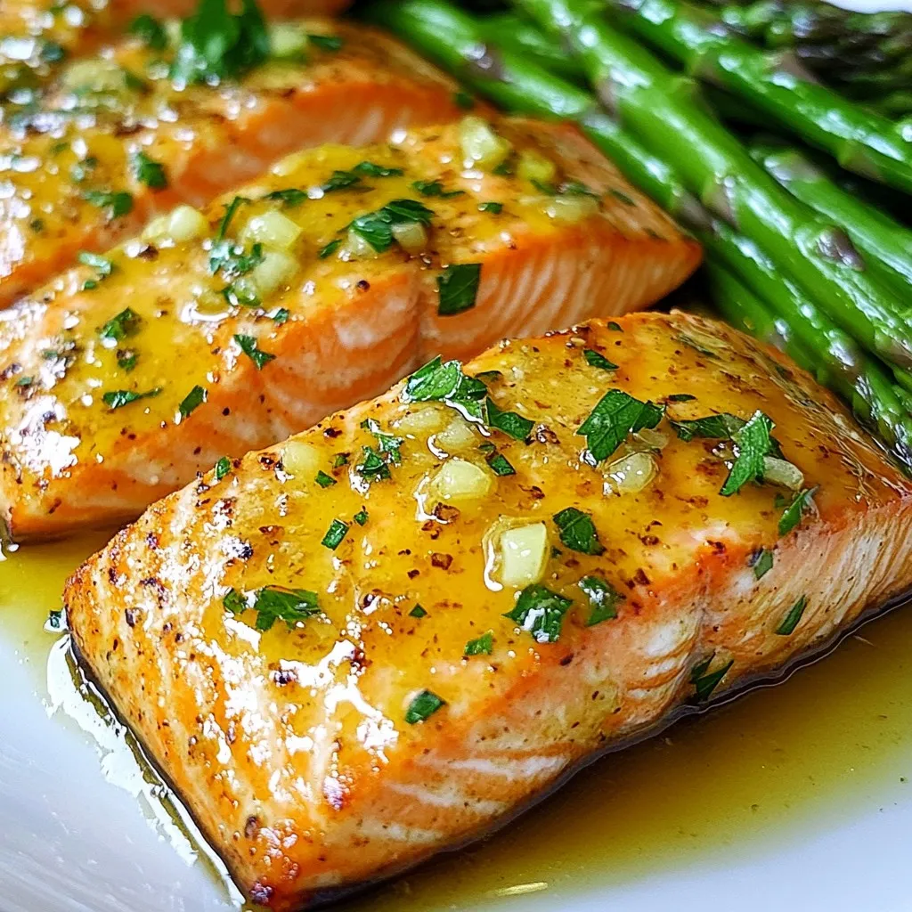 To make Zesty Lemon Garlic Salmon, gather these key items: - 4 salmon fillets (about 6 ounces each) - 3 tablespoons extra virgin olive oil - 4 cloves of garlic, finely minced - Zest of 1 medium lemon - Juice from 2 medium lemons - 1 tablespoon Dijon mustard - 1 teaspoon honey - 1 teaspoon dried oregano - Salt and freshly cracked black pepper, to taste These ingredients create a bright and bold flavor. The olive oil adds richness. The garlic gives a nice punch. Lemon zest and juice brighten the dish. Dijon mustard adds a subtle tang. Honey balances the flavors with sweetness. Dried oregano adds an earthy note. You can elevate your dish with these garnishes: - Fresh parsley, finely chopped Chopped parsley adds color and freshness. It makes the dish look appealing and tastes great too. You can also add lemon slices for extra zest and flair. Each serving of Zesty Lemon Garlic Salmon has: - Calories: 350 - Protein: 30 grams - Fat: 20 grams - Carbohydrates: 6 grams - Fiber: 1 gram This dish is high in protein and healthy fats. Salmon provides omega-3 fatty acids, which are great for heart health. The lemon and garlic add flavor without extra calories. Enjoy this dish knowing it's tasty and nutritious! {{ingredient_image_2}} First, set your oven to 400°F (200°C). This heat cooks the salmon evenly. Next, grab a baking sheet and line it with parchment paper. This makes cleanup easy and keeps the salmon from sticking. In a bowl, mix together 3 tablespoons of olive oil and 4 minced garlic cloves. Add the zest of one lemon and the juice from two lemons. Then, stir in 1 tablespoon of Dijon mustard, 1 teaspoon of honey, and 1 teaspoon of dried oregano. Season the mix with salt and freshly cracked black pepper. Whisk it all until smooth. This marinade is where the flavor comes from. Take your 4 salmon fillets and place them on the baking sheet, skin-side down. Use a brush to coat each fillet with the lemon garlic mixture. Make sure every bit of salmon gets covered. This step helps the flavors soak in. Let the salmon sit for at least 15 minutes. This marinating time gives the fish a bold taste. Place the baking sheet in the preheated oven. Bake for 12 to 15 minutes. The cooking time may change based on how thick your fillets are. The salmon is ready when it flakes easily with a fork and the flesh looks opaque. When it’s done, take it out and sprinkle fresh parsley on top for a pop of color and taste. Enjoy your flavorful dish! To cook salmon perfectly, aim for a temperature of 145°F. The fish will flake easily when done. Bake for 12 to 15 minutes. Thicker fillets may need more time. Keep an eye on it. Overcooking salmon can make it dry. You want it moist and tender. For more flavor, add herbs like dill or thyme. Fresh herbs can elevate the taste. You can also mix in some red pepper flakes for heat. Lemon zest adds brightness. Always season well with salt and pepper. Letting the salmon marinate helps the flavors soak in. Serve your salmon on a colorful plate. A bed of steamed asparagus looks great. You can also add a mixed green salad for freshness. Drizzle leftover sauce on top for a nice touch. Sprinkle fresh parsley for color. A lemon wedge adds a pop of brightness. Pro Tips Choose Fresh Salmon: Select salmon fillets that are bright in color and have a fresh smell for the best flavor and texture. Marinate for Flavor: Allow the salmon to marinate for at least 15 minutes to absorb the zesty lemon garlic flavors deeply. Check for Doneness: Ensure the salmon is cooked through by checking that it flakes easily with a fork and is opaque in the center. Rest Before Serving: Let the salmon rest for a couple of minutes after baking to allow the juices to redistribute for a moister fillet. {{image_4}} You can swap salmon for chicken or tofu. Chicken thighs or breasts work well. Just adjust the cooking time. Tofu absorbs flavors nicely and gives a vegan option. Use firm tofu for the best texture. Marinate it just like the salmon for a tasty meal. Feel free to mix up the herbs. Try fresh dill or thyme for a new taste. Basil adds a sweet touch, while rosemary gives a bold flavor. You can even add a pinch of red pepper flakes for some heat. Each change brings a fresh twist to your dish. Serve the salmon with simple side dishes. Steamed asparagus or broccoli adds color and nutrients. A mixed green salad with lemon vinaigrette brightens the plate. Quinoa or rice can soak up any extra sauce. These sides make your meal feel complete and balanced. To store your leftover salmon, let it cool first. Once cool, place the salmon in an airtight container. Make sure to put a piece of parchment paper between the fillets for easy removal. This keeps the salmon fresh and helps avoid sogginess. Store the container in the fridge. Enjoy your leftovers within three days for the best taste. To reheat your salmon, preheat the oven to 350°F (175°C). Place the salmon on a baking sheet. Cover it with foil to avoid drying out. Heat for about 10 minutes or until warmed through. You can also use a microwave if you're in a hurry. Heat it on a microwave-safe plate for 30 seconds at a time. Check often to prevent overcooking. If you want to freeze the salmon, wrap each fillet tightly in plastic wrap. Then place them in a freezer-safe bag or container. Remove as much air as possible to avoid freezer burn. Salmon can stay in the freezer for up to three months. When ready to eat, thaw it in the fridge overnight before reheating. You should bake salmon at 400°F for 12 to 15 minutes. The exact time depends on how thick the fillets are. You know the salmon is done when it flakes easily with a fork. The flesh should look opaque all the way through. Yes, you can use fresh garlic instead of minced. Just chop it finely. Fresh garlic will give your dish a strong, bright flavor. It can make the salmon taste even better. If you don't have Dijon mustard, you can use yellow mustard. You might also try honey mustard or whole grain mustard. Each option changes the flavor a bit, but it will still be tasty. Yes, salmon skin is both edible and healthy. It contains healthy fats like omega-3s. Eating the skin adds flavor and texture to your meal. Just make sure it's properly cooked and crispy for the best taste. This blog post covered the key steps for making zesty lemon garlic salmon. You learned about essential ingredients, how to prep and bake salmon, and tips for a perfect dish. I shared ways to customize the recipe and how to store your tasty leftovers. Enjoy cooking this dish with confidence. You can impress anyone with a simple meal that’s both healthy and delicious!