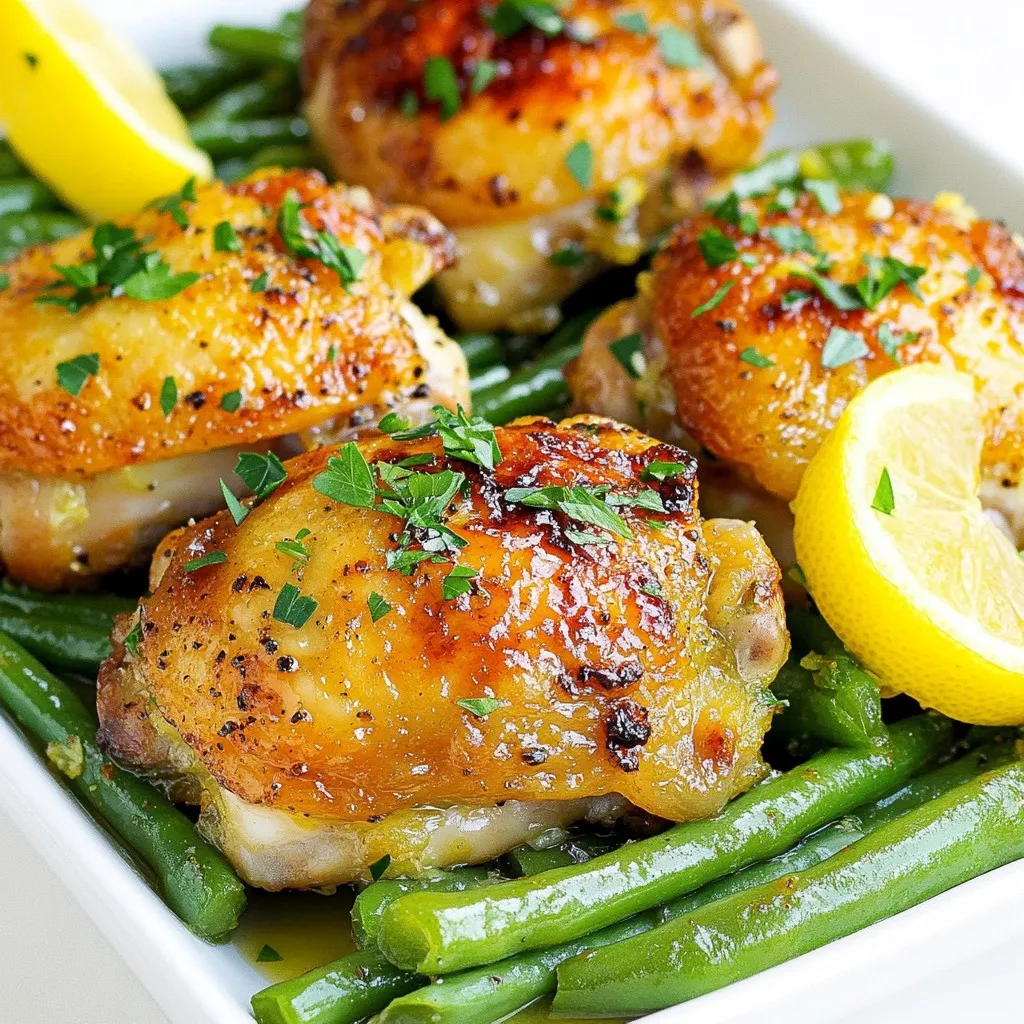 - 4 bone-in chicken thighs, skin-on - 2 tablespoons extra virgin olive oil - 4 cloves garlic, finely minced - Zest and juice of 1 large fresh lemon - 1 teaspoon dried oregano - 1 teaspoon smoked paprika - Sea salt and freshly cracked black pepper, to taste - 300g fresh green beans, trimmed - 2 tablespoons unsalted butter, cut into small pieces - Fresh parsley, finely chopped (for garnish) - Fresh thyme or rosemary can add more herbal notes. - A splash of white wine will enhance the dish's depth. - Red pepper flakes will give a spicy kick. - Look for chicken thighs with firm skin and no discoloration. - Choose lemons that feel heavy for their size; they are juicier. - Select fresh green beans that are bright green and crisp. - Avoid beans that look wilted or have brown spots. - Always smell the garlic; it should be fresh and pungent. {{ingredient_image_2}} 1. Preheat the oven: Set your oven to 425°F (220°C). This helps cook the chicken evenly. 2. Prepare your baking sheet: Line it with parchment paper. This makes cleanup easier. 3. Make the marinade: In a bowl, mix olive oil, minced garlic, lemon zest, lemon juice, oregano, smoked paprika, salt, and pepper. This adds great flavor to the chicken. 4. Prepare the chicken: Pat the chicken thighs dry with paper towels. This helps the skin crisp up. 5. Marinate the chicken: Place the chicken in a large bowl and pour the marinade over it. Make sure each piece is well coated. Let it sit for at least 15 minutes. 1. Blanching green beans: Boil salted water in a pot. Add trimmed green beans for 2-3 minutes. They should turn bright green and stay tender-crisp. Drain them and set aside. 2. Searing chicken: Heat a large skillet on medium-high heat. Place the marinated chicken thighs skin-side down. Sear for 5-7 minutes until golden brown, then flip and sear for 3-4 minutes on the other side. 3. Baking: Transfer the chicken to the baking sheet, skin-side up. Arrange the blanched green beans around the chicken. Dot with butter for extra richness. Bake for 25-30 minutes. - Chicken doneness: The internal temperature of the chicken should reach 165°F (75°C). Use a meat thermometer to check. - Resting time: After baking, let the chicken rest for 5 minutes. This helps keep it juicy. Marinating chicken is key for flavor. Here are my tips to do it right: - Use a good mix: Combine olive oil, garlic, lemon zest, and juice. This adds moisture and taste. - Time matters: Marinate for at least 15 minutes. For a deeper flavor, try 2 hours. - Don’t skip the salt: Sea salt enhances the taste. It also helps the chicken stay juicy. Crispy skin makes chicken so tasty. Follow these steps for the best result: - Pat dry: Use paper towels to remove moisture from the chicken skin. This helps it crisp up. - Hot skillet: Sear the chicken in a hot skillet first. This gives a nice golden color. - Oven finish: Bake the chicken skin-side up. This keeps the skin crispy while cooking through. Green beans can be more than just a side. Here’s how to boost their flavor: - Blanch first: Boil the green beans for 2-3 minutes. This keeps them bright and crunchy. - Butter finish: Add small pieces of butter on top before baking. This enriches their taste. - Season well: Sprinkle some salt and pepper after cooking. Fresh herbs can also add a nice touch. Pro Tips Marinate Longer for Flavor: If time allows, marinate the chicken thighs for a few hours or overnight in the refrigerator. This will intensify the flavor and tenderness of the meat. Use a Meat Thermometer: To ensure perfectly cooked chicken, use a meat thermometer to check that the internal temperature has reached 165°F (75°C). Blanch the Beans: Blanching the green beans before roasting helps maintain their vibrant color and crisp texture, making them more appealing on the plate. Rest Before Serving: Let the chicken rest for a few minutes after baking. This allows the juices to redistribute, resulting in juicier and more flavorful chicken. {{image_4}} You can easily swap chicken thighs for other cuts. Boneless chicken thighs work well too. They cook faster but still stay juicy. You may also use chicken breasts for a leaner option. Just remember, breasts may dry out if overcooked. Feel free to add more veggies to this dish. Carrots add sweetness and color. Bell peppers bring crunch and a pop of flavor. You can also try adding zucchini or asparagus for a fresh twist. Mix and match based on what you have at home. Spice up the chicken with different seasonings. Try rosemary for a fragrant touch. Cumin adds warmth and depth. For a kick, toss in some red pepper flakes. You can also play with herbs like thyme or basil for unique flavors. To store leftover Lemon Garlic Chicken Thighs and green beans, let them cool first. Once cool, place them in an airtight container. Make sure to separate the chicken and beans to keep them fresh. Store them in the fridge for up to 3 days. Label the container with the date for easy tracking. When you're ready to enjoy your leftovers, preheat your oven to 350°F (175°C). Place the chicken and green beans on a baking sheet. Heat them in the oven for about 15-20 minutes. This method keeps the chicken skin crispy. You can also use a microwave, but the skin may not stay crispy. If you want to save some for later, freezing is a great option. First, let the chicken and beans cool completely. Wrap each chicken thigh in plastic wrap and then place them in a freezer-safe bag. Store the green beans in a separate bag. Label both bags with the date. They can last in the freezer for up to 3 months. To reheat, thaw in the fridge overnight before following the reheating instructions. Yes, you can use boneless chicken thighs. They cook faster than bone-in thighs. This change will reduce the cooking time by about 10 minutes. Always check the internal temperature to make sure they reach 165°F (75°C). You can substitute green beans with other vegetables. Broccoli, asparagus, or snap peas work well. These vegetables also cook quickly and add nice color to the dish. Be sure to adjust the cooking time based on the veggies you choose. Check the chicken's internal temperature with a meat thermometer. The safe temperature is 165°F (75°C). If you don’t have a thermometer, cut into the thickest part of the thigh. The juices should run clear, not pink. This post covered key ingredients, cooking steps, and storage tips. You learned how to select fresh items and marinate chicken for flavor. We discussed techniques for crispy skin and different vegetable options. You now know how to store leftovers and reheat meals safely. Cooking can be fun and easy with these tips. Enjoy trying new flavors while keeping meals simple and tasty. Keep experimenting, and you'll find what you love!