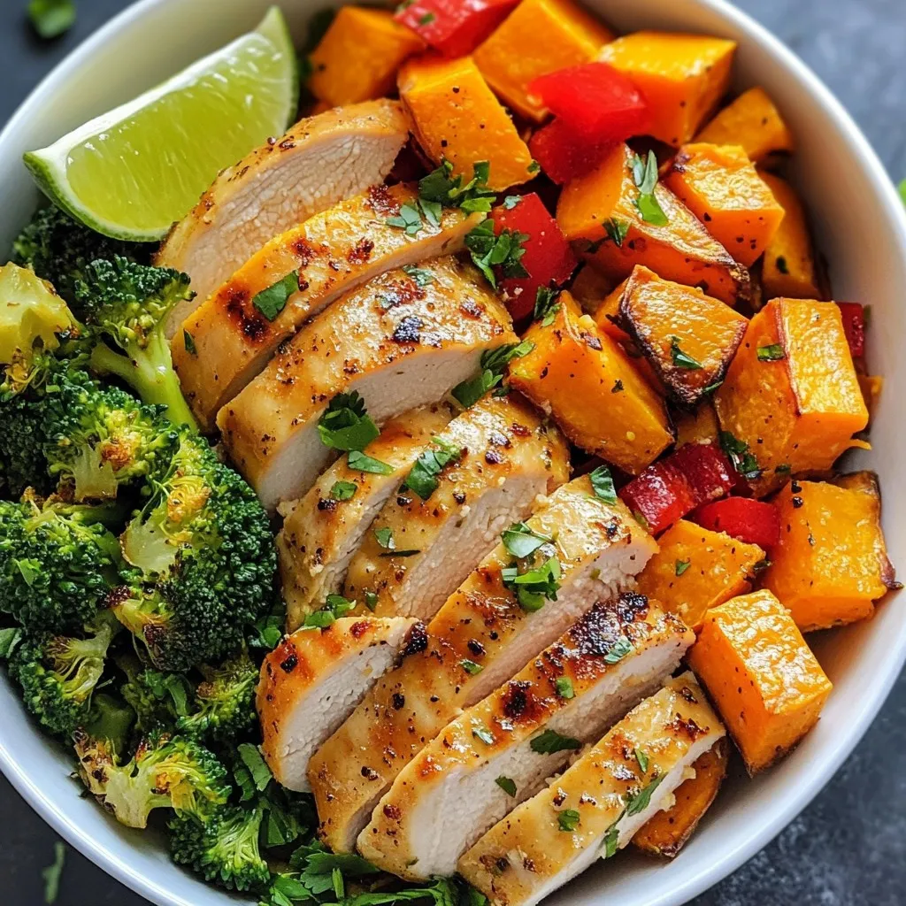 - 2 large sweet potatoes, peeled and diced into 1-inch cubes - 1 lb boneless, skinless chicken breasts - 2 tablespoons olive oil, divided - 1 teaspoon garlic powder - 1 teaspoon smoked paprika - 1 teaspoon ground cumin - Salt and freshly cracked black pepper to taste - 1 red bell pepper, chopped into bite-sized pieces - 1 cup broccoli florets, approximately 1-inch in size - 1 can black beans, rinsed and drained - Fresh cilantro for garnish (optional) - Lime wedges for serving I love using sweet potatoes in my meals. They add a nice sweetness and color. They also give a great source of fiber and vitamins. When you roast them, they become tender and caramelized. They pair perfectly with chicken. Chicken breasts are my go-to protein. They cook quickly and take on flavors well. I season them with spices to make them more tasty. Olive oil is key for roasting. It adds flavor and helps everything cook evenly. I use it on the sweet potatoes and chicken to keep them moist. For seasoning, I like garlic powder, smoked paprika, and ground cumin. Garlic powder gives a nice punch. Smoked paprika adds warmth and depth. Cumin gives it an earthy taste. I always use salt and pepper to enhance the flavors. Fresh vegetables bring color and nutrients to the dish. Red bell peppers add a crunch and sweetness. Broccoli florets give that green freshness and a nice texture. Black beans are a great source of protein and fiber. I love adding them for a hearty meal. Lastly, I finish with fresh cilantro and lime wedges. The cilantro brightens the dish. The lime juice adds a refreshing zing. Together, they make the meal feel light and vibrant. {{ingredient_image_2}} First, preheat your oven to 425°F (220°C). This step warms up the oven for even cooking. Next, peel and dice two large sweet potatoes into 1-inch cubes. Place these cubes in a big bowl. Drizzle 1 tablespoon of olive oil over them. Then, add 1 teaspoon of garlic powder, 1 teaspoon of smoked paprika, salt, and freshly cracked black pepper. Toss everything well. Spread the sweet potatoes in a single layer on one side of a baking sheet. This helps them roast nicely. Take 1 pound of boneless, skinless chicken breasts. Season them well with salt, pepper, and 1 teaspoon of ground cumin. Heat the remaining tablespoon of olive oil in a large skillet over medium-high heat. When the oil is hot, add the chicken breasts. Sear them for about 5-7 minutes on each side. They should be golden brown and reach an internal temperature of 165°F (75°C). After cooking, transfer the chicken to a cutting board. Let it rest for a few minutes before slicing it into strips. While the chicken cooks, prepare your vegetables. Cut a red bell pepper into bite-sized pieces. Add the chopped pepper and 1 cup of broccoli florets to the empty side of the baking sheet with the sweet potatoes. Roast all the vegetables together for about 15-20 minutes. Stir them halfway through. This helps with even cooking and gets them tender and slightly caramelized. Now it’s time to put the bowls together. Evenly distribute the roasted sweet potatoes, sliced chicken, black beans, and roasted vegetables into four meal prep containers. If you like, you can sprinkle fresh cilantro on top of each bowl for a burst of flavor. Serve with lime wedges on the side. Squeezing lime over the ingredients adds a fresh twist right before eating. - Storage containers recommendations: Use clear, airtight containers. They help you see the colorful food inside. Choose ones that are microwave-safe for easy reheating. I like glass containers for their durability and safety. - Portion control advice: Aim for even portions. Divide the sweet potatoes, chicken, and veggies evenly. This helps control servings and keeps meals balanced. Use a scale if you want more accuracy. - Ensuring even cooking: Spread the sweet potatoes and veggies in a single layer on the baking sheet. This allows hot air to circulate and cook them evenly. Stir the veggies halfway through roasting for best results. - Tips for tender chicken: Sear the chicken on high heat first. This locks in juices and adds flavor. Let it rest after cooking. This keeps it juicy and prevents dryness when you slice it. - Adding sauces or dressings: Experiment with different sauces. A drizzle of tahini or a splash of hot sauce can elevate your bowl. You can also use a dressing made from olive oil and lime juice for brightness. - Alternative garnishes: Fresh herbs like cilantro add a nice touch. You can also try avocado slices or a sprinkle of feta cheese. These garnishes add flavor and make your bowl more appealing. Pro Tips Perfectly Cooked Chicken: Use a meat thermometer to ensure your chicken reaches an internal temperature of 165°F (75°C) for safety and juiciness. Flavor Boost: Marinate the chicken in your favorite spices or a citrus marinade for at least an hour before cooking to enhance flavor. Even Roasting: Cut your vegetables into uniform sizes to ensure they cook evenly and achieve that perfect caramelization. Storage Tips: Allow the bowls to cool completely before sealing them for storage to prevent condensation and sogginess. {{image_4}} You can switch up the protein in your meal prep bowls. Use turkey instead of chicken. Turkey has a similar taste and texture. It can be just as juicy and flavorful. If you prefer plant-based options, try tofu. Firm tofu absorbs flavors well. Just season it like you do with chicken for a tasty twist. Another option is canned chicken. It saves time and is easy to use. Just drain and rinse the chicken, then mix it in with your other ingredients. This alternative can make meal prep quick and simple. You can play around with vegetables based on the season. For spring, add asparagus or snap peas. In fall, consider using Brussels sprouts or squash. Seasonal swaps keep meals fresh and exciting. Don’t forget about flavor additions! Try adding spinach or kale for extra nutrients. You can even toss in some corn for sweetness. These changes add color and variety to your bowls. Think about serving your chicken sweet potato bowls with grains. Quinoa or brown rice are great options. They add texture and make your meal more filling. If you want to go vegan, swap out the chicken for chickpeas or lentils. These options are high in protein and very filling. You can also skip the beans for a lighter dish. These variations let you create meals that fit any diet. Store your Meal Prep Chicken Sweet Potato Bowls in the fridge. They stay fresh for up to four days. Check for signs of spoilage before eating. Look for a strange smell or any mold. If you see either, it’s best to toss the bowl. Freezing is a great option for longer storage. To freeze, let the bowls cool completely. Place them in airtight containers. This keeps them fresh for up to three months. For thawing, move the bowl to the fridge overnight. You can also use the microwave, but the fridge is best for taste. When it’s time to enjoy your meal prep bowls again, you have options. You can use the microwave or oven. For the microwave, heat for two to three minutes. Stir halfway through for even warmth. The oven takes longer but keeps the texture. Preheat it to 350°F (175°C) and heat for about 10-15 minutes. This way, your flavors stay vibrant. Yes, you can! Here are some tasty options: - Zucchini, sliced - Carrots, chopped - Cauliflower florets - Asparagus, cut into pieces - Brussels sprouts, halved Feel free to mix and match based on what you have. Each veggie adds its own flavor and texture. Meal prep bowls last about 4-5 days in the fridge. Store them in airtight containers. This keeps your food fresh and safe to eat. Check for any odd smells or changes in color before eating. Absolutely! You can prepare it a few days ahead. Cook the chicken and veggies, then pack them into containers. You can store them in the fridge. If you want to keep them longer, freeze the bowls instead. Just thaw before eating! This blog post walks you through a healthy meal prep recipe using sweet potatoes, chicken, and fresh veggies. We discussed cooking techniques and how to store your meals. Remember, you can swap proteins and veggies for variety. Meal prep saves time and helps you eat well. Enjoy creating your own tasty bowls while keeping it fresh and fun!