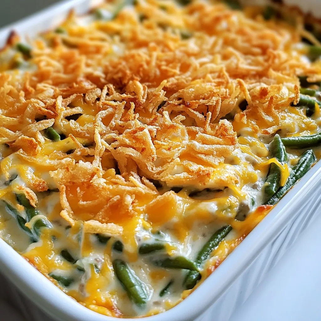 To make a tasty Crack Green Bean Casserole, gather these ingredients: - 2 cans (14.5 oz each) green beans, thoroughly drained and rinsed - 1 can (10.5 oz) cream of mushroom soup, creamy and ready - 1 cup sour cream, for that tangy rich flavor - 1 tablespoon soy sauce, adding a hint of umami - 1 teaspoon garlic powder, for aromatic depth - 1 cup sharp cheddar cheese, grated for melty goodness - 1 cup crispy fried onions, to add crunch and texture - 1/2 teaspoon freshly ground black pepper - 1/4 teaspoon fine salt - Optional: 1/2 cup cooked and crumbled bacon, for a flavorful meaty twist These ingredients create layers of flavor and texture. The green beans provide a fresh crunch, while the creamy mixture adds rich taste. The sharp cheddar cheese melts beautifully, making each bite delightful. Crispy fried onions on top give that added crunch we all love. If you want more flavor, consider adding bacon; it pairs well with the other ingredients. {{ingredient_image_2}} 1. Preheat your oven to 350°F (175°C). This step warms the oven for even baking. 2. In a large bowl, combine the cream of mushroom soup and sour cream. Add the soy sauce, garlic powder, black pepper, and salt. Stir until smooth and creamy. 1. Gently fold in the drained green beans. Make sure each green bean gets coated in that creamy mix. 2. Now, mix in the shredded sharp cheddar cheese. Set some cheese aside for the topping. 1. Pour the mixture into a greased 9x13 inch baking dish. Spread it out evenly. 2. Sprinkle the reserved cheddar cheese over the top. This will melt to create a cheesy layer. 3. Bake the casserole for 25-30 minutes. Look for bubbling edges and a golden top. 4. After that, add the remaining crispy fried onions on top. Bake for another 5-10 minutes until the onions are golden brown. 5. Let the casserole sit for about 5 minutes before serving. This helps it set and makes serving easier. Choosing the right green beans I always suggest using canned green beans for this recipe. They are soft and ready to mix. Look for brands with no added salt. This helps control the seasoning. If you want to use fresh beans, make sure to cook them a bit first. They should be tender but not mushy. Tips for making a creamy mixture To get that nice creamy texture, mix the cream of mushroom soup and sour cream well. Use a whisk to blend them together until smooth. Add the soy sauce and garlic powder next. These flavors really enhance the dish! When you fold in the green beans, do it gently. You want to keep the beans whole and coated. Adding herbs or spices For extra taste, think about adding some herbs. A pinch of thyme or rosemary can bring a nice touch. If you like heat, try a dash of red pepper flakes. These simple changes can make your casserole pop with flavor! Suggestions for additional toppings You can get creative with toppings. Besides crispy fried onions, add some cooked bacon for a savory kick. Chopped fresh parsley can also add color and freshness. If you want more cheese, sprinkle extra cheddar on top before baking. This will give you a nice, cheesy layer. Pro Tips Use Fresh Green Beans: For a brighter flavor and crunch, consider using fresh green beans instead of canned. Blanch them for a few minutes before adding to the casserole. Get Creative with Cheese: Experiment with different types of cheese like gouda or pepper jack for a unique twist. This can elevate the flavor profile of your casserole. Make Ahead: Prepare the casserole a day in advance and refrigerate it. Just bake it when you’re ready to serve, making it a perfect option for gatherings. Garnish for Presentation: Enhance the visual appeal by garnishing with chopped fresh herbs like thyme or parsley before serving, adding a pop of color and freshness. {{image_4}} You can easily change the taste of your Crack Green Bean Casserole. Adding bacon gives it a savory twist. Just cook and crumble about 1/2 cup of bacon. Mix it in with the green beans for extra flavor. You can also add other vegetables. Try diced carrots, sweet corn, or even mushrooms. These veggies add color and taste. They make the dish feel fresh and fun. If you want a dairy-free version, there are great swaps. For the cream of mushroom soup, use a dairy-free alternative. You can find coconut or cashew-based soups at the store. For sour cream and cheese, try using cashew cream or a non-dairy yogurt. Nutritional yeast gives a cheesy taste without the dairy. These swaps keep the dish creamy and satisfying. Store any leftovers in an airtight container. This keeps the casserole fresh. It is best to refrigerate it within two hours of serving. The casserole can last in the fridge for about three to four days. When you’re ready to reheat, simply preheat your oven to 350°F (175°C). Place the casserole in the oven for about 20-25 minutes. Cover it with foil to keep it moist. Remove the foil in the last five minutes to crisp up the top. To freeze the casserole, let it cool completely first. Then, transfer it to a freezer-safe container. You can also wrap it tightly in plastic wrap and then in foil. This method prevents freezer burn. The casserole can stay good for up to three months in the freezer. When it’s time to eat, move the casserole to the fridge for a night to thaw. If you forget, you can also thaw it in the microwave. Just ensure it is fully defrosted before baking. Preheat your oven to 350°F (175°C) and bake for about 30-35 minutes until hot and bubbly. Yes, you can use fresh green beans. They offer a bright taste and firm texture. However, fresh beans need cooking. Blanch them in boiling water for 3-5 minutes. This softens them and helps keep the crunch in the casserole. Canned beans are easier and quicker, but fresh beans may taste better. The casserole lasts about 3-4 days in the fridge. Store it in an airtight container to keep it fresh. Make sure it cools down before you cover it. If it sits out too long, bacteria can grow. Always check for any off smells before eating leftovers. Yes, you can prepare it ahead of time. Mix the green beans and creamy sauce, then store it in the fridge for up to 24 hours. Just add the cheese and fried onions before baking. This makes it easy for busy days. You can save time and still enjoy a hot, tasty dish. This blog post covered the key ingredients for a tasty green bean casserole, detailed step-by-step instructions, and provided helpful tips. You learned about variations, storage tips, and answers to common questions. Now you can impress friends and family with a delicious dish. Remember, adapt it to your taste and enjoy the process. Happy baking!