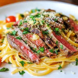 - 8 oz linguine pasta - 1 lb flank steak, thinly sliced against the grain - 1/4 cup unsalted butter, melted - 2 tablespoons fresh parsley, finely chopped - 2 cloves garlic, minced - 1 teaspoon smoked paprika - 1/2 teaspoon cayenne pepper (adjust based on spice preference) - Zest of 1 lemon - Juice of 1/2 lemon - Salt and freshly ground black pepper to taste - Grated Parmesan cheese, for serving - Optional: Cherry tomatoes, halved, for garnish Cowboy Butter Steak Linguine features rich and bold flavors. The key to this dish lies in the balance of ingredients. You need fresh and high-quality items to make it shine. Start with linguine pasta. This type of pasta is long and thin, perfect for soaking up the cowboy butter sauce. Next, we have flank steak. It is lean and flavorful. Slice it thin against the grain for the best texture. Now, for the cowboy butter. This is where the magic happens. You melt unsalted butter and mix it with garlic, lemon zest, and spices. The smoked paprika gives a nice depth, while cayenne adds a kick. You also need fresh parsley for brightness. The lemon juice adds acidity and freshness to the dish. Add salt and pepper to taste. Finally, don&rsquo;t forget the grated Parmesan cheese! It adds a creamy finish to the meal. If you want a pop of color, cherry tomatoes are a fun option. They look great and add sweetness. Gather these ingredients for a tasty cowboy butter steak linguine that will impress anyone at your dinner table! {{ingredient_image_2}} Boiling the Water Start by filling a large pot with water. Add a generous amount of salt. Bring the water to a rolling boil. Cooking Duration Once the water boils, add the linguine. Cook it according to the package directions, about 8 to 10 minutes. You want it al dente for the best texture. Draining and Reserving Water After cooking, drain the linguine in a colander. Remember to save about half a cup of the pasta water for later. Seasoning the Flank Steak Take your flank steak and cut it thin against the grain. Put it in a bowl and season it well. Use salt, pepper, smoked paprika, and cayenne pepper. Mix it all together to coat every slice. Cooking Method Heat one tablespoon of melted butter in a skillet over medium-high heat. When the butter is hot, add the steak. Cook for 2 to 3 minutes on each side. You want a nice brown crust. Aim for medium-rare for the best flavor. Heating and Saut&eacute;ing Ingredients In the same skillet, turn the heat down to medium. Add the rest of the melted butter. Let it melt and then add the minced garlic and lemon zest. Timing for Adding Garlic Saut&eacute; these ingredients for about 30 seconds. Be careful not to let the garlic burn, as this can make the dish taste bitter. Mixing Linguine with Cowboy Butter Return the drained linguine to the skillet. Toss it well in the garlic-butter mixture. If it seems dry, add a splash of the reserved pasta water. Adding Lemon Juice and Parsley Squeeze in the fresh lemon juice. Mix in half of the chopped parsley. Stir everything together until combined. Slicing the Steak Once the steak has rested, slice it into bite-sized pieces. This will make it easier to eat. Plating the Dish Serve the linguine on plates. Top each serving with the sliced steak. Finish with the remaining parsley and a sprinkle of grated Parmesan cheese. If you like, add some halved cherry tomatoes for a pop of color. Choosing the Right Cut For this dish, I love using flank steak. It has great flavor and cooks quickly. Look for a piece that is bright red with some fat. This fat will add taste and keep the meat juicy. Achieving Desired Doneness Cook the steak for about 2-3 minutes on each side. This will give you a nice brown crust. If you like medium-rare, aim for about 130&deg;F to 135&deg;F. Use a meat thermometer for accuracy. Let the steak rest for a few minutes before slicing. This helps keep the juices inside. Ensuring Al Dente Texture Cook the linguine according to the package instructions. Al dente means "to the tooth." It should be firm but not hard. This gives the pasta a nice bite and holds up well in the dish. Importance of Reserved Pasta Water Always save some pasta water before draining. This starchy water helps the sauce stick to the pasta. If the dish seems dry, add a splash of this water for creaminess. Adjusting Spiciness The cayenne pepper adds a kick, but you can adjust it. If you like less heat, use only a pinch. For more spice, add a bit more cayenne. Taste as you go! Using Fresh Ingredients Fresh herbs like parsley brighten the dish. Fresh garlic adds depth and flavor. Using fresh ingredients makes a big difference. Always choose the best quality you can find! Pro Tips Rest the Steak: Allow the seared steak to rest for a few minutes before slicing. This helps retain its juices for a more flavorful bite. Adjust Spice Level: Feel free to modify the cayenne pepper based on your spice tolerance. You can also omit it for a milder flavor. Use Fresh Herbs: For the best flavor, use fresh parsley instead of dried. Fresh herbs brighten the dish and enhance its rustic charm. Cheese Variations: Experiment with different cheeses like feta or goat cheese for a unique twist on the traditional Parmesan topping. {{image_4}} Alternative Pasta Options If you want a twist, try different pasta. You can use spaghetti, fettuccine, or even zucchini noodles. Each type gives a new taste and texture. Whole wheat or gluten-free pasta can also work well. Different Proteins Not a steak fan? You can swap flank steak for chicken or shrimp. For chicken, use boneless cuts and follow the same cooking steps. For shrimp, cook until pink and tender. Both can soak up the cowboy butter flavor nicely. Adding Vegetables Fresh veggies can boost flavor and nutrition. Spinach adds a nice touch. Toss it in during the last minute of cooking. Asparagus is another great choice. Just blanch it first for a tender bite. Substituting Fresh Herbs While parsley is great, you can try other herbs. Basil or cilantro can change the whole vibe. These herbs add freshness and a pop of color to your dish. Using Different Cheese Parmesan is a classic choice, but feel free to experiment. Try Pecorino Romano for a sharper taste. A sprinkle of feta can also add a salty kick. Cheese can elevate the dish in new ways. Experimenting with Sauces Consider adding a splash of soy sauce or Worcestershire sauce for depth. A drizzle of balsamic glaze can also bring sweetness. Mixing in a bit of cream can make the sauce richer. To keep your Cowboy Butter Steak Linguine fresh, follow these steps: - Refrigeration Guidelines: Store leftovers in the fridge within two hours. Place them in an airtight container. This helps keep flavors intact. They stay good for about 3-4 days. - Recommended Storage Containers: Use glass containers for easy reheating. They don't stain or absorb odors. If you prefer plastic, choose BPA-free types. Make sure they seal well to keep air out. When you're ready to enjoy leftovers, here are the best ways: - Best Methods to Reheat Pasta: The microwave works well. Heat on medium power in short bursts. Stir between each burst to ensure even heating. You can also reheat in a skillet over low heat. Add a splash of water or broth to keep it moist. - Keeping the Steak Tender: For reheating steak, use low heat. You can place it in the microwave for 20-30 seconds. Alternatively, warm it in a skillet with a bit of butter. This helps maintain its juicy texture. Avoid high heat to keep it from drying out. Cowboy butter is a rich, flavorful sauce that adds depth to dishes. It mixes butter with spices and herbs. The key ingredients are: - Unsalted butter - Garlic - Parsley - Lemon zest and juice - Smoked paprika - Cayenne pepper This sauce has roots in Southern and Western American cooking. It brings a rustic flair to any meal. Yes, you can prepare parts of this dish ahead. Here are some meal prep tips: - Cook the linguine and store in an airtight container. - Season and slice the steak earlier in the day. - Make the cowboy butter and keep it in the fridge. When ready to serve, just reheat the steak and butter. Combine everything for a quick meal. You can easily adjust the spice level to suit your taste. To reduce heat: - Use less cayenne pepper. - Omit it entirely for a milder flavor. - Add more butter to balance the spice. This way, you can enjoy the dish without feeling overwhelmed by heat. Yes, this dish is great for families. Here are some kid-friendly modifications: - Use less garlic to make it milder. - Skip the cayenne pepper for no heat. - Serve the steak and pasta separately for picky eaters. These small changes can help everyone at the table enjoy this tasty meal. You've learned how to make a delicious Cowboy Butter Steak Linguine dish. We covered the main ingredients, step-by-step cooking methods, and essential tips for a perfect meal. You can also enjoy various tweaks for personal taste. Remember to keep cooked leftovers safe and delicious. Have fun experimenting with flavors and ingredients. Enjoy every bite, and share this dish with family and friends. Simple cooking can lead to great meals. Now, get in the kitchen and create something special!