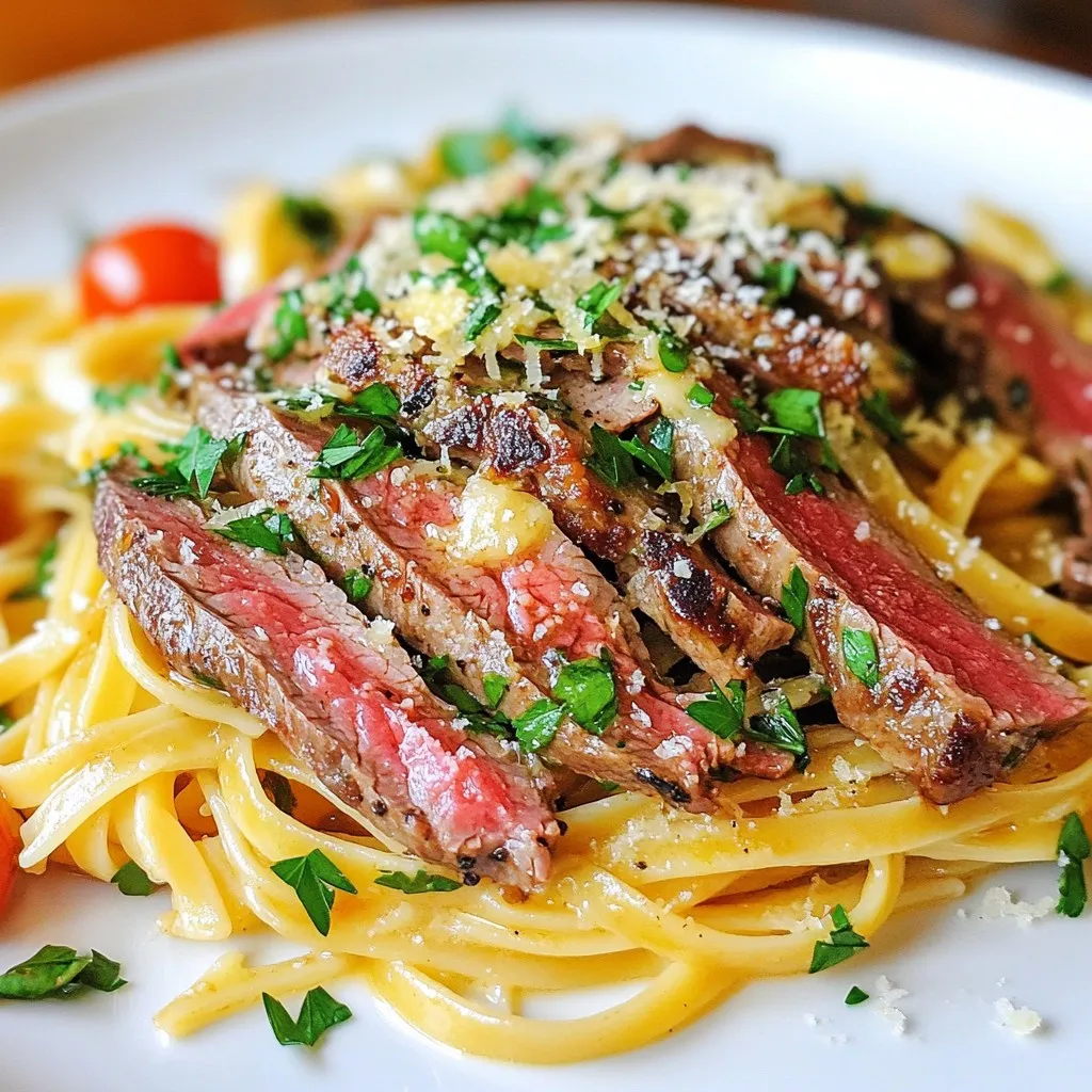- 8 oz linguine pasta - 1 lb flank steak, thinly sliced against the grain - 1/4 cup unsalted butter, melted - 2 tablespoons fresh parsley, finely chopped - 2 cloves garlic, minced - 1 teaspoon smoked paprika - 1/2 teaspoon cayenne pepper (adjust based on spice preference) - Zest of 1 lemon - Juice of 1/2 lemon - Salt and freshly ground black pepper to taste - Grated Parmesan cheese, for serving - Optional: Cherry tomatoes, halved, for garnish Cowboy Butter Steak Linguine features rich and bold flavors. The key to this dish lies in the balance of ingredients. You need fresh and high-quality items to make it shine. Start with linguine pasta. This type of pasta is long and thin, perfect for soaking up the cowboy butter sauce. Next, we have flank steak. It is lean and flavorful. Slice it thin against the grain for the best texture. Now, for the cowboy butter. This is where the magic happens. You melt unsalted butter and mix it with garlic, lemon zest, and spices. The smoked paprika gives a nice depth, while cayenne adds a kick. You also need fresh parsley for brightness. The lemon juice adds acidity and freshness to the dish. Add salt and pepper to taste. Finally, don’t forget the grated Parmesan cheese! It adds a creamy finish to the meal. If you want a pop of color, cherry tomatoes are a fun option. They look great and add sweetness. Gather these ingredients for a tasty cowboy butter steak linguine that will impress anyone at your dinner table! {{ingredient_image_2}} Boiling the Water Start by filling a large pot with water. Add a generous amount of salt. Bring the water to a rolling boil. Cooking Duration Once the water boils, add the linguine. Cook it according to the package directions, about 8 to 10 minutes. You want it al dente for the best texture. Draining and Reserving Water After cooking, drain the linguine in a colander. Remember to save about half a cup of the pasta water for later. Seasoning the Flank Steak Take your flank steak and cut it thin against the grain. Put it in a bowl and season it well. Use salt, pepper, smoked paprika, and cayenne pepper. Mix it all together to coat every slice. Cooking Method Heat one tablespoon of melted butter in a skillet over medium-high heat. When the butter is hot, add the steak. Cook for 2 to 3 minutes on each side. You want a nice brown crust. Aim for medium-rare for the best flavor. Heating and Sautéing Ingredients In the same skillet, turn the heat down to medium. Add the rest of the melted butter. Let it melt and then add the minced garlic and lemon zest. Timing for Adding Garlic Sauté these ingredients for about 30 seconds. Be careful not to let the garlic burn, as this can make the dish taste bitter. Mixing Linguine with Cowboy Butter Return the drained linguine to the skillet. Toss it well in the garlic-butter mixture. If it seems dry, add a splash of the reserved pasta water. Adding Lemon Juice and Parsley Squeeze in the fresh lemon juice. Mix in half of the chopped parsley. Stir everything together until combined. Slicing the Steak Once the steak has rested, slice it into bite-sized pieces. This will make it easier to eat. Plating the Dish Serve the linguine on plates. Top each serving with the sliced steak. Finish with the remaining parsley and a sprinkle of grated Parmesan cheese. If you like, add some halved cherry tomatoes for a pop of color. Choosing the Right Cut For this dish, I love using flank steak. It has great flavor and cooks quickly. Look for a piece that is bright red with some fat. This fat will add taste and keep the meat juicy. Achieving Desired Doneness Cook the steak for about 2-3 minutes on each side. This will give you a nice brown crust. If you like medium-rare, aim for about 130°F to 135°F. Use a meat thermometer for accuracy. Let the steak rest for a few minutes before slicing. This helps keep the juices inside. Ensuring Al Dente Texture Cook the linguine according to the package instructions. Al dente means "to the tooth." It should be firm but not hard. This gives the pasta a nice bite and holds up well in the dish. Importance of Reserved Pasta Water Always save some pasta water before draining. This starchy water helps the sauce stick to the pasta. If the dish seems dry, add a splash of this water for creaminess. Adjusting Spiciness The cayenne pepper adds a kick, but you can adjust it. If you like less heat, use only a pinch. For more spice, add a bit more cayenne. Taste as you go! Using Fresh Ingredients Fresh herbs like parsley brighten the dish. Fresh garlic adds depth and flavor. Using fresh ingredients makes a big difference. Always choose the best quality you can find! Pro Tips Rest the Steak: Allow the seared steak to rest for a few minutes before slicing. This helps retain its juices for a more flavorful bite. Adjust Spice Level: Feel free to modify the cayenne pepper based on your spice tolerance. You can also omit it for a milder flavor. Use Fresh Herbs: For the best flavor, use fresh parsley instead of dried. Fresh herbs brighten the dish and enhance its rustic charm. Cheese Variations: Experiment with different cheeses like feta or goat cheese for a unique twist on the traditional Parmesan topping. {{image_4}} Alternative Pasta Options If you want a twist, try different pasta. You can use spaghetti, fettuccine, or even zucchini noodles. Each type gives a new taste and texture. Whole wheat or gluten-free pasta can also work well. Different Proteins Not a steak fan? You can swap flank steak for chicken or shrimp. For chicken, use boneless cuts and follow the same cooking steps. For shrimp, cook until pink and tender. Both can soak up the cowboy butter flavor nicely. Adding Vegetables Fresh veggies can boost flavor and nutrition. Spinach adds a nice touch. Toss it in during the last minute of cooking. Asparagus is another great choice. Just blanch it first for a tender bite. Substituting Fresh Herbs While parsley is great, you can try other herbs. Basil or cilantro can change the whole vibe. These herbs add freshness and a pop of color to your dish. Using Different Cheese Parmesan is a classic choice, but feel free to experiment. Try Pecorino Romano for a sharper taste. A sprinkle of feta can also add a salty kick. Cheese can elevate the dish in new ways. Experimenting with Sauces Consider adding a splash of soy sauce or Worcestershire sauce for depth. A drizzle of balsamic glaze can also bring sweetness. Mixing in a bit of cream can make the sauce richer. To keep your Cowboy Butter Steak Linguine fresh, follow these steps: - Refrigeration Guidelines: Store leftovers in the fridge within two hours. Place them in an airtight container. This helps keep flavors intact. They stay good for about 3-4 days. - Recommended Storage Containers: Use glass containers for easy reheating. They don't stain or absorb odors. If you prefer plastic, choose BPA-free types. Make sure they seal well to keep air out. When you're ready to enjoy leftovers, here are the best ways: - Best Methods to Reheat Pasta: The microwave works well. Heat on medium power in short bursts. Stir between each burst to ensure even heating. You can also reheat in a skillet over low heat. Add a splash of water or broth to keep it moist. - Keeping the Steak Tender: For reheating steak, use low heat. You can place it in the microwave for 20-30 seconds. Alternatively, warm it in a skillet with a bit of butter. This helps maintain its juicy texture. Avoid high heat to keep it from drying out. Cowboy butter is a rich, flavorful sauce that adds depth to dishes. It mixes butter with spices and herbs. The key ingredients are: - Unsalted butter - Garlic - Parsley - Lemon zest and juice - Smoked paprika - Cayenne pepper This sauce has roots in Southern and Western American cooking. It brings a rustic flair to any meal. Yes, you can prepare parts of this dish ahead. Here are some meal prep tips: - Cook the linguine and store in an airtight container. - Season and slice the steak earlier in the day. - Make the cowboy butter and keep it in the fridge. When ready to serve, just reheat the steak and butter. Combine everything for a quick meal. You can easily adjust the spice level to suit your taste. To reduce heat: - Use less cayenne pepper. - Omit it entirely for a milder flavor. - Add more butter to balance the spice. This way, you can enjoy the dish without feeling overwhelmed by heat. Yes, this dish is great for families. Here are some kid-friendly modifications: - Use less garlic to make it milder. - Skip the cayenne pepper for no heat. - Serve the steak and pasta separately for picky eaters. These small changes can help everyone at the table enjoy this tasty meal. You've learned how to make a delicious Cowboy Butter Steak Linguine dish. We covered the main ingredients, step-by-step cooking methods, and essential tips for a perfect meal. You can also enjoy various tweaks for personal taste. Remember to keep cooked leftovers safe and delicious. Have fun experimenting with flavors and ingredients. Enjoy every bite, and share this dish with family and friends. Simple cooking can lead to great meals. Now, get in the kitchen and create something special!