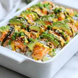 - 2 cups sushi rice - 2 1/2 cups water - 1/2 cup mayonnaise - 2 tablespoons sriracha (adjust to taste for spiciness) - 1 lb fresh salmon fillet, skin removed - 1 tablespoon soy sauce - 1 avocado, sliced thin - 2 green onions, finely chopped - 1 tablespoon sesame seeds, toasted - 1 sheet of nori, cut into strips (for garnish) - Optional: pickled ginger and extra sriracha for serving If you want to change things up, try these swaps: - Use brown rice instead of sushi rice for a nuttier flavor. - Swap out salmon for crab or shrimp if you prefer. - Try Greek yogurt instead of mayonnaise for a lighter option. - Use chili garlic sauce instead of sriracha for more heat. Fresh ingredients make a big difference in this dish. Here&rsquo;s how to choose the best: - Look for sushi rice that is shiny and has a plump shape. - Choose salmon that smells fresh, not fishy. The flesh should be bright and firm. - Pick ripe avocados that yield slightly when you press them. - Use green onions that have bright green tops. Avoid any wilting or browning. - Buy mayonnaise that has no preservatives for the best flavor. Using fresh ingredients will help your Spicy Salmon Sushi Bake shine! {{ingredient_image_2}} To start, rinse 2 cups of sushi rice in cold water. Use a fine-mesh sieve to wash away the extra starch. Keep rinsing until the water is clear. This step helps the rice become sticky and perfect for sushi. Next, put the rinsed rice in a medium pot. Add 2 1/2 cups of water. Bring it to a boil over medium-high heat. Once it boils, lower the heat, cover, and let it simmer for 20 minutes. After 20 minutes, turn off the heat but keep the lid on. Let it sit for 10 more minutes to finish steaming. While the rice cooks, prepare the salmon. Take 1 pound of fresh salmon fillet and remove the skin. Season it with 1 tablespoon of soy sauce on both sides. Line a baking sheet with parchment paper and place the salmon on it. Bake in your preheated oven at 350&deg;F (175&deg;C) for about 12-15 minutes. The salmon should be fully cooked and flake easily with a fork. Once done, take it out and let it cool for a few minutes. After the salmon cools, flake it into small pieces using a fork. In a bowl, mix the flaked salmon with half of the spicy mayo you made earlier. This adds flavor to the salmon. Now, take a large baking dish and spread the sushi rice evenly across the bottom. Press it down gently with a spatula to make a flat layer. Next, add the salmon mixture on top of the rice and spread it out evenly. Drizzle the remaining spicy mayo over the salmon layer. Bake the dish again for 10-15 minutes until the top is golden and slightly crispy. After baking, let it cool for a few minutes. Slice it into squares, then top each square with avocado slices, green onions, and sesame seeds. Finish with nori strips for a nice touch. Serve warm with pickled ginger and more sriracha on the side. To get the best texture in your Spicy Salmon Sushi Bake, follow these steps: - Rinse the sushi rice until the water runs clear. This removes excess starch. - Cook the rice on low heat and let it steam with the lid on for 30 minutes. This gives the rice a sticky and chewy texture. - Flake the salmon gently after baking. This keeps it tender and moist. These small details make a big difference in your final dish. Here are some common mistakes to watch out for: - Don&rsquo;t skip rinsing the rice. This can result in gummy rice. - Avoid overcooking the salmon. It should flake easily but not be dry. - Make sure you let the sushi bake cool slightly before cutting. This helps it hold its shape better. Staying aware of these mistakes can save you from a kitchen disaster. Want to take your dish to the next level? Try these flavor boosts: - Add more sriracha for extra heat in your spicy mayo. - Mix in some lime juice with the salmon for a zesty kick. - Top it with fresh herbs like cilantro or basil for a fresh taste. These enhancements can elevate your dish and impress your guests. Pro Tips Use Short Grain Sushi Rice: Short grain rice is stickier and holds together better than long grain, making it perfect for sushi bake. Adjust the Spice Level: Feel free to customize the amount of sriracha in the mayonnaise to suit your taste; start with less and add more as needed. Let the Bake Rest: Allow the sushi bake to cool for a few minutes before cutting; this helps it set and makes serving easier. Garnish for Color: Add vibrant garnishes like sliced radishes or microgreens to enhance the presentation and add freshness. {{image_4}} You can switch up the fish in this recipe. Try using cooked shrimp for a tasty twist. Tuna works well too, especially when mixed with the spicy mayo. If you prefer white fish, cod or halibut can be great options. These changes keep the dish exciting without losing the flavor. For a vegetarian version, replace the salmon with marinated tofu. Firm tofu holds up well in the bake. You can also use mushrooms to add a meaty texture. If you want a vegan option, make the spicy mayo with vegan mayonnaise. You&rsquo;ll still enjoy the same creamy, spicy kick without any animal products. Feel free to adjust the flavors to suit your taste. Adding more sriracha gives extra heat. You can also mix in a bit of lime juice for brightness. To add depth, consider a sprinkle of garlic powder or a dash of sesame oil. These easy tweaks help you create a dish that&rsquo;s truly your own. To keep your Spicy Salmon Sushi Bake fresh, store leftovers in an airtight container. Let it cool to room temperature before sealing. Place it in the fridge for up to three days. Make sure to cover it well to prevent any odors from affecting the taste. When you're ready to enjoy leftovers, preheat your oven to 350&deg;F (175&deg;C). Place the sushi bake in an oven-safe dish. Cover it with foil to keep moisture in. Heat for about 15 to 20 minutes or until warm throughout. You can also microwave it on a microwave-safe plate for 1 to 2 minutes. Just check that it is heated evenly. If you want to save some for later, you can freeze it. Cut the sushi bake into squares before freezing. Wrap each square tightly in plastic wrap and then place them in a freezer bag. It can last for up to two months. To enjoy, thaw it in the fridge overnight before reheating. This method keeps the flavors and texture intact. You can prepare this dish ahead of time. Cook the sushi rice and bake the salmon. Let them cool, then store them separately in the fridge. When ready to serve, combine the salmon with the spicy mayo. Spread the rice in your baking dish, add the salmon, and bake it just before serving. This way, you keep the flavors fresh! Yes, you can use cooked salmon. Shredded cooked salmon works well too. Just make sure to mix it with the spicy mayo just like with raw salmon. This will keep the creamy texture and enhance the flavor. The overall dish will still taste great! This dish pairs well with various sides. You can serve it with: - Pickled ginger - Extra sriracha for spice - A fresh salad for crunch - Edamame for a protein boost - Seaweed salad for added flavor These sides complement the sushi bake and make for a fun meal! This blog post shared how to create a delicious Spicy Salmon Sushi Bake. We covered the key ingredients and gave you tips on fresh options. The step-by-step instructions made preparing sushi rice and baking salmon easy. I also shared tricks to get the right texture and avoid common mistakes. In the end, you can tailor this dish to your taste. Try alternative proteins or flavors for a fun twist. With proper storage and reheating advice, enjoy your sushi bake anytime. Now, you&rsquo;re ready to impress your friends and family!
