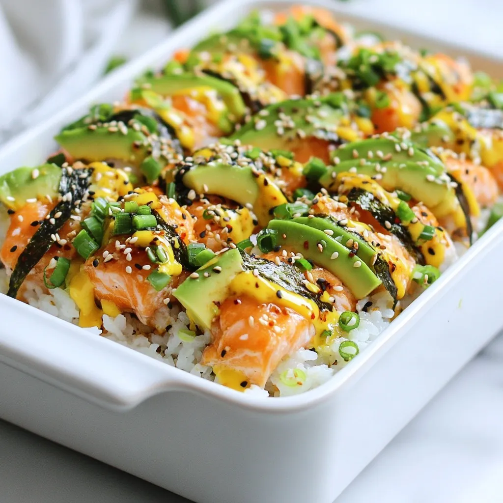 - 2 cups sushi rice - 2 1/2 cups water - 1/2 cup mayonnaise - 2 tablespoons sriracha (adjust to taste for spiciness) - 1 lb fresh salmon fillet, skin removed - 1 tablespoon soy sauce - 1 avocado, sliced thin - 2 green onions, finely chopped - 1 tablespoon sesame seeds, toasted - 1 sheet of nori, cut into strips (for garnish) - Optional: pickled ginger and extra sriracha for serving If you want to change things up, try these swaps: - Use brown rice instead of sushi rice for a nuttier flavor. - Swap out salmon for crab or shrimp if you prefer. - Try Greek yogurt instead of mayonnaise for a lighter option. - Use chili garlic sauce instead of sriracha for more heat. Fresh ingredients make a big difference in this dish. Here’s how to choose the best: - Look for sushi rice that is shiny and has a plump shape. - Choose salmon that smells fresh, not fishy. The flesh should be bright and firm. - Pick ripe avocados that yield slightly when you press them. - Use green onions that have bright green tops. Avoid any wilting or browning. - Buy mayonnaise that has no preservatives for the best flavor. Using fresh ingredients will help your Spicy Salmon Sushi Bake shine! {{ingredient_image_2}} To start, rinse 2 cups of sushi rice in cold water. Use a fine-mesh sieve to wash away the extra starch. Keep rinsing until the water is clear. This step helps the rice become sticky and perfect for sushi. Next, put the rinsed rice in a medium pot. Add 2 1/2 cups of water. Bring it to a boil over medium-high heat. Once it boils, lower the heat, cover, and let it simmer for 20 minutes. After 20 minutes, turn off the heat but keep the lid on. Let it sit for 10 more minutes to finish steaming. While the rice cooks, prepare the salmon. Take 1 pound of fresh salmon fillet and remove the skin. Season it with 1 tablespoon of soy sauce on both sides. Line a baking sheet with parchment paper and place the salmon on it. Bake in your preheated oven at 350°F (175°C) for about 12-15 minutes. The salmon should be fully cooked and flake easily with a fork. Once done, take it out and let it cool for a few minutes. After the salmon cools, flake it into small pieces using a fork. In a bowl, mix the flaked salmon with half of the spicy mayo you made earlier. This adds flavor to the salmon. Now, take a large baking dish and spread the sushi rice evenly across the bottom. Press it down gently with a spatula to make a flat layer. Next, add the salmon mixture on top of the rice and spread it out evenly. Drizzle the remaining spicy mayo over the salmon layer. Bake the dish again for 10-15 minutes until the top is golden and slightly crispy. After baking, let it cool for a few minutes. Slice it into squares, then top each square with avocado slices, green onions, and sesame seeds. Finish with nori strips for a nice touch. Serve warm with pickled ginger and more sriracha on the side. To get the best texture in your Spicy Salmon Sushi Bake, follow these steps: - Rinse the sushi rice until the water runs clear. This removes excess starch. - Cook the rice on low heat and let it steam with the lid on for 30 minutes. This gives the rice a sticky and chewy texture. - Flake the salmon gently after baking. This keeps it tender and moist. These small details make a big difference in your final dish. Here are some common mistakes to watch out for: - Don’t skip rinsing the rice. This can result in gummy rice. - Avoid overcooking the salmon. It should flake easily but not be dry. - Make sure you let the sushi bake cool slightly before cutting. This helps it hold its shape better. Staying aware of these mistakes can save you from a kitchen disaster. Want to take your dish to the next level? Try these flavor boosts: - Add more sriracha for extra heat in your spicy mayo. - Mix in some lime juice with the salmon for a zesty kick. - Top it with fresh herbs like cilantro or basil for a fresh taste. These enhancements can elevate your dish and impress your guests. Pro Tips Use Short Grain Sushi Rice: Short grain rice is stickier and holds together better than long grain, making it perfect for sushi bake. Adjust the Spice Level: Feel free to customize the amount of sriracha in the mayonnaise to suit your taste; start with less and add more as needed. Let the Bake Rest: Allow the sushi bake to cool for a few minutes before cutting; this helps it set and makes serving easier. Garnish for Color: Add vibrant garnishes like sliced radishes or microgreens to enhance the presentation and add freshness. {{image_4}} You can switch up the fish in this recipe. Try using cooked shrimp for a tasty twist. Tuna works well too, especially when mixed with the spicy mayo. If you prefer white fish, cod or halibut can be great options. These changes keep the dish exciting without losing the flavor. For a vegetarian version, replace the salmon with marinated tofu. Firm tofu holds up well in the bake. You can also use mushrooms to add a meaty texture. If you want a vegan option, make the spicy mayo with vegan mayonnaise. You’ll still enjoy the same creamy, spicy kick without any animal products. Feel free to adjust the flavors to suit your taste. Adding more sriracha gives extra heat. You can also mix in a bit of lime juice for brightness. To add depth, consider a sprinkle of garlic powder or a dash of sesame oil. These easy tweaks help you create a dish that’s truly your own. To keep your Spicy Salmon Sushi Bake fresh, store leftovers in an airtight container. Let it cool to room temperature before sealing. Place it in the fridge for up to three days. Make sure to cover it well to prevent any odors from affecting the taste. When you're ready to enjoy leftovers, preheat your oven to 350°F (175°C). Place the sushi bake in an oven-safe dish. Cover it with foil to keep moisture in. Heat for about 15 to 20 minutes or until warm throughout. You can also microwave it on a microwave-safe plate for 1 to 2 minutes. Just check that it is heated evenly. If you want to save some for later, you can freeze it. Cut the sushi bake into squares before freezing. Wrap each square tightly in plastic wrap and then place them in a freezer bag. It can last for up to two months. To enjoy, thaw it in the fridge overnight before reheating. This method keeps the flavors and texture intact. You can prepare this dish ahead of time. Cook the sushi rice and bake the salmon. Let them cool, then store them separately in the fridge. When ready to serve, combine the salmon with the spicy mayo. Spread the rice in your baking dish, add the salmon, and bake it just before serving. This way, you keep the flavors fresh! Yes, you can use cooked salmon. Shredded cooked salmon works well too. Just make sure to mix it with the spicy mayo just like with raw salmon. This will keep the creamy texture and enhance the flavor. The overall dish will still taste great! This dish pairs well with various sides. You can serve it with: - Pickled ginger - Extra sriracha for spice - A fresh salad for crunch - Edamame for a protein boost - Seaweed salad for added flavor These sides complement the sushi bake and make for a fun meal! This blog post shared how to create a delicious Spicy Salmon Sushi Bake. We covered the key ingredients and gave you tips on fresh options. The step-by-step instructions made preparing sushi rice and baking salmon easy. I also shared tricks to get the right texture and avoid common mistakes. In the end, you can tailor this dish to your taste. Try alternative proteins or flavors for a fun twist. With proper storage and reheating advice, enjoy your sushi bake anytime. Now, you’re ready to impress your friends and family!