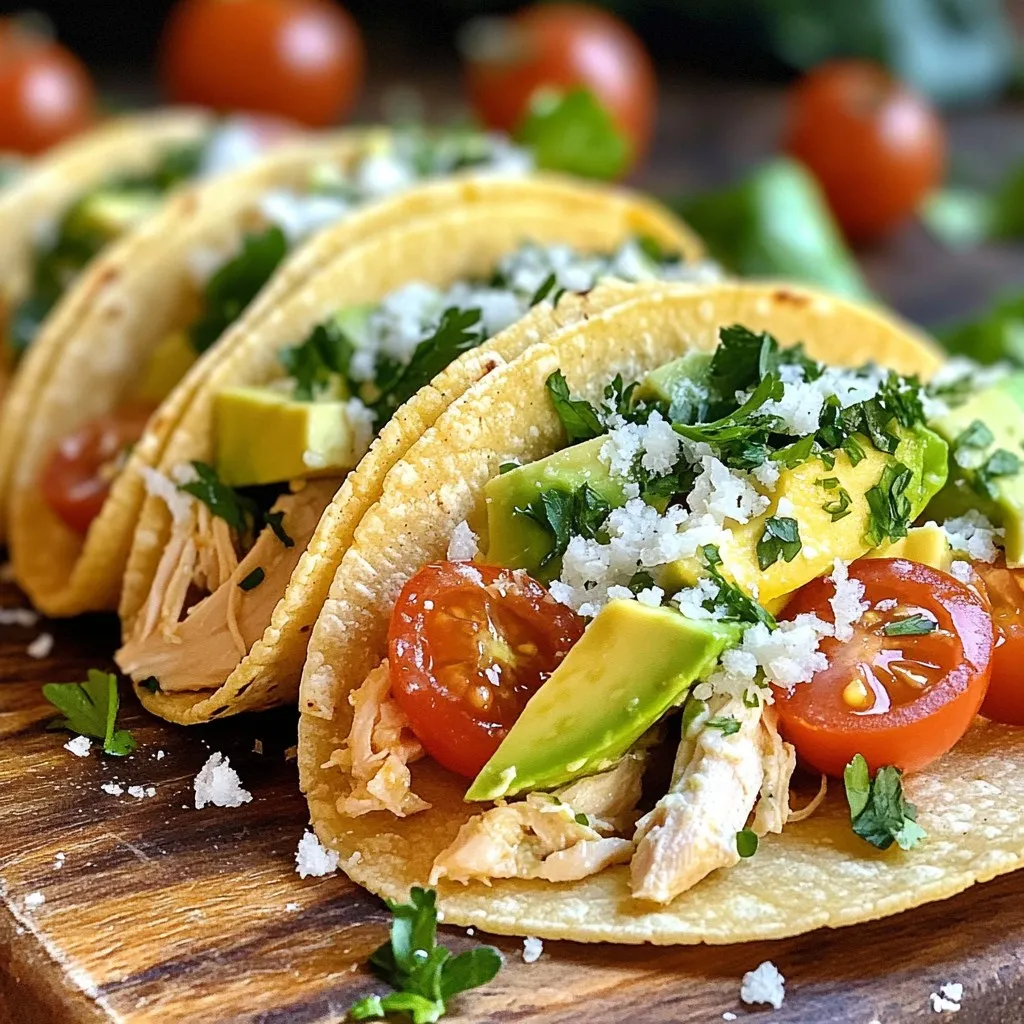 - 2 cups cooked chicken, shredded - 1/2 cup Caesar dressing - 1 cup fresh romaine lettuce, chopped - 1/2 cup cherry tomatoes, halved - 1/4 cup grated Parmesan cheese - 8 small corn tortillas - 1 ripe avocado, sliced - 1 tablespoon extra virgin olive oil - Salt and freshly ground pepper, to taste - Fresh parsley, finely chopped, for garnish To make Smash Chicken Caesar Tacos, you need fresh and simple ingredients. Start with cooked chicken, shredded to create a tender base. I love using Caesar dressing for its creamy and tangy taste. Fresh romaine lettuce adds crunch, while halved cherry tomatoes bring a burst of sweetness. Don’t skip on the grated Parmesan cheese; it gives a rich flavor. For the shells, use small corn tortillas, which warm up nicely. Slices of ripe avocado add creaminess. A drizzle of extra virgin olive oil enhances all the flavors. Finally, season with salt and freshly ground pepper. Garnish with fresh parsley for a pop of color. Each ingredient plays a role in making this meal delicious and satisfying. {{ingredient_image_2}} In a large bowl, combine the shredded chicken and Caesar dressing. Mix well to coat the chicken. Make sure every piece is covered in the creamy dressing. Taste the mixture and adjust with salt and freshly ground pepper. This step is key. The right seasoning brings out the best flavors. In another bowl, toss the chopped romaine lettuce and halved cherry tomatoes. Drizzle them with a bit of olive oil. Add a pinch of salt to enhance the taste. This light salad adds freshness and crunch to your tacos. Keep the lettuce crisp for a nice texture. Preheat a dry skillet over medium heat. Add each corn tortilla one at a time, heating for about 30 seconds on each side. This warming makes the tortillas soft and easy to fold. Warm tortillas help hold all the delicious filling together. Take a warm tortilla and place it on a plate. Add a generous scoop of the Caesar chicken mixture to the center. Let the tasty chicken shine through. Top it off with the salad mixture and slices of creamy avocado. Finish with a sprinkle of grated Parmesan cheese. This adds a rich flavor that completes the dish. For a pop of color, add fresh parsley as a garnish on each taco. This simple touch makes your dish look great. Serve the tacos right away while the tortillas are warm. Enjoy the vibrant flavors and textures in every bite. - You can prepare the chicken and Caesar dressing a day in advance. This saves time later. Just store them in separate containers in the fridge. - For leftovers, keep tacos assembled and unassembled separately. This keeps them fresh longer. Store the chicken mixture and toppings in airtight containers. - Want some heat? Spice it up with sliced jalapeños or a drizzle of hot sauce. - You can also add toppings like crunchy radishes or fresh cilantro for extra flavor and color. - To shred chicken quickly, use two forks or your hands. This makes it easy to break it apart. - When heating tortillas, keep them warm in a clean kitchen towel. This helps them stay pliable and soft for folding. Pro Tips Warm Tortillas: For the best texture, warm your tortillas in a dry skillet just before serving. This makes them pliable and enhances their flavor. Chicken Variations: Feel free to use leftover rotisserie chicken or any cooked chicken you have on hand to save time and add extra flavor. Garnish Smartly: Experiment with different garnishes like croutons or capers for added crunch and flavor contrast. Make Ahead: You can prep the chicken mixture and salad in advance. Just assemble the tacos right before serving for the freshest taste. {{image_4}} You can switch up the protein in these tacos. Grilled shrimp or steak adds a fun twist. Just cook the shrimp or steak to your liking, slice it thin, and mix it with the Caesar dressing. This gives a new taste and texture. If you prefer a vegetarian option, try chickpeas or tofu. Season the chickpeas with spices and roast them for crunch. For tofu, press it to remove water, cube it, and sauté until golden. Toss with your Caesar dressing for a hearty filling. While Caesar dressing is classic here, you can get creative. Ranch dressing gives a creamy, tangy flavor. Balsamic vinaigrette adds a sweet and tart kick. Feel free to mix and match to find your favorite. For a dairy-free option, use a homemade Caesar dressing. Combine cashews, lemon juice, garlic, and nutritional yeast for a tasty alternative. This option keeps the flavors bold while being friendly for those with dietary needs. The type of taco shell matters! Flour tortillas are soft and chewy. They hold the filling well. Corn tortillas have a distinct flavor and are gluten-free. Warm them up for the best taste. If you're looking for a low-carb choice, lettuce wraps work great. Use large romaine or butter lettuce leaves. They add crunch and freshness. Just fill the leaves like you would a taco, and enjoy a lighter meal. To store leftover tacos, wrap each one in plastic wrap. This helps keep them fresh. Place them in a sealed container in the fridge. If you have extra ingredients, keep them in separate containers. This way, your toppings stay crisp. For best results, eat leftover tacos within two days. The longer they sit, the less fresh they taste. If you want to enjoy them later, consider freezing. You can freeze the chicken Caesar mixture for later use. Place it in a freezer-safe bag. Be sure to remove excess air before sealing. This helps prevent freezer burn. When you want to eat it, defrost the mixture in the fridge overnight. After thawing, reheat it in a skillet or microwave. Make sure it’s heated through before serving. Cooked chicken lasts about three to four days in the fridge. Other ingredients, like lettuce and tomatoes, are best eaten within two days. If you notice any off smells or slimy textures, it's time to throw them away. Always check your food to avoid spoilage. If you want a different taste, you can try ranch dressing. It adds a creamy touch. You can also use Greek yogurt mixed with lemon juice for a lighter option. For a vegan choice, look for avocado or tahini dressings. Each option gives a new twist to your tacos. Absolutely! Using rotisserie chicken saves time. Just shred the chicken and mix it with Caesar dressing. This way, you keep the dish quick and easy. The flavor stays rich, and you enjoy less prep work. To make these tacos gluten-free, choose corn tortillas. They are naturally gluten-free. Look for brands that ensure no cross-contamination. Remember to check the label for safe ingredients. You can also try lettuce wraps for a fresh, low-carb option. Each serving has about 450 calories. You get protein from the chicken and healthy fats from the avocado. The grated Parmesan adds calcium. This meal also includes fiber from the lettuce and tomatoes. For a balanced meal, enjoy these tacos with a side salad. For some heat, add diced jalapeños to the chicken mixture. You can also drizzle hot sauce on top before serving. Another option is to use spicy Caesar dressing. Each choice will kick up the flavor and make your tacos exciting. In this article, we explored how to make delicious Smash Chicken Caesar Tacos. We covered key ingredients, step-by-step instructions, and variations. You can customize the recipe to fit your taste and enjoy it at any time. Remember to store leftovers carefully and keep ingredients fresh. Have fun trying new toppings and flavor ideas. This recipe is simple, tasty, and perfect for any occasion. Enjoy your tacos!