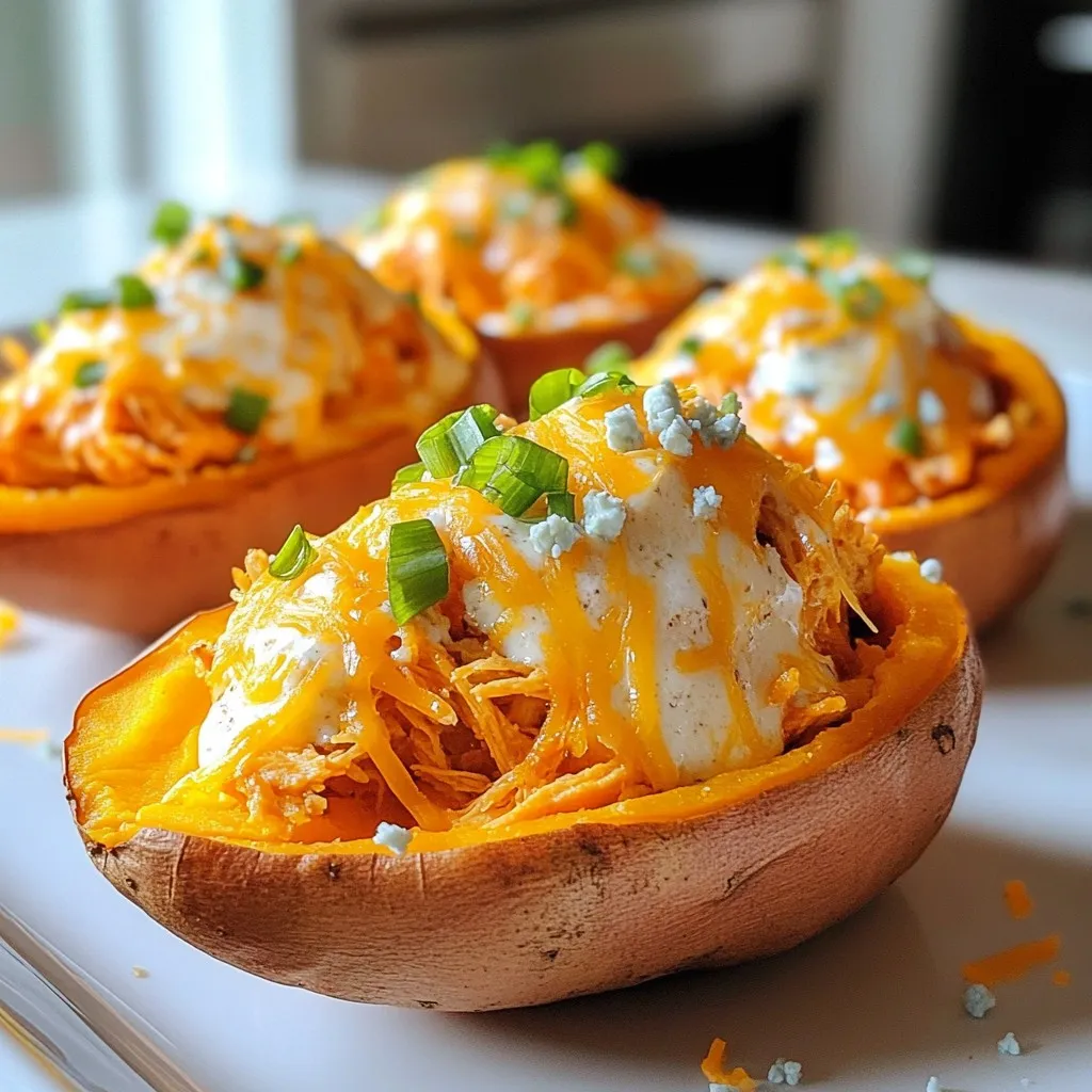 - 4 medium sweet potatoes - 2 cups shredded cooked chicken - &frac12; cup buffalo sauce - &frac12; cup cream cheese, softened - &frac12; cup shredded cheddar cheese - 3 green onions, finely chopped - Salt and pepper to taste - 2 tablespoons olive oil - Optional toppings: blue cheese crumbles, additional chopped green onions, ranch dressing If you want to change things up, try these ideas: - Use rotisserie chicken for quick prep. - Swap cream cheese with Greek yogurt for a lighter touch. - Replace cheddar cheese with mozzarella for a milder flavor. - Try different hot sauces if you want a unique kick. Here are some handy conversions: - &frac12; cup = 120 milliliters - 2 tablespoons = 30 milliliters - 4 medium sweet potatoes = about 1.5 pounds - 1 cup shredded chicken = about 150 grams These ingredients will help you create a tasty dish. Feel free to experiment with alternatives to match your taste. Enjoy cooking! {{ingredient_image_2}} Start by preheating your oven to 400&deg;F (200&deg;C). This step warms the oven for baking. Rinse each sweet potato under cold water. This removes dirt and grit. Use a fork to poke holes in the potatoes. Doing this lets steam escape while they cook. Next, coat the sweet potatoes with olive oil. Sprinkle them with salt. This adds flavor. Place them on a baking sheet and put them in the oven. Bake for about 45-60 minutes. They are ready when a fork easily pierces them. While the sweet potatoes bake, it's time to make the filling. In a mixing bowl, combine the shredded cooked chicken and buffalo sauce. Stir them together until the chicken is well coated. This gives your filling a spicy kick. Now, add the softened cream cheese. Mix it in well to create a creamy texture. If you want more heat, add extra buffalo sauce. It&rsquo;s all about your taste. Once the sweet potatoes are tender, take them out of the oven. Let them cool for 5-10 minutes. Slice each potato in half lengthwise. Carefully scoop some flesh out to create a well for the filling. You can mix this scooped flesh into the chicken filling for added creaminess. Next, fill each sweet potato half with the buffalo chicken mixture. Pack it in well to ensure every bite is flavorful. Top each potato with shredded cheddar cheese. Now, return the stuffed sweet potatoes to the oven. Bake them for another 10-15 minutes. You want the cheese to melt and bubble. After baking, let them sit for a minute. Garnish with chopped green onions. You can also add optional toppings like blue cheese or ranch dressing. These give an extra burst of flavor. Enjoy your delicious Buffalo Chicken Stuffed Sweet Potatoes! To get sweet potatoes just right, choose medium-sized ones. They cook evenly and hold their shape. Always rinse them well to remove dirt. Poking holes with a fork lets steam escape. Coat them with olive oil and salt for flavor. Bake until tender, around 45-60 minutes. Test by poking them with a fork. If they are soft all the way through, they are ready! Buffalo sauce has varying heat levels. You can adjust the spiciness to fit your taste. Start with a half cup of buffalo sauce. Mix it into the chicken well. If you like more heat, add an extra tablespoon or two. You can also add some cayenne pepper for a kick. Don't forget to taste the mixture as you go! When serving, presentation matters. Place the stuffed sweet potatoes on a large platter. Drizzle some extra buffalo sauce around the edge for flair. A sprinkle of fresh green onions on top adds color. You can also add blue cheese crumbles for a rich taste. This makes the dish look amazing and appetizing! Pro Tips Adjust the Spice Level: If you prefer a milder flavor, reduce the amount of buffalo sauce or use a milder variety. Always taste as you go to find your perfect balance. Enhance Creaminess: For an even creamier filling, consider adding a dollop of sour cream or Greek yogurt along with the cream cheese. This will add a tangy flavor and smooth texture. Perfectly Baked Sweet Potatoes: To ensure even cooking, choose sweet potatoes that are similar in size. This will help them bake uniformly in the oven. Fun Toppings: Get creative with toppings! Besides green onions and blue cheese, try adding jalape&ntilde;os, diced tomatoes, or avocado for an extra burst of flavor and texture. {{image_4}} You can make a tasty vegetarian version of buffalo chicken stuffed sweet potatoes. Instead of chicken, use shredded cauliflower or chickpeas. Both options provide a hearty base. Mix them with buffalo sauce and cream cheese for a creamy filling. You can also add black beans for extra protein. Top with shredded cheese and bake just like the original recipe. This version keeps the bold flavors while being meat-free. For a low-carb twist, swap out the sweet potatoes for zucchini boats or bell peppers. Cut them in half and scoop out the insides. Then, fill them with the buffalo chicken mix. Bake until tender. You still get that delicious buffalo flavor, but with fewer carbs. This way, you can enjoy a lighter meal without missing out on taste. Feel free to experiment with different sauces. Try barbecue sauce for a sweeter taste or garlic sauce for a zing. You can also switch up the cheese. Use mozzarella for a milder flavor or pepper jack for extra spice. Mix and match until you find your perfect combo. These changes keep the dish fresh and fun with every bite. After enjoying your Buffalo Chicken Stuffed Sweet Potatoes, you may have some leftovers. To store them, let the sweet potatoes cool to room temperature. Then, wrap each one tightly in plastic wrap or place them in an airtight container. These can last in the fridge for up to three days. Keeping them sealed will help preserve their flavor and moisture. When you're ready to enjoy your leftovers, reheating is simple. Preheat your oven to 350&deg;F (175&deg;C). Place the stuffed sweet potatoes on a baking sheet. Cover them with foil to keep them moist. Heat for about 15-20 minutes or until warmed through. If you're in a hurry, you can use the microwave. Place a potato on a microwave-safe plate and heat for 2-3 minutes, checking for warmth. If you want to save your stuffed sweet potatoes for later, you can freeze them. First, let them cool completely. Then, wrap each potato tightly in plastic wrap and place them in a freezer-safe bag. Make sure to remove as much air as possible. Frozen, they can last up to three months. When you're ready to eat, thaw them in the fridge overnight before reheating. Yes, you can use regular potatoes. They will change the taste and texture. Sweet potatoes add a sweet flavor and soft texture. Regular potatoes are more starchy and firmer. If you prefer a milder flavor, go for regular potatoes. Just remember to adjust the cooking time. Regular potatoes may need a few more minutes to cook through. The best buffalo sauce depends on your taste. I love using a classic brand with a good balance of heat and flavor. Look for sauces that have a rich, buttery taste. If you prefer less spice, choose a milder sauce. You can also make your own by mixing hot sauce with butter. This way, you control the heat and flavor. Making buffalo chicken stuffed sweet potatoes ahead is easy! Prepare the sweet potatoes and filling separately. Bake the sweet potatoes and let them cool. Mix the chicken with buffalo sauce and cream cheese. Store them in the fridge. When you're ready to eat, fill the sweet potatoes and bake them. This method saves time and keeps flavors fresh. You&rsquo;ve learned about making stuffed sweet potatoes. We covered ingredients, prepping, and cooking steps. I shared tips for great texture and spice control. You can try variations like vegetarian or low-carb options. Remember to store leftovers properly for fresh meals later. With all this, you can enjoy a fun and tasty dish. So gather your ingredients and get cooking!