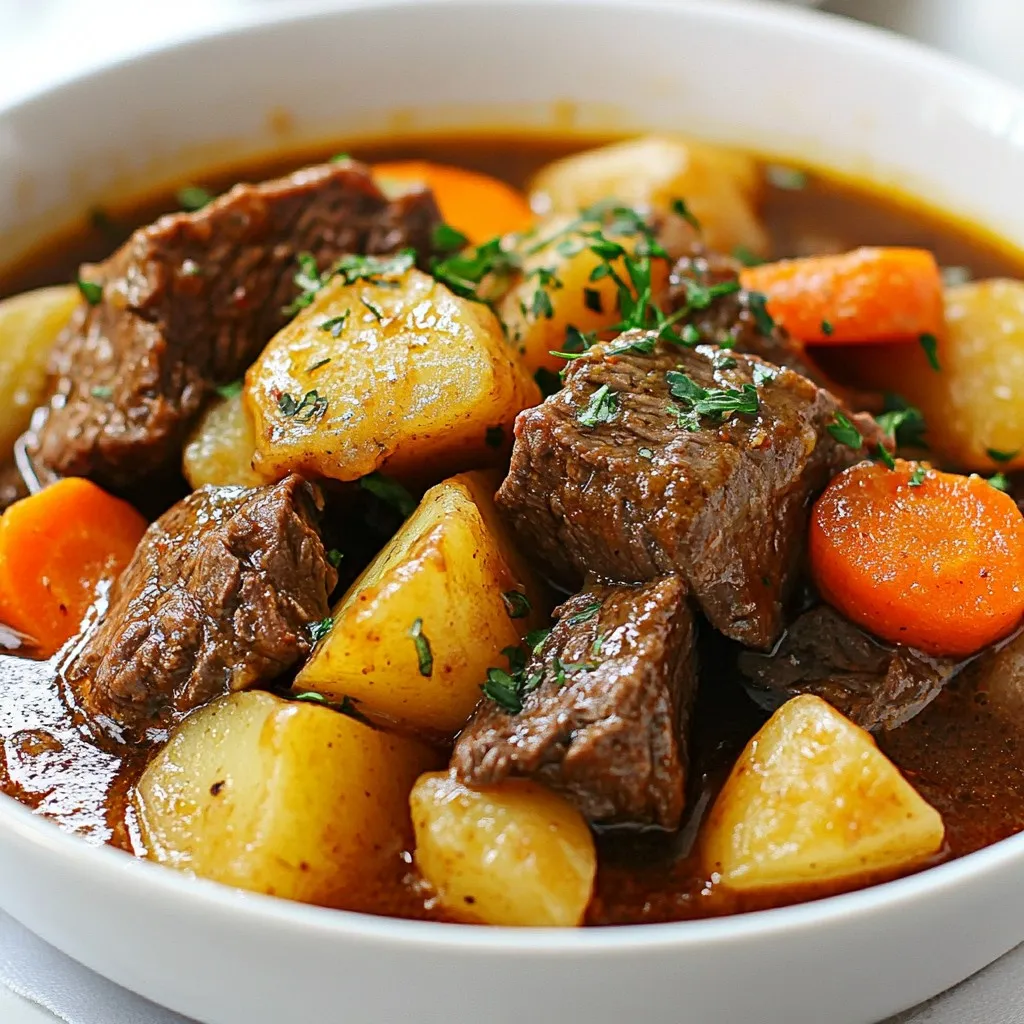 - 2 lbs beef chuck, trimmed and cut into 1-inch cubes - 4 medium carrots, peeled and sliced into rounds - 3 medium potatoes, peeled and diced into 1-inch cubes - 1 large onion, finely chopped - 3 cloves garlic, minced The main ingredients create a hearty base for your beef stew. I love using beef chuck because it becomes tender and rich in flavor during cooking. The carrots add sweetness and color, while potatoes bring a creamy texture. Onion and garlic add depth and aroma. - 4 cups beef broth (low sodium if preferred) - 2 tablespoons tomato paste - 2 tablespoons Worcestershire sauce - 1 teaspoon dried thyme - 1 teaspoon smoked paprika The liquids and seasonings make the stew come alive. Beef broth enriches the stew with meaty flavor. Tomato paste adds a touch of sweetness and acidity. Worcestershire sauce boosts umami and depth. Thyme and smoked paprika introduce warm, earthy notes that complement the beef. - 2 tablespoons olive oil - 1 tablespoon cornstarch (for thickening the stew) - Fresh parsley, finely chopped (for garnish) - Salt and pepper to taste Olive oil is essential for searing the beef, enhancing flavor. Cornstarch helps thicken the stew if you like a heartier texture. Fresh parsley adds a bright touch when serving. Always season with salt and pepper to your taste, as this enhances every bite. {{ingredient_image_2}} - Trimming and cutting the beef: Start with 2 lbs of beef chuck. Trim off any fat. Cut the beef into 1-inch cubes. This helps the beef cook evenly. - Slicing carrots and potatoes: Take 4 medium carrots. Peel them and slice into rounds. Next, peel 3 medium potatoes and dice them into 1-inch cubes. This size lets them cook well in the stew. - Chopping onion and mincing garlic: Finely chop 1 large onion. Then, mince 3 cloves of garlic. These add great flavor to the stew. - Searing the beef: Select the ‘Sauté’ mode on your Instant Pot. Add 2 tablespoons of olive oil. When the oil shimmers, add the beef cubes in batches. Sear them for 5-7 minutes, turning occasionally. Remove the beef and set it aside. - Sautéing the vegetables: In the same pot, add the chopped onion. Sauté for 3-4 minutes until it turns translucent. Add the minced garlic and cook for 1 more minute. Stir constantly to avoid burning. - Combining all ingredients in the Instant Pot: Return the browned beef to the pot. Add the sliced carrots, diced potatoes, and 4 cups of beef broth. Mix in 2 tablespoons of tomato paste, 2 tablespoons of Worcestershire sauce, 1 teaspoon of dried thyme, 1 teaspoon of smoked paprika, and 1 bay leaf. Season with salt and pepper. Stir everything together. - Setting the correct mode and time for pressure cooking: Close the lid tightly. Make sure the steam release valve is set to ‘Sealing’. Select the ‘Manual’ option and set the timer for 35 minutes to cook the stew under pressure. - Natural release vs. quick release methods: When the cooking time ends, let the pot rest for 10 minutes. This is called a natural release. After that, switch to a quick release to let out any remaining steam. Then, carefully open the lid. To achieve the ideal beef texture, select the right cut. I always use beef chuck. It’s tender after cooking and full of flavor. Cut the beef into 1-inch cubes for even cooking. Searing the beef first adds a rich taste. Don’t rush this step; let it get nice and brown. Adjusting seasoning improves flavor depth. Start with salt and pepper, then taste the stew. If it needs more kick, add Worcestershire sauce or smoked paprika. Fresh herbs like parsley also brighten the dish. To thicken your stew, I recommend the cornstarch slurry method. Mix 1 tablespoon of cornstarch with 2 tablespoons of water. Stir this into the stew during the last few minutes of cooking. It thickens quickly and doesn’t alter the flavor. You can also use alternate thickening ingredients. Mashed potatoes or pureed vegetables work well. For a richer stew, try adding a bit of flour or even some ground oats. When cooking for different sized batches, adjust the time slightly. For a smaller batch, you can reduce the pressure cooking time by 5 minutes. For larger amounts, increase it by about 5-10 minutes. If you use frozen ingredients, cook for a bit longer. Add about 10 extra minutes to the cooking time. Fresh ingredients cook faster, so keep that in mind to avoid mushy vegetables. Pro Tips Choose the Right Cut: For a tender and flavorful stew, always opt for beef chuck, as it becomes incredibly tender after slow cooking. Prep Ingredients Ahead: Chopping vegetables and measuring spices in advance can save time during cooking and make the process smoother. Use Fresh Herbs: Adding fresh herbs like parsley at the end not only enhances the flavor but also adds a beautiful pop of color to your stew. Adjust Seasoning Before Serving: Always taste your stew before serving and adjust salt and pepper accordingly for the best flavor. {{image_4}} You can make your beef stew even better by adding more veggies. Seasonal vegetables work great. Think about using: - Sweet potatoes for a sweet touch - Parsnips for a nutty flavor - Turnips for a peppery bite To add greens, try spinach or kale. They mix in well toward the end of cooking. This way, they stay bright and fresh. Just toss them in for the last few minutes. This adds color and nutrition to your stew. Want to change up the flavor? Spice is your friend. Different spices can make your stew unique. Consider: - Adding a pinch of cayenne for some heat - Using rosemary for an earthy taste - Trying cumin for a warm flavor You can also add a splash of red wine. This gives a rich depth to the stew. Fresh herbs like thyme or bay leaves can brighten the taste. Just remember to remove whole herbs before serving. If you need gluten-free options, just swap the Worcestershire sauce. Use a gluten-free version or skip it. For low-sodium needs, use low-sodium beef broth. This will help control the salt levels without losing flavor. Adjust the seasoning to your taste as you go. These changes keep your meal tasty while meeting dietary needs. To keep your leftover beef stew fresh, let it cool first. Store it in airtight containers. Glass or plastic containers work well. Make sure to use containers that you can seal tightly. This helps prevent any odors from other foods in the fridge. Always label your containers with the date. This way, you know how long it has been stored. Freezing beef stew is easy and great for meal prep. Let the stew cool down before freezing. Use freezer-safe containers or heavy-duty freezer bags. Remove as much air as possible from bags to prevent freezer burn. When you want to eat it, thaw it in the fridge overnight. This keeps the stew’s texture and taste. Reheat it on the stove or in the microwave until it is hot through. In the fridge, beef stew lasts about 3 to 4 days. If you freeze it, it can last up to 3 months. After that, the stew can lose flavor and texture. Always check for signs of spoilage before eating. If it smells off or has strange colors, it’s best to throw it away. You can pair your beef stew with simple sides. I like to serve it with: - Crusty bread for dipping - Mashed potatoes for extra comfort - A fresh green salad for balance - Steamed vegetables for color and crunch These sides make the meal feel complete and cozy. Yes, you can use different cuts. Beef chuck is great for its flavor and tenderness. Other good options include: - Brisket, which adds a rich taste - Round, for a leaner texture - Short ribs, for a melt-in-your-mouth feel Each cut offers a unique flavor and texture. Choose what you like best! To boost flavor, try these tips: - Sear the meat well for a deep taste. - Use low-sodium beef broth for a rich base. - Add a splash of red wine for depth. - Mix in fresh herbs like thyme or rosemary. These steps can transform a good stew into a great one! In this article, we explored how to make a rich Instant Pot beef stew. We covered the main ingredients, such as beef chuck, carrots, and potatoes. I shared step-by-step instructions for preparation and cooking. You learned tips for perfecting taste and texture, plus variations to try. Remember, cooking is about creativity. Feel free to make this recipe your own. Enjoy a hearty meal today!
