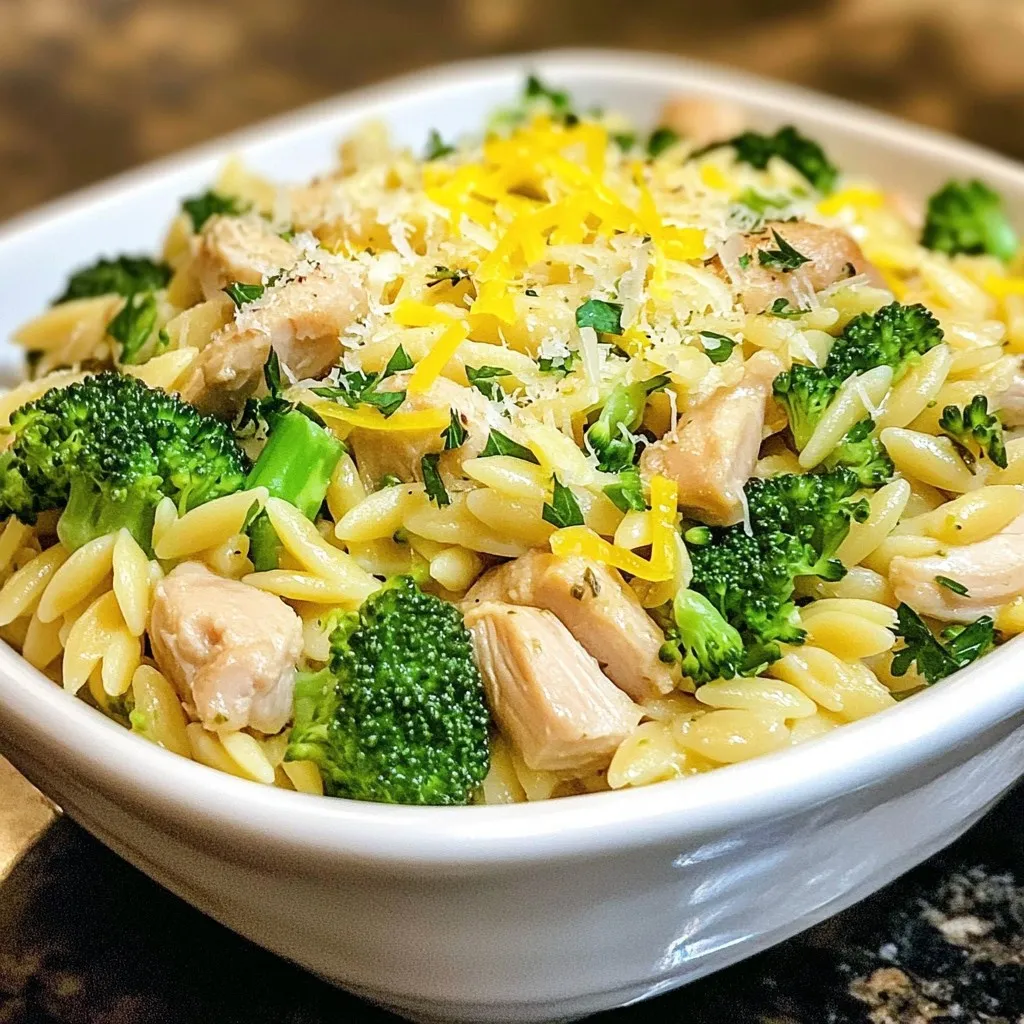 - 1 cup orzo pasta - 2 tablespoons olive oil - 2 boneless, skinless chicken breasts, diced - 2 cups broccoli florets - 4 cloves garlic, minced - Zest and juice of 1 lemon - 1 teaspoon dried oregano - 1 teaspoon paprika - Salt and pepper to taste - 1/2 cup grated Parmesan cheese - Fresh parsley, chopped, for garnish You will need a large pot, a colander, and a large skillet. The pot cooks the orzo. The colander drains it. The skillet cooks the chicken and veggies. These tools make cooking easy and quick. You can add fresh parsley for color and flavor. Lemon wedges also make a nice touch. They add a zesty kick when served. {{ingredient_image_2}} Start by boiling water. In a large pot, bring 4 cups of salted water to a boil. Once boiling, add 1 cup of orzo pasta. Cook it for 8-10 minutes until it's al dente. Drain the pasta in a colander and set it aside. This step is key for a great texture. Next, heat 2 tablespoons of olive oil in a large skillet over medium heat. When the oil shimmers, add 2 diced boneless, skinless chicken breasts. Season the chicken with salt, pepper, 1 teaspoon of dried oregano, and 1 teaspoon of paprika. Cook for about 5-7 minutes. Stir occasionally until the chicken is golden brown and reaches 165°F inside. After the chicken cooks, add 2 cups of broccoli florets and 4 minced garlic cloves to the skillet. Stir everything well and cook for another 3-4 minutes. You want the broccoli to be tender but still bright and crisp. This adds both flavor and nutrients. Now it’s time to mix it all together. Add the drained orzo to the skillet. Squeeze the juice of 1 lemon and sprinkle in the lemon zest. Toss everything together until well mixed and heated through. This will bring out the flavors and aromas. Take the skillet off the heat. Sprinkle 1/2 cup of grated Parmesan cheese over the orzo mixture. Stir gently, letting the cheese melt into the dish. This adds a rich creaminess that elevates the meal. Serve the Chicken and Broccoli Orzo hot. Create individual portions on plates. For a nice touch, sprinkle fresh chopped parsley on top. This adds color and a fresh flavor that makes the dish pop. Enjoy your meal! To cook orzo just right, start with a large pot. Use 4 cups of salted water. Bring the water to a boil. Add the orzo and stir. Cook for 8-10 minutes until it's al dente. This means it should be firm but not hard. Drain the orzo in a colander. Rinsing is not needed, as it can wash away flavor. For great chicken, use boneless, skinless breasts. Cut them into small pieces. Heat olive oil in a large skillet over medium heat. Once hot, add the chicken. Season with salt, pepper, oregano, and paprika. Cook for about 5-7 minutes. Stir occasionally until golden brown and cooked through. The chicken should reach 165°F (75°C) to be safe. To keep broccoli bright and crunchy, add it to the skillet after the chicken. Cook it for about 3-4 minutes. You want it tender but still vibrant. If you see it turning dark, it’s overcooked. Adding garlic at the same time adds flavor without losing texture. To store leftovers, let the dish cool first. Place it in an airtight container. Refrigerate it for up to 3 days. If you want to freeze it, use freezer-safe bags. Make sure to remove as much air as possible. This helps keep the taste fresh. When ready to eat, thaw it overnight in the fridge. Reheat on the stove to keep its texture. Pro Tips Use Fresh Ingredients: Always opt for fresh broccoli and high-quality chicken for the best flavor and texture in your dish. Don't Overcook the Broccoli: Keep the broccoli crisp by cooking it just until vibrant green; it adds a lovely texture and nutrition. Customize Your Cheese: While Parmesan adds great flavor, feel free to mix in other cheeses like feta or mozzarella for a different twist. Meal Prep Friendly: This dish can be made ahead of time and stored in the fridge, making it perfect for quick lunches or dinners. {{image_4}} You can switch out chicken for other proteins. Try using shrimp or tofu. Both options cook fast and add great taste. If you enjoy beef, diced steak works well too. Just adjust the cooking time based on the protein you choose. This keeps the dish fresh and exciting. Feel free to add more veggies for color and flavor. Bell peppers, carrots, or snap peas work well in this dish. Just chop them into small pieces. Add them with the broccoli for a tasty mix. This way, you can enjoy more nutrients and crunch in every bite. While Parmesan is classic, other cheeses can change the flavor profile. Feta cheese adds a tangy taste. Cheddar cheese gives a rich, creamy texture. You can even mix cheeses for a fun twist. Just remember to sprinkle cheese once you finish cooking. This keeps the flavors bright and enjoyable. Chicken and Broccoli Orzo keeps well in the fridge. Store it in an airtight container. It stays fresh for up to three days. Before storing, let it cool down to room temperature. This helps prevent extra moisture. When ready to eat, check for any off smells or changes in texture. You can freeze Chicken and Broccoli Orzo for up to three months. Portion it into freezer-safe containers. Be sure to leave space for expansion as it freezes. Label the containers with the date. When you want to enjoy it, thaw it overnight in the fridge. This keeps the dish safe and tasty. Reheat Chicken and Broccoli Orzo on the stove for the best results. Add a splash of water or broth to prevent sticking. Heat over medium heat, stirring often. You can also use a microwave. Place it in a microwave-safe bowl, cover it, and heat in short bursts. Stir in between to heat evenly. Always check that it’s hot all the way through before serving. Yes, you can make Chicken and Broccoli Orzo ahead of time. Simply cook the dish, let it cool, and store it in an airtight container. Keep it in the fridge for up to three days. Reheat it in a skillet or microwave when ready to eat. To make Chicken and Broccoli Orzo gluten-free, swap the orzo pasta for gluten-free orzo. Many brands offer this option, and it cooks similarly. You can also use rice or quinoa for a different texture. Chicken and Broccoli Orzo works well with a simple salad or crusty bread. A light vinaigrette complements the dish nicely. You can also serve it with roasted vegetables for added flavor. Yes, you can use other pasta types. Small shapes like ditalini or elbows work well. Adjust cooking times based on the pasta you choose. Just make sure it cooks until al dente. You know the chicken is cooked when it reaches an internal temperature of 165°F (75°C). The meat should be opaque and no longer pink in the center. Use a meat thermometer for the best results. This blog post covered the key parts of making Chicken and Broccoli Orzo. We talked about ingredients, cooking steps, and useful tips. You learned how to cook orzo and sauté chicken. We also explored variations with veggies and proteins. Plus, I shared storage tips to keep your meal fresh. Remember, cooking is fun and easy! Experiment with flavors and enjoy your meals.