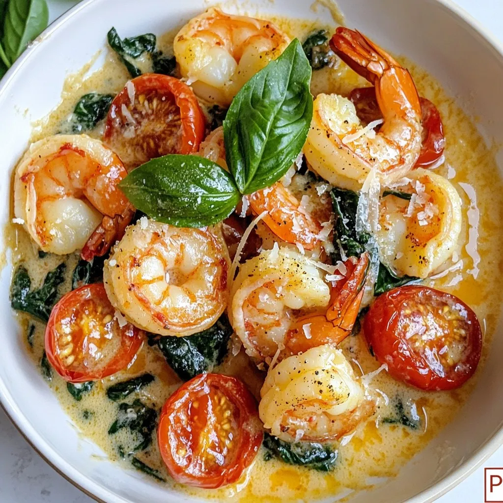 - 1 lb large shrimp, peeled and deveined - 2 tablespoons extra virgin olive oil - 3 cloves garlic, finely minced - 1 cup cherry tomatoes, halved - 1 cup fresh spinach, roughly chopped - 1 cup heavy cream - 1 cup grated Parmesan cheese - 1 teaspoon Italian seasoning blend - Salt and freshly ground black pepper to taste - Fresh basil leaves for garnish - Cooked pasta (optional, for serving) When making One Pot Creamy Tuscan Shrimp, I love to start with fresh ingredients. The shrimp should be large and juicy. I choose extra virgin olive oil for its rich flavor. Garlic adds a nice kick. Halved cherry tomatoes bring sweetness and color. Fresh spinach gives the dish a healthy touch. I use heavy cream to create a silky sauce. Grated Parmesan cheese adds depth and richness. For seasoning, I stick with Italian seasoning, salt, and pepper. It’s simple but full of flavor. For serving, I recommend fresh basil leaves on top. They add a pop of color and a fresh taste. If you like, serve the shrimp over cooked pasta. This makes it even more filling and satisfying. {{ingredient_image_2}} - Step 1: Heat 2 tablespoons of extra virgin olive oil in a large skillet over medium heat. When the oil is shimmering, add 3 finely minced cloves of garlic. Sauté for about 1 minute until it smells great and turns light golden. - Step 2: Add 1 pound of peeled and deveined shrimp to the skillet. Season with a pinch of salt and some freshly ground black pepper. Cook the shrimp for 2-3 minutes until they are pink and opaque. Once they are done, transfer them to a plate and set aside. - Step 3: Make sure to keep the garlic oil in the skillet. This oil adds great flavor to your dish. - Step 4: In the same skillet, add 1 cup of halved cherry tomatoes. Sauté them for 2-3 minutes until they soften and their juices start to flow. - Step 5: Stir in 1 cup of roughly chopped fresh spinach. Cook until it wilts, which should take about 1 minute. - Step 6: Next, pour in 1 cup of heavy cream. Gently bring this to a light simmer while stirring. Once it simmers, reduce the heat and mix in 1 cup of grated Parmesan cheese along with 1 teaspoon of Italian seasoning. Stir until the sauce is smooth and creamy. - Step 7: Return the cooked shrimp to the skillet. Gently stir to coat the shrimp in the sauce. Heat everything through for about 2 minutes. - Step 8: Taste the dish and adjust seasoning as needed. You may want to add more salt or pepper. - Step 9: If you like, serve the creamy shrimp over cooked pasta like linguine or fettuccine. Garnish with fresh basil leaves for a nice touch and a pop of color. Choosing the right shrimp size is key. I recommend using large shrimp, around 16-20 count per pound. This size cooks evenly and has a nice bite. For cooking time, aim for about 2-3 minutes per side. The shrimp should turn pink and opaque. If you overcook them, they become rubbery, which we want to avoid. To make this dish even tastier, consider adding more herbs or spices. Fresh herbs like parsley or dill work well. You can also use red pepper flakes for some heat. For added texture and flavor, try including sliced mushrooms or bell peppers. These veggies bring extra color and taste to your creamy sauce. Plating can elevate your dish. Twirl cooked pasta on the plate using a fork. Then, spoon the creamy shrimp mixture over it. This creates a beautiful, layered look. For garnish, sprinkle extra Parmesan cheese and add fresh basil leaves. This not only adds visual appeal but also enhances the aroma of your dish. Pro Tips Fresh Shrimp is Key: Always choose fresh, high-quality shrimp for the best flavor and texture. If using frozen shrimp, ensure they are thoroughly thawed before cooking. Customize Your Cream: Feel free to experiment with different types of cream or add a splash of white wine for a unique flavor twist in the sauce. Herb Variations: Enhance the dish by adding fresh herbs like dill or parsley along with the basil for a more complex flavor profile. Leftover Sauce Uses: If you have leftover sauce, it can be used as a delicious dip for crusty bread or as a sauce for other proteins like chicken or fish. {{image_4}} You can switch up the cream base for fun. If you want a dairy-free option, try using coconut milk. It adds a lovely sweetness and works well with the other flavors. For a lighter touch, you can use half-and-half instead of heavy cream. Cream cheese is another great alternative. It gives the sauce a nice thickness and a rich flavor. Shrimp are great, but you can swap them out if you like. Chicken is a tasty option. Just cook it until it’s fully done. Tofu also works well for a vegetarian choice. For a seafood twist, mix in different kinds of seafood. Scallops or mussels can add variety and make the dish even more exciting. Adding more veggies can make this dish even better. Think of seasonal vegetables, like zucchini or bell peppers. They bring fresh flavors and colors to your plate. You can also toss in more greens, like kale or arugula. These will add a nice crunch and boost the nutrients. Don’t be afraid to get creative with what you have on hand! To store your leftover creamy Tuscan shrimp, place it in an airtight container. Let it cool to room temperature first. This will help keep it fresh. You can store it in the fridge for up to three days. When you want to reheat it, warm it gently in a skillet over low heat. Stir often to prevent sticking. You can also use a microwave, but do it in short bursts. Stir between bursts to heat evenly. If you want to keep the dish longer, you can freeze it. Use a freezer-safe container or a zip-top bag. Make sure to remove as much air as possible before sealing. This dish can last up to three months in the freezer. When you're ready to eat it, thaw it overnight in the fridge. To reheat, use the stove or microwave. Add a splash of cream to help restore its creamy texture. Eat the leftovers within three days for the best taste. After that, it may lose flavor and freshness. Look for signs of spoilage like off smells, discoloration, or a change in texture. If you see any of these, it's best to toss it out. Keeping an eye on your food helps you enjoy it at its best! To keep shrimp tender, avoid cooking them too long. Cook shrimp for about 2-3 minutes on each side. When they turn pink and opaque, they are done. Remove them from heat quickly to prevent overcooking. If you cook them too long, they can become tough and chewy. You want to enjoy a nice, juicy bite. Yes, you can use frozen shrimp! Just thaw them first. You can do this by leaving them in the fridge overnight or using cold water. To thaw quickly, place the shrimp in a bowl of cold water for about 15-20 minutes. After thawing, rinse them and pat dry before cooking. This helps them cook evenly and keeps the texture nice. If you want a dairy-free option, coconut milk works well. It adds a nice creaminess but changes the flavor a bit. You can also use half-and-half or cream cheese for a lighter version. Each alternative will change the texture a bit, so choose based on your taste. To add spice, you can use red pepper flakes or a dash of hot sauce. Start with a small amount, then taste and adjust. Fresh chopped chili peppers can also add heat. If you like a stronger flavor, try adding some black pepper to enhance the taste. Enjoy experimenting until it’s just right for you! This blog post covers how to make a creamy shrimp dish. We explored key ingredients, from shrimp to Parmesan cheese. I shared clear instructions to create a rich sauce and combine it all perfectly. You learned tips for enhancing flavor and presentation, plus ways to swap ingredients. Finally, I provided storage advice to keep your leftovers fresh. Cooking can be fun and simple, so get creative with variations and enjoy your meal!