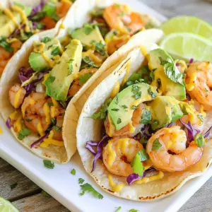 - 1 lb large shrimp, peeled and deveined - 1 tablespoon olive oil - 2 teaspoons chili powder - 1 teaspoon ground cumin - 1 teaspoon garlic powder - 1/2 teaspoon smoked paprika - Salt and freshly ground black pepper to taste The main ingredients for our shrimp tacos are simple and fresh. Start with one pound of large shrimp. Peel and devein them before cooking. This makes them easy to eat. Next, use one tablespoon of olive oil. It helps the spices stick well and gives a nice flavor. For spices, we need a mix that brings heat and taste. Use two teaspoons of chili powder for a warm kick. Add one teaspoon of ground cumin to enhance the flavor. Garlic powder adds a nice depth, so include one teaspoon of it. Smoked paprika gives a subtle smokiness, so use half a teaspoon. Finally, season with salt and black pepper to taste. - 8 small corn tortillas - 1 cup shredded cabbage - Optional toppings: avocado, cilantro, lime wedges, salsa For the tacos, you&rsquo;ll need eight small corn tortillas. These will hold all the tasty shrimp and toppings. I like to warm them up for better taste and texture. Next, add one cup of shredded cabbage. Mixing green and purple cabbage makes the dish look vibrant. You can also add some fun toppings. Slices of avocado bring creaminess. Fresh cilantro adds a pop of flavor. Lime wedges give a zesty kick when squeezed over the tacos. Finally, a scoop of your favorite salsa or pico de gallo is a great touch. - Calories per serving: Approximately 350 - Macronutrient breakdown: - Protein: 25g - Carbohydrates: 30g - Fat: 15g Each serving of these shrimp tacos packs about 350 calories. They are a good balance of protein, carbs, and healthy fats. You get around 25 grams of protein from the shrimp. The corn tortillas provide about 30 grams of carbs. The olive oil and avocado add healthy fats, totaling 15 grams. This meal is not just quick and tasty; it also provides essential nutrition. {{ingredient_image_2}} First, gather your shrimp. You want one pound of large shrimp, peeled and deveined. In a medium bowl, mix the shrimp with one tablespoon of olive oil. Add two teaspoons of chili powder, one teaspoon of ground cumin, one teaspoon of garlic powder, and half a teaspoon of smoked paprika. Sprinkle in salt and black pepper to taste. Toss everything together until the shrimp are well coated in the spices. Next, heat a large skillet over medium-high heat. Once the skillet is hot, add the seasoned shrimp. Cook them for about two to three minutes on each side. The shrimp should turn pink and opaque when they are done. Remove the shrimp from the heat once they are cooked through. While the shrimp are cooking, you need to warm the corn tortillas. In a separate skillet, heat each tortilla for about thirty seconds on each side. You want them to be soft and pliable, not crispy. This step helps the tortillas hold all the delicious fillings you will add. Now it&rsquo;s time to assemble your tasty tacos. Start by placing a generous pile of shredded cabbage on each warm tortilla. Next, add three to four cooked shrimp on top. You can then add a few slices of ripe avocado for creaminess. Finish with a sprinkle of chopped cilantro for freshness. To give your tacos a zesty kick, squeeze a wedge of lime juice over each taco. If you want some extra flavor, add your favorite salsa or pico de gallo on top. Serve the tacos warm and enjoy the great mix of flavors! To get the best shrimp, timing is key. Overcooked shrimp turn tough and rubbery. Aim to cook shrimp for just 2-3 minutes on each side. You know shrimp are done when they are pink and opaque. This means they are safe to eat and perfectly tender. For a flavor boost, try these spices: - Chili powder - Ground cumin - Garlic powder - Smoked paprika These spices give shrimp a tasty kick. To add even more fun, serve your tacos with fresh sides. A simple green salad pairs well. You can also enjoy a cold drink like lime soda or a light beer. You can make shrimp ahead of time. Cook them and store in the fridge for up to two days. When ready to eat, just reheat in a skillet. If you have leftover ingredients, store them in airtight containers. This keeps everything fresh for your next taco night. Pro Tips Freshness is Key: Always use fresh shrimp for the best flavor and texture. If frozen, ensure they are fully thawed and pat them dry before seasoning. Spice It Up: Adjust the spice levels by adding more chili powder or incorporating fresh jalape&ntilde;os for an extra kick in your tacos. Layering Flavors: For a deeper flavor profile, marinate the shrimp for 30 minutes to an hour before cooking. This allows the spices to penetrate better. Perfectly Warm Tortillas: To prevent the tortillas from tearing, wrap them in a clean kitchen towel and keep them warm in the oven while you prepare the shrimp. {{image_4}} If shrimp isn't your thing, try these options: - Chicken: Use grilled or shredded chicken. - Fish: Swap shrimp for firm fish like tilapia or cod. - Tofu: For a plant-based option, use marinated, grilled tofu. You can also make veggie tacos. Fill them with roasted vegetables or black beans. Try using zucchini, bell peppers, or sweet potatoes as a base. These options keep the dish fresh and exciting. Adjust spice levels to match your taste. Add more chili powder for heat or use cayenne for a kick. To tone it down, skip the chili powder. You can also try different spice blends like taco seasoning or Cajun spices. Experiment with marinades, too. A citrusy marinade can add zest. Try lime juice, garlic, and a pinch of cumin. Let your shrimp soak for at least 15 minutes. This gives them a great flavor. Get creative with toppings! Beyond avocado and cilantro, consider: - Pineapple salsa: Adds sweetness and tang. - Pickled onions: Provide crunch and acidity. - Feta cheese: Gives a salty, creamy touch. Seasonal variations can also be fun. In summer, try fresh corn or tomatoes. In fall, add roasted butternut squash or apples. These toppings keep your tacos interesting and delicious! To keep your shrimp fresh, store it in the fridge. Place it in an airtight container. It will stay good for about two days. When you want to reheat, use a skillet over medium heat. This method helps keep the shrimp juicy and tasty. For corn tortillas, wrap them in a clean towel. Store them in a plastic bag to keep them soft. If you have extra tortillas, freeze them. Just stack them with parchment paper between each one. This way, they won't stick together. You can use them later for quick meals. For toppings like cabbage, use it within three days. Check for wilting or browning as signs of spoilage. Avocados should be eaten within one to two days once cut. Keep them in the fridge to slow down browning. Cilantro lasts about a week if stored properly. You can use several methods to cook shrimp without a skillet. A grill works great. Just preheat it and cook shrimp on skewers for a smoky taste. You can also bake shrimp in the oven. Place them on a baking sheet at 400&deg;F for about 10 minutes. Another option is to boil shrimp in a pot of water for 2-3 minutes. Each method gives a unique flavor and texture. Yes, you can easily make these tacos gluten-free. Look for corn tortillas, which are naturally gluten-free. Many brands offer them, so you can find them at any store. Always check the label to ensure no gluten ingredients are present. You can also try lettuce wraps for a fresh twist. These shrimp tacos pair well with many side dishes. Here are some ideas: - Mexican rice for a filling option. - Black beans for added protein and fiber. - Grilled corn on the cob for a sweet crunch. - A fresh salad with lime vinaigrette for brightness. - Chips and guacamole for a fun snack. These sides add flavor and variety to your meal! In this post, we covered everything you need for perfect shrimp tacos. We explored key ingredients, cooking steps, and tips to make them shine. Lastly, I shared variations to keep each meal fresh and fun. Enjoy experimenting with flavors and toppings to create your ideal taco. Remember, shrimp tacos can be easy and delicious. With practice, you&rsquo;ll master this dish and impress your friends or family. Now, roll up your sleeves and start cooking!
