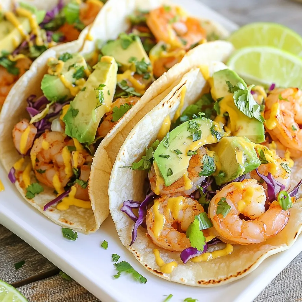 - 1 lb large shrimp, peeled and deveined - 1 tablespoon olive oil - 2 teaspoons chili powder - 1 teaspoon ground cumin - 1 teaspoon garlic powder - 1/2 teaspoon smoked paprika - Salt and freshly ground black pepper to taste The main ingredients for our shrimp tacos are simple and fresh. Start with one pound of large shrimp. Peel and devein them before cooking. This makes them easy to eat. Next, use one tablespoon of olive oil. It helps the spices stick well and gives a nice flavor. For spices, we need a mix that brings heat and taste. Use two teaspoons of chili powder for a warm kick. Add one teaspoon of ground cumin to enhance the flavor. Garlic powder adds a nice depth, so include one teaspoon of it. Smoked paprika gives a subtle smokiness, so use half a teaspoon. Finally, season with salt and black pepper to taste. - 8 small corn tortillas - 1 cup shredded cabbage - Optional toppings: avocado, cilantro, lime wedges, salsa For the tacos, you’ll need eight small corn tortillas. These will hold all the tasty shrimp and toppings. I like to warm them up for better taste and texture. Next, add one cup of shredded cabbage. Mixing green and purple cabbage makes the dish look vibrant. You can also add some fun toppings. Slices of avocado bring creaminess. Fresh cilantro adds a pop of flavor. Lime wedges give a zesty kick when squeezed over the tacos. Finally, a scoop of your favorite salsa or pico de gallo is a great touch. - Calories per serving: Approximately 350 - Macronutrient breakdown: - Protein: 25g - Carbohydrates: 30g - Fat: 15g Each serving of these shrimp tacos packs about 350 calories. They are a good balance of protein, carbs, and healthy fats. You get around 25 grams of protein from the shrimp. The corn tortillas provide about 30 grams of carbs. The olive oil and avocado add healthy fats, totaling 15 grams. This meal is not just quick and tasty; it also provides essential nutrition. {{ingredient_image_2}} First, gather your shrimp. You want one pound of large shrimp, peeled and deveined. In a medium bowl, mix the shrimp with one tablespoon of olive oil. Add two teaspoons of chili powder, one teaspoon of ground cumin, one teaspoon of garlic powder, and half a teaspoon of smoked paprika. Sprinkle in salt and black pepper to taste. Toss everything together until the shrimp are well coated in the spices. Next, heat a large skillet over medium-high heat. Once the skillet is hot, add the seasoned shrimp. Cook them for about two to three minutes on each side. The shrimp should turn pink and opaque when they are done. Remove the shrimp from the heat once they are cooked through. While the shrimp are cooking, you need to warm the corn tortillas. In a separate skillet, heat each tortilla for about thirty seconds on each side. You want them to be soft and pliable, not crispy. This step helps the tortillas hold all the delicious fillings you will add. Now it’s time to assemble your tasty tacos. Start by placing a generous pile of shredded cabbage on each warm tortilla. Next, add three to four cooked shrimp on top. You can then add a few slices of ripe avocado for creaminess. Finish with a sprinkle of chopped cilantro for freshness. To give your tacos a zesty kick, squeeze a wedge of lime juice over each taco. If you want some extra flavor, add your favorite salsa or pico de gallo on top. Serve the tacos warm and enjoy the great mix of flavors! To get the best shrimp, timing is key. Overcooked shrimp turn tough and rubbery. Aim to cook shrimp for just 2-3 minutes on each side. You know shrimp are done when they are pink and opaque. This means they are safe to eat and perfectly tender. For a flavor boost, try these spices: - Chili powder - Ground cumin - Garlic powder - Smoked paprika These spices give shrimp a tasty kick. To add even more fun, serve your tacos with fresh sides. A simple green salad pairs well. You can also enjoy a cold drink like lime soda or a light beer. You can make shrimp ahead of time. Cook them and store in the fridge for up to two days. When ready to eat, just reheat in a skillet. If you have leftover ingredients, store them in airtight containers. This keeps everything fresh for your next taco night. Pro Tips Freshness is Key: Always use fresh shrimp for the best flavor and texture. If frozen, ensure they are fully thawed and pat them dry before seasoning. Spice It Up: Adjust the spice levels by adding more chili powder or incorporating fresh jalapeños for an extra kick in your tacos. Layering Flavors: For a deeper flavor profile, marinate the shrimp for 30 minutes to an hour before cooking. This allows the spices to penetrate better. Perfectly Warm Tortillas: To prevent the tortillas from tearing, wrap them in a clean kitchen towel and keep them warm in the oven while you prepare the shrimp. {{image_4}} If shrimp isn't your thing, try these options: - Chicken: Use grilled or shredded chicken. - Fish: Swap shrimp for firm fish like tilapia or cod. - Tofu: For a plant-based option, use marinated, grilled tofu. You can also make veggie tacos. Fill them with roasted vegetables or black beans. Try using zucchini, bell peppers, or sweet potatoes as a base. These options keep the dish fresh and exciting. Adjust spice levels to match your taste. Add more chili powder for heat or use cayenne for a kick. To tone it down, skip the chili powder. You can also try different spice blends like taco seasoning or Cajun spices. Experiment with marinades, too. A citrusy marinade can add zest. Try lime juice, garlic, and a pinch of cumin. Let your shrimp soak for at least 15 minutes. This gives them a great flavor. Get creative with toppings! Beyond avocado and cilantro, consider: - Pineapple salsa: Adds sweetness and tang. - Pickled onions: Provide crunch and acidity. - Feta cheese: Gives a salty, creamy touch. Seasonal variations can also be fun. In summer, try fresh corn or tomatoes. In fall, add roasted butternut squash or apples. These toppings keep your tacos interesting and delicious! To keep your shrimp fresh, store it in the fridge. Place it in an airtight container. It will stay good for about two days. When you want to reheat, use a skillet over medium heat. This method helps keep the shrimp juicy and tasty. For corn tortillas, wrap them in a clean towel. Store them in a plastic bag to keep them soft. If you have extra tortillas, freeze them. Just stack them with parchment paper between each one. This way, they won't stick together. You can use them later for quick meals. For toppings like cabbage, use it within three days. Check for wilting or browning as signs of spoilage. Avocados should be eaten within one to two days once cut. Keep them in the fridge to slow down browning. Cilantro lasts about a week if stored properly. You can use several methods to cook shrimp without a skillet. A grill works great. Just preheat it and cook shrimp on skewers for a smoky taste. You can also bake shrimp in the oven. Place them on a baking sheet at 400°F for about 10 minutes. Another option is to boil shrimp in a pot of water for 2-3 minutes. Each method gives a unique flavor and texture. Yes, you can easily make these tacos gluten-free. Look for corn tortillas, which are naturally gluten-free. Many brands offer them, so you can find them at any store. Always check the label to ensure no gluten ingredients are present. You can also try lettuce wraps for a fresh twist. These shrimp tacos pair well with many side dishes. Here are some ideas: - Mexican rice for a filling option. - Black beans for added protein and fiber. - Grilled corn on the cob for a sweet crunch. - A fresh salad with lime vinaigrette for brightness. - Chips and guacamole for a fun snack. These sides add flavor and variety to your meal! In this post, we covered everything you need for perfect shrimp tacos. We explored key ingredients, cooking steps, and tips to make them shine. Lastly, I shared variations to keep each meal fresh and fun. Enjoy experimenting with flavors and toppings to create your ideal taco. Remember, shrimp tacos can be easy and delicious. With practice, you’ll master this dish and impress your friends or family. Now, roll up your sleeves and start cooking!