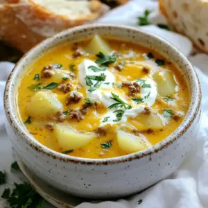 - 1 pound ground beef - 1 medium onion, finely chopped - 3 cloves garlic, minced - 2 medium potatoes, peeled and diced The main ingredients create a solid base for the soup. Ground beef gives the soup its hearty flavor. The onion and garlic add sweetness and depth. Diced potatoes provide a creamy texture once cooked. - 1 cup whole milk - 1 cup freshly shredded cheddar cheese - 1/2 cup sour cream Dairy components make the soup rich and creamy. Whole milk adds a velvety feel. Cheddar cheese enhances the cheeseburger taste. Sour cream creates a tangy finish that balances the flavors. - 1 tablespoon Worcestershire sauce - 1 teaspoon Dijon mustard - Salt and black pepper to taste Flavor enhancers are key to this dish. Worcestershire sauce adds umami and depth. Dijon mustard brings a mild heat and sharpness. Seasoning with salt and pepper helps to elevate all the flavors. {{ingredient_image_2}} - Saut&eacute;ing onions and garlic Start by heating 2 tablespoons of extra virgin olive oil in a large pot over medium heat. Once the oil is hot, add 1 finely chopped onion and 3 minced garlic cloves. Saut&eacute; these until the onion is soft and clear, about 3 to 4 minutes. Stir often to keep them from burning. - Browning the ground beef Next, add 1 pound of ground beef to the pot. Use a spatula to break it into smaller pieces as it cooks. Brown the beef for 6 to 8 minutes. Make sure it is fully cooked. If there is extra fat, you can drain it to make the soup lighter. - Adding potatoes and broth After the beef is cooked, add 2 diced potatoes to the pot. Pour in 4 cups of beef broth, along with 1 tablespoon of Worcestershire sauce and 1 teaspoon of Dijon mustard. Stir well. Bring this mixture to a boil, then reduce the heat to low. - Simmering process Let the soup simmer for 15 to 20 minutes. You want the potatoes to be tender. Check them with a fork; they should pierce easily. - Incorporating dairy Once the potatoes are ready, pour in 1 cup of whole milk. Add 1 cup of freshly shredded cheddar cheese and 1/2 cup of sour cream. Stir continuously for about 5 minutes. This helps the cheese melt and makes the soup creamy. - Adjusting seasoning Finally, taste your soup. Add salt and black pepper to your liking. Make sure the flavors are just right. Once seasoned, remove the pot from heat. Serve the soup in bowls and enjoy! Saut&eacute;ing is key to flavor. It softens onions and garlic, bringing out their sweetness. Heat olive oil until hot. Add chopped onion and minced garlic, stirring often. This step takes about 3-4 minutes. After browning the ground beef, you may notice extra fat. To drain it, tilt the pot slightly. Use a ladle or spoon to remove the fat. This keeps your soup lighter and healthier. Customizing seasonings makes your soup unique. Consider adding a pinch of cayenne for heat or smoked paprika for depth. Taste as you go. Adjust until it suits your taste. For the best cheese, use freshly shredded cheddar. It melts smoothly and adds rich flavor. Avoid pre-shredded cheese; it often contains anti-caking agents that prevent melting. Presentation is key for a comforting meal. Serve your soup in deep bowls. Top each serving with extra cheddar cheese and a dollop of sour cream. This adds creaminess and a gourmet touch. Pair the soup with crusty bread for dipping. A simple side salad adds freshness. Enjoy your cheeseburger soup with family or friends for a cozy gathering. Pro Tips Use Fresh Ingredients: Fresh onions and garlic can significantly enhance the flavor of your soup. Always opt for fresh over dried when possible. Customize Your Cheese: While cheddar is classic, feel free to mix in other cheeses like Gruy&egrave;re or Monterey Jack for a unique twist on flavor. Thicken the Soup: If you prefer a thicker consistency, you can mash some of the potatoes directly in the pot after they have cooked. Make it Ahead: This soup can be made in advance and stored in the refrigerator for up to three days. Just reheat gently on the stove before serving. {{image_4}} You can easily swap some ingredients in cheeseburger soup for a twist. If you want leaner meat, use turkey or chicken instead of beef. These meats will still give you great flavor while cutting down on fat. For dairy, try almond milk or oat milk if you are lactose intolerant. These alternatives work well in the soup. Adding extra vegetables can make your soup even heartier. Consider carrots, bell peppers, or spinach for more texture and taste. If you enjoy heat, make a spicy cheeseburger soup by adding diced jalape&ntilde;os or a splash of hot sauce. This will kick up the flavor and warmth of the dish. You can make this soup fit your diet too. For a gluten-free option, use gluten-free broth and ensure all other ingredients are safe. If you want a low-carb version, skip the potatoes and add cauliflower instead. This will help keep the soup creamy without the carbs. To store leftovers, let the soup cool down first. Pour it into an airtight container. This keeps the soup fresh. It lasts in the fridge for up to three days. When you want to reheat, pour it into a pot. Heat it on low. Stir often to avoid burning. You can also use a microwave. Heat in short bursts, stirring in between. For freezing, let the soup cool completely. Use freezer-safe containers for best results. Leave some space at the top. This allows for expansion as it freezes. You can freeze it for up to three months. When you're ready to eat, take the soup out of the freezer. Place it in the fridge overnight to thaw. You can also thaw it in a pot over low heat. Just stir often to keep it smooth. In the fridge, cheeseburger soup lasts about three days. If you see any mold, or if it smells bad, throw it away. If the soup looks separate or watery, it may not taste good. Always check before you eat leftovers to stay safe. Yes, you can make cheeseburger soup ahead of time. It stores well in the fridge. Prepare the soup, then let it cool down. Once cool, place it in an airtight container. It can last about three days in the fridge. You can reheat it on the stove over medium heat. Stir often to prevent sticking. For a quick meal, this tip is great. If you want to swap ground beef, try ground turkey or chicken. Both options taste great. You can also use plant-based meat. This option is perfect for vegetarians. Just make sure to adjust cooking times. These alternatives can still deliver tasty results. Cheeseburger soup can be healthy, depending on your choices. It has protein from the meat and cheese. The potatoes provide fiber and vitamins. You can use lean ground beef for fewer calories. Adding more veggies will boost its nutrition. Just watch the cheese and cream for fat content. It&rsquo;s all about balance for a healthy meal! In this blog post, we explored cheeseburger soup, from ingredients to storage. We discussed main ingredients like ground beef, potatoes, and flavor enhancers. Preparing and cooking this soup is simple, and I shared some helpful tips and variations. Remember, you can swap ingredients and customize flavors. This soup is perfect for any occasion. Enjoy making your own version of this tasty dish. It&rsquo;s a warm meal that everyone will love.