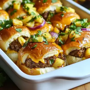 - 12 Hawaiian rolls - 1 lb ground beef (80/20 blend) - 1 cup shredded cheddar cheese - 1/2 cup diced pineapple (canned or fresh) - 1/4 cup finely chopped red onion - 1/4 cup mayonnaise - 1 tablespoon sriracha - 1 tablespoon soy sauce - Salt and pepper, to taste - 1 tablespoon sesame oil - Fresh cilantro leaves, for garnish These ingredients create a fun and tasty slider filled with tropical flavors. Hawaiian rolls are soft and slightly sweet. Ground beef gives the sliders their hearty base. Cheddar cheese adds a creamy touch that melts beautifully. Pineapple brings a sweet burst of flavor that pairs well with savory beef. Red onion adds a nice crunch and a bit of zing. The mayonnaise mixed with sriracha gives a creamy, spicy kick. Soy sauce enhances the umami flavors in the beef. Sesame oil provides a hint of nuttiness that rounds out the taste. Don&rsquo;t forget salt and pepper to season everything just right. Finally, fresh cilantro leaves add a pop of color and a fresh finish to each slider. Gather these ingredients, and you&rsquo;re ready to make sliders that everyone will love! {{ingredient_image_2}} 1. Preheat the oven and prepare the sliders Start by preheating your oven to 350&deg;F (175&deg;C). This step warms your sliders, making them taste amazing. 2. Combine ingredients for the patties In a large bowl, mix together 1 pound of ground beef, 1/2 cup of diced pineapple, and 1/4 cup of finely chopped red onion. Add 1 tablespoon of soy sauce, salt, and pepper. Use your hands or a spoon to blend well. 3. Shape the patties and cook them Form the mixture into 12 small patties. Make them a bit smaller than the rolls. This way, they will fit perfectly after cooking. Heat 1 tablespoon of sesame oil in a large skillet over medium-high heat. Add the patties and cook for 3-4 minutes on each side. Aim for golden brown, cooked to medium, around 160&deg;F (71&deg;C). In the last minute, add 1 cup of shredded cheddar cheese on top of each patty. Cover the skillet to help the cheese melt. 1. Prepare the spicy mayo In a small bowl, mix 1/4 cup of mayonnaise with 1 tablespoon of sriracha. Adjust the sriracha to your heat level. 2. Slice and spread mayo on Hawaiian rolls Carefully slice the 12 Hawaiian rolls in half, keeping them in one piece. Place the bottom half in a baking dish. Spread the spicy mayo evenly over this half. 3. Layer patties and bake Once the cheese melts, place each patty on the mayo-covered rolls. Press down gently with the top half of the rolls. Cover the dish with aluminum foil and bake for 10-12 minutes. This step warms everything through. After baking, slice the sliders and garnish with fresh cilantro leaves. Enjoy! - Ensuring perfect patty size: Shape your patties a bit smaller than the rolls. They will shrink while cooking, so a slightly smaller size helps them fit perfectly in the rolls. - How to melt cheese effectively: Add the cheese in the last minute of cooking. Cover the skillet with a lid. This traps heat and helps the cheese melt evenly, creating a delicious gooey topping. - Presentation ideas for serving: Serve the sliders right in the baking dish. It gives a casual look. You can add a small bowl of extra spicy mayo for dipping. Garnish with fresh pineapple chunks or cilantro for a pop of color. - Recommended side dishes to pair: Consider serving these sliders with crispy fries or a fresh salad. Sweet potato fries add a nice twist. You can also serve them with coleslaw for a crunchy contrast. Pro Tips Use Quality Beef: Opt for a good quality ground beef with a higher fat content for juicier sliders. An 80/20 blend is perfect for flavor and moisture. Customize Heat Level: Adjust the sriracha in the spicy mayo to suit your taste. Start with less and add more if you prefer a spicier kick! Keep Rolls Fresh: To maintain the softness of the Hawaiian rolls, cover them with a damp paper towel while storing. This prevents them from drying out. Garnish Creatively: Besides cilantro, consider adding thinly sliced green onions or toasted sesame seeds as a garnish for added flavor and visual appeal. {{image_4}} You can switch up the meat for more fun. Ground turkey or chicken works great. If you prefer a plant-based option, try black bean patties or lentil burgers. They taste amazing with the same toppings. Cheese is not just cheddar. You can use Swiss, pepper jack, or even feta for a twist. Each cheese adds its own flavor and texture, making your sliders unique. Adding spices can boost the flavor. Try garlic powder, smoked paprika, or cumin for a kick. These spices bring warmth and depth to your sliders. Don&rsquo;t forget toppings! Add lettuce, tomato, or pickles for crunch. You can also try avocado for creaminess. Mixing sweet and savory is fun too. Try mango salsa or a honey drizzle for a nice balance. These options make every bite exciting. To keep your Hawaiian Roll Cheeseburger Sliders fresh, store them properly. Place the sliders in an airtight container. This helps seal in moisture. You can keep them in the fridge for up to three days. If you have leftover spicy mayo, store it in a separate container. To reheat the sliders, use an oven. Preheat it to 350&deg;F (175&deg;C). Place the sliders on a baking tray. Cover them with foil to keep them moist. Heat for about 10 minutes or until warm. This method helps keep the bread soft and the cheese melty. If you want to save sliders for later, freezing is a great option. First, let the cooked sliders cool completely. Then, wrap each slider in plastic wrap. Place them in a freezer-safe bag or container. They can last for up to three months in the freezer. When you're ready to eat, take out the desired number of sliders. Let them thaw in the fridge overnight. To reheat, place them in the oven at 350&deg;F (175&deg;C) for 15 minutes. You can also microwave them for 1-2 minutes, but the oven keeps them crispy. Enjoy your tasty sliders anytime! To make Hawaiian roll cheeseburger sliders, follow these steps. First, preheat your oven to 350&deg;F (175&deg;C). In a bowl, mix 1 lb of ground beef, 1/2 cup of diced pineapple, and 1/4 cup of chopped red onion. Add soy sauce, salt, and pepper to taste. Shape this mix into 12 small patties. Cook the patties in hot sesame oil for 3-4 minutes on each side. Add shredded cheddar cheese on top during the last minute. Prepare spicy mayo by mixing mayonnaise with sriracha. Assemble sliders on Hawaiian rolls, then bake for 10-12 minutes. Yes, you can make these sliders ahead of time. Prepare the patties and cook them. Then, store the cooked patties in the fridge. Assemble the sliders when ready to serve. This way, you save time during your party. You can also bake them just before serving for extra warmth. You can serve these sliders with various sides. Some tasty options include potato chips, a fresh salad, or grilled veggies. You can also add a small bowl of extra spicy mayo for dipping. These sides complement the sweet and savory flavors of the sliders. To adjust the heat in the spicy mayo, start with 1 tablespoon of sriracha. Mix it into 1/4 cup of mayonnaise. Taste it and add more sriracha for extra heat. You can also try adding a dash of hot sauce or cayenne pepper for a different kick. Yes, you can create vegetarian sliders. Use a plant-based ground meat substitute instead of beef. You can also make patties with black beans, quinoa, or chickpeas. Add the same toppings and sauces for flavor. This way, you cater to everyone&rsquo;s taste! In this blog post, we explored how to make tasty Hawaiian roll cheeseburger sliders. We covered the ingredients, preparation steps, and tips to perfect your sliders. You can customize flavors and easily store leftovers. These sliders are a fun dish for any meal. Enjoy the tasty blend of flavors and impress your guests with your cooking skills. Don't forget to try different variations for a new twist. Happy cooking!
