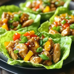 To make Teriyaki Chicken Lettuce Cups, you need fresh and simple ingredients. Here&rsquo;s what you will need: - 1 lb boneless, skinless chicken thighs, diced into bite-sized pieces - 1/2 cup low-sodium soy sauce - 1/4 cup honey, preferably raw for a richer flavor - 2 tablespoons rice vinegar - 1 tablespoon toasted sesame oil for added depth - 1 teaspoon fresh ginger, finely minced - 2 garlic cloves, minced for aromatic flavor - 1/2 cup diced bell peppers (mix red and yellow for a colorful look) - 1/4 cup green onions, finely chopped - 1 tablespoon sesame seeds, toasted if desired - 1 head of butter or iceberg lettuce, separated into individual leaves - Freshly cracked salt and pepper to taste These ingredients bring a great balance of sweet, salty, and savory flavors. You can make your dish even better with a few extras. Here are some optional garnishes and toppings to consider: - Additional sesame seeds for crunch - More finely chopped green onions for freshness - Lime wedges for a zesty kick - Sliced cucumbers for a refreshing bite - Chopped cilantro for an herby touch These options let you customize each cup, making them even more delicious. If you have dietary needs, you can still enjoy this dish. Here are some easy swaps: - Chicken thighs: Use chicken breasts for a leaner option. - Soy sauce: Try tamari for gluten-free soy sauce. - Honey: Maple syrup or agave syrup work well if you avoid honey. - Sesame oil: Substitute with olive oil or avocado oil if needed. - Lettuce: Use collard greens or rice paper for wraps instead of lettuce. These substitutions keep the dish tasty while meeting your needs. {{ingredient_image_2}} Start by mixing your marinade. In a medium bowl, combine the low-sodium soy sauce, honey, rice vinegar, sesame oil, fresh ginger, and minced garlic. Whisk it well until blended. This mix adds great flavor to the chicken. Now, add the diced chicken thighs into the bowl. Ensure each piece is coated in the marinade. Cover the bowl with plastic wrap. Place it in the fridge for at least 30 minutes. This step helps the flavors soak in. Heat a non-stick skillet over medium-high heat. Once hot, add the marinated chicken to the skillet with a splash of the reserved marinade. Saut&eacute; the chicken for about 5-7 minutes. Stir occasionally to brown it evenly. You want it to be cooked through and golden. Next, add the reserved marinade to the skillet. Bring it to a gentle simmer. Cook for another 2-3 minutes. This helps the sauce thicken nicely. Now, toss in the diced bell peppers. Cook for another minute. You want them vibrant and slightly soft but still crisp. Remove the skillet from heat. Sprinkle the chicken mixture with chopped green onions and sesame seeds. Mix gently to combine everything. Grab a fresh lettuce leaf. Spoon a generous amount of the teriyaki chicken mixture into the center. Fold the leaf over to create a wrap. Serve immediately for the best taste. Enjoy this fun and healthy dish! I love using a non-stick skillet for chicken thighs. It prevents sticking and makes cleanup easy. You can also grill the chicken for a smoky flavor. Just make sure to marinate the chicken first. This helps keep the meat juicy and adds great taste. To check if your chicken is done, cut a piece in half. The inside should be white, not pink. You can also use a meat thermometer. The safe internal temperature is 165&deg;F. Let the chicken rest for a few minutes before serving. This keeps it tender and flavorful. Feel free to get creative with the recipe. Adding crushed red pepper gives a nice kick. You can also mix in pineapple for a sweet twist. Fresh herbs like cilantro or basil add brightness. Remember to sprinkle sesame seeds on top for crunch and extra flavor. Enjoy making it your own! Pro Tips Marinate Longer for Flavor: For the best flavor, consider marinating the chicken for at least 1-2 hours, or even overnight, to allow the marinade to deeply penetrate the meat. Use Fresh Ingredients: Fresh ginger and garlic enhance the dish's flavor significantly, so avoid using pre-minced varieties if possible. Adjust Sweetness: If you prefer a less sweet dish, reduce the amount of honey or substitute with a sugar-free alternative to suit your taste. Experiment with Vegetables: Feel free to add other vegetables like shredded carrots or snap peas for added texture and nutrition in your lettuce wraps. {{image_4}} If you want a vegetarian version of teriyaki lettuce cups, try using tofu or tempeh. Both are great protein options. Press the tofu to remove excess water, then cube it. Marinate the tofu just like the chicken. Cook it in the skillet until it's golden brown. Tempeh can also be diced and cooked similarly. It has a nutty flavor that pairs well with teriyaki sauce. You can mix things up by using different sauces. Try using hoisin sauce for a sweeter touch. You might also enjoy a spicy sriracha sauce for some heat. If you want a tangy flavor, consider a sweet and sour sauce. Each option can bring a unique twist to your lettuce cups while keeping them delicious. Feel free to add more veggies for crunch and color. Shredded carrots or sliced cucumbers work well. You could also try diced avocado for creaminess. For some extra flavor, top with chopped cilantro or mint. These toppings not only taste great, but they also make your dish look vibrant and fresh. To store your leftover teriyaki chicken, let it cool first. Place it in an airtight container. Make sure to keep it in the fridge. It should stay fresh for up to three days. If you want to keep it longer, consider freezing it. When reheating, use a microwave or a skillet. If using a microwave, heat it in short bursts. Check the chicken often to avoid overheating. If using a skillet, warm it over low heat. Add a splash of water or reserved marinade to keep it moist. To freeze, use a freezer-safe bag or container. Remove as much air as possible to prevent freezer burn. Label the bag with the date and contents. The teriyaki chicken can last up to three months in the freezer. When ready to eat, thaw it overnight in the fridge before reheating. Yes, you can use chicken breasts. They will work fine. Chicken breasts are leaner. They might dry out faster. To avoid this, cook them for a shorter time. Check the chicken's inside temperature. It should reach 165&deg;F. This ensures they are safe to eat. To make Teriyaki Chicken Lettuce Cups gluten-free, swap soy sauce. Use gluten-free soy sauce or tamari. Honey is naturally gluten-free, so keep it. Ensure all other ingredients are gluten-free too. This way, you can enjoy the dish without worry. Several side dishes go well with these lettuce cups. Here are some ideas: - Steamed jasmine rice for a classic touch. - A light cucumber salad for crunch. - Edamame for protein and fiber. - Miso soup for warmth and flavor. - Grilled veggies for a colorful plate. These sides complement the teriyaki sauce well. They add variety and balance to your meal. Teriyaki Chicken Lettuce Cups offer a simple, tasty dish. We covered the main ingredients, how to marinate and cook chicken, and tips for perfect flavor. You can switch ingredients for dietary needs and explore fun variations, like adding extra veggies. Store leftovers well so you can enjoy them later. Remember to reheat properly for the best taste. With these steps and tips, you can create a meal that is both healthy and satisfying. Try it out and enjoy every bite!