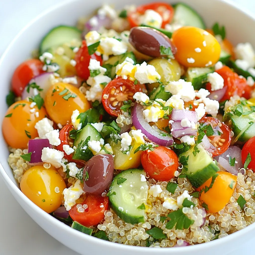 To make this tasty Mediterranean quinoa salad, you will need: - 1 cup quinoa, thoroughly rinsed - 2 cups vegetable broth or water - 1 cup cherry tomatoes, halved - 1 cucumber, diced into bite-sized pieces - 1/2 red onion, finely chopped - 1/2 cup Kalamata olives, pitted and halved - 1/2 cup crumbled feta cheese - 1/4 cup fresh parsley, chopped - 1/4 cup fresh mint, chopped - 3 tablespoons extra virgin olive oil - 2 tablespoons fresh lemon juice - 1 teaspoon dried oregano - Salt and freshly ground black pepper to taste You can swap some ingredients if needed: - Quinoa: You can use farro or couscous for a different texture. - Feta Cheese: Try goat cheese or a vegan cheese for a dairy-free option. - Kalamata Olives: Black olives or green olives also work well. - Fresh Herbs: Use basil or dill if parsley and mint aren’t available. This salad is not only tasty but also healthy. Here’s what you get per serving (based on 4 servings): - Calories: About 250 - Protein: 8g - Carbohydrates: 30g - Fiber: 5g - Fat: 12g This dish gives you good energy, fiber, and healthy fats. Enjoy the freshness and flavor while knowing you're eating well! {{ingredient_image_2}} To cook quinoa, start with 1 cup of rinsed quinoa. Rinsing removes the bitter coating. In a medium saucepan, add 2 cups of vegetable broth or water. Bring it to a boil over medium-high heat. Once boiling, add the quinoa. Reduce the heat to low and cover it with a lid. Let it simmer for about 15 minutes. You want all the liquid absorbed. After that, take it off the heat and let it rest for 5 minutes. This helps the quinoa finish cooking. Fluff the quinoa gently with a fork. Set it aside to cool completely. In a large mixing bowl, combine the cooled quinoa with the following ingredients: - 1 cup cherry tomatoes, halved - 1 cucumber, diced into bite-sized pieces - 1/2 red onion, finely chopped - 1/2 cup Kalamata olives, pitted and halved - 1/2 cup crumbled feta cheese - 1/4 cup fresh parsley, chopped - 1/4 cup fresh mint, chopped Gently fold the ingredients together. Make sure everything is evenly mixed. You want all those bright colors and fresh flavors to blend. For the dressing, take a small bowl. Whisk together these ingredients: - 3 tablespoons extra virgin olive oil - 2 tablespoons fresh lemon juice - 1 teaspoon dried oregano - Salt and freshly ground black pepper to taste This dressing adds a zesty kick. Drizzle it over the quinoa salad mixture. Use a spatula to toss the salad gently. Ensure all ingredients are well-coated with the dressing. Taste the salad. If needed, add more salt and pepper. Allow it to sit at room temperature for about 15 minutes. This resting time helps the flavors meld beautifully. To fluff quinoa, follow these simple steps. First, rinse the quinoa well. This removes the bitter coating. After cooking, let it sit covered for five minutes. This step helps the quinoa absorb steam. Then, use a fork to gently stir the grains. This separates them and makes them light and fluffy. You can serve this salad in many ways. Try placing it in a glass bowl or on a large platter. Add some extra herbs on top for color. A sprinkle of feta cheese adds a nice touch. This salad pairs well with grilled meats or fish. You can also serve it as a light lunch. To boost the flavors, use fresh herbs like parsley and mint. Their brightness lifts the dish. A splash of lemon juice adds zest. You can also add more spices like cumin or paprika. For a spicy kick, consider red pepper flakes. Always taste and adjust the seasoning. This ensures the dish meets your flavor preference. Pro Tips Choose the Right Quinoa: For a nuttier flavor and better texture, opt for tri-color quinoa. It adds visual appeal and a delightful crunch. Chill Before Serving: Allow the salad to chill in the refrigerator for at least 30 minutes before serving. This enhances the flavor and makes it more refreshing. Customize Your Veggies: Feel free to add or substitute other vegetables like bell peppers or radishes for extra color and crunch. Use Fresh Herbs: Always use fresh herbs instead of dried for a more vibrant flavor. Fresh parsley and mint make a significant difference in taste. {{image_4}} To make a vegan version, leave out the feta cheese. Replace it with avocado or a vegan cheese. You can add more beans too. Chickpeas work great for added protein. This keeps the salad hearty and filling. You can also mix in some sunflower seeds for crunch. Toss in a handful of arugula for a peppery bite. If you want extra protein, add grilled chicken. Use about one cup of sliced chicken breast. Season the chicken with lemon juice, salt, and pepper before grilling. Slice it thin and layer it over the salad. This adds a nice depth of flavor and makes it a full meal. You can also marinate the chicken in olive oil and herbs for extra taste. Feel free to get creative with your veggies! Add bell peppers, zucchini, or even artichoke hearts. Try roasting the vegetables for added flavor. You can also use frozen peas or corn for a sweet pop. Just make sure to chop them into similar sizes for even mixing. This variation keeps the salad fresh and colorful. After enjoying your Mediterranean quinoa salad, store leftovers in an airtight container. This helps keep the salad fresh. Place it in the fridge. It will stay good for about 3 to 5 days. When you’re ready to eat, check for any signs of spoilage before serving. You can freeze quinoa salad, but it may change texture. To freeze, place it in a freezer-safe container. Be sure to leave some space at the top for expansion. It can last up to 3 months in the freezer. When ready to eat, thaw in the fridge overnight before serving. To reheat, gently warm the salad in a pan over low heat. Stir often to avoid burning. You can also use the microwave. Heat in short bursts at medium power. Avoid overheating, as it can make the salad mushy. For best results, serve at room temperature. Yes, you can make this salad ahead of time. It tastes even better after the flavors mix. I recommend making it a few hours before serving. Just keep it in the fridge. This way, it stays fresh and cool. If you don't like feta, try using goat cheese. It has a creamy texture and tangy taste. You can also use a dairy-free cheese if you want a vegan option. Tofu can work too if you season it right. Yes, quinoa salad is very healthy! Quinoa is a great source of protein and fiber. It helps you feel full longer. The veggies add vitamins and minerals. The olive oil provides healthy fats. This dish is light and nourishing. Enjoy it as a meal or a side! This post covered how to make a delicious Mediterranean quinoa salad. We explored the ingredients, step-by-step cooking, and helpful tips. You learned about variations, storage, and answered common questions. Overall, quinoa salad is easy to make and very tasty. With the right ingredients and a few tricks, you can create a dish that impresses everyone. Enjoy experimenting with your own flavors and make it your own!