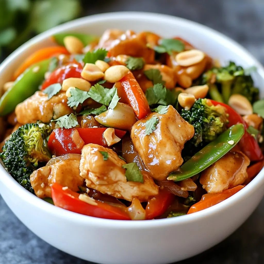 To make Thai peanut chicken, you need some key items. Here’s what you should gather: - 500g chicken breast, cut into bite-sized pieces - 2 tablespoons vegetable oil - 1 bell pepper, sliced (red or yellow) - 1 medium onion, sliced thinly - 2 cloves garlic, minced - 1 tablespoon ginger, minced - 1 cup broccoli florets - 1 carrot, julienned - 1 cup snap peas - ½ cup creamy peanut butter - 3 tablespoons soy sauce - 2 tablespoons honey - 1 tablespoon fresh lime juice - 1 teaspoon chili paste - Fresh cilantro (for garnish) - Chopped peanuts (to sprinkle on top) You can add some extra flavors or textures to your dish. Consider these options: - Extra vegetables like zucchini or bell peppers - Chopped green onions for garnish - Sesame seeds for added crunch - A splash of coconut milk for creaminess If you don’t have some ingredients, don’t worry! Here are some easy swaps: - Chicken breast can be replaced with chicken thighs for extra flavor. - Use almond butter or sunflower seed butter instead of peanut butter if needed. - Tamari or coconut aminos work well as a soy sauce alternative for gluten-free dishes. - Maple syrup can replace honey for a vegan option. - Lime juice can be swapped for rice vinegar for a different tang. These tips will help you create a delicious meal. Enjoy the cooking process! {{ingredient_image_2}} First, grab a large skillet or wok. Heat 2 tablespoons of vegetable oil over medium-high heat. Once hot, add 500 grams of chicken breast cut into bite-sized pieces. Stir-fry the chicken for about 5-7 minutes. Look for a golden brown color and make sure it’s cooked through. When done, take the chicken out and set it aside on a plate. In the same skillet, add the sliced onion and bell pepper. You can choose red or yellow bell pepper for color. Add 2 cloves of minced garlic and 1 tablespoon of minced ginger. Sauté these for about 2-3 minutes. You want them softened and fragrant. Next, toss in 1 cup of broccoli florets, 1 julienned carrot, and 1 cup of snap peas. Stir-fry these for 3-4 minutes. Keep them bright in color and a bit crunchy. This adds great texture to your dish. While the veggies cook, take a medium bowl. Whisk together ½ cup of creamy peanut butter, 3 tablespoons of soy sauce, 2 tablespoons of honey, 1 tablespoon of fresh lime juice, and 1 teaspoon of chili paste. Mix until it’s smooth and well blended. This sauce brings the real Thai flavor to your chicken. Now, return the cooked chicken to the skillet with the sautéed vegetables. Pour the peanut sauce over everything. Stir well to coat the chicken and veggies. Heat the mix for about 2-3 minutes. Make sure everything is hot and ready to serve. Plate your Thai peanut chicken right away. Garnish it with fresh cilantro leaves and a sprinkle of chopped peanuts for a nice crunch. You can serve it over steamed jasmine rice or enjoy it as a standalone dish. The vibrant colors will make it look great on your table! To cook perfect chicken, start with fresh breast pieces. Cut them into bite-sized chunks. This helps them cook evenly. Heat the vegetable oil in your skillet until hot. Add the chicken and stir-fry until golden brown. This usually takes about 5 to 7 minutes. Make sure there is no pink in the middle. This way, your chicken will be juicy and tender. To make the peanut sauce even better, use smooth peanut butter. This gives a creamy texture. When mixing the sauce, whisk the peanut butter with soy sauce, honey, lime juice, and chili paste. Adjust the honey based on your taste. For extra flavor, add a pinch of garlic powder or a splash of sesame oil. This makes the sauce rich and delicious. Serve your Thai peanut chicken over jasmine rice. The rice soaks up the sauce well. You can also serve it in lettuce wraps for a fun twist. Top with fresh cilantro and chopped peanuts for crunch. Pair it with a simple cucumber salad for a refreshing side. Enjoy your meal with a cold drink, like iced tea or coconut water. Pro Tips Cut Uniformly: Ensure all chicken pieces and vegetables are cut into similar sizes for even cooking and a more appealing presentation. Fresh Ingredients: Use fresh garlic, ginger, and vegetables to enhance the flavors and nutritional value of the dish. Adjust Spice Level: Tailor the amount of chili paste according to your spice preference; start with less and add more if desired. Garnish Generously: Don't skimp on the fresh cilantro and chopped peanuts; they not only add flavor but also texture and visual appeal. {{image_4}} You can switch the chicken for other proteins. Shrimp works great in this dish. Just cook it for 3-4 minutes until it turns pink. Tofu is a good choice for vegans. Use firm tofu, cut it into cubes, and pan-fry until golden. Beef slices can also add a rich flavor. Just make sure to cook it until well done. For a vegetarian twist, skip the meat. Use only vegetables and tofu. You can add more veggies like mushrooms, zucchini, or eggplant. The peanut sauce will still taste amazing with these changes. It keeps the dish rich and satisfying. Serve it over rice or noodles for a hearty meal. You can change the flavor of your sauce too. Add coconut milk for a creamier texture. If you want it spicier, add more chili paste or fresh chili peppers. For a tangy kick, try adding more lime juice. Experiment with different nuts like cashews or almonds for extra crunch. You can also mix in a bit of sesame oil for a unique taste. After making Thai peanut chicken, let it cool down. Once cool, place it in an airtight container. Store it in the fridge for up to three days. When ready to eat, make sure to check for any off smells or changes in texture. This ensures you enjoy a safe meal. If you want to keep it longer, freezing is an option. Use a freezer-safe container or a heavy-duty freezer bag. Squeeze out as much air as you can before sealing. Thai peanut chicken can last in the freezer for up to three months. Label the container with the date, so you know when to use it. To reheat, thaw the chicken overnight in the fridge if frozen. You can heat it on the stove or in the microwave. For the stove, add a splash of water or broth in a pan to prevent sticking. Heat over medium until warmed through. In the microwave, use a microwave-safe dish and cover it to keep moisture in. Heat in short bursts, stirring in between to ensure even warming. Enjoy your delicious meal again! Thai Peanut Chicken is a tasty dish made with chicken and veggies, all coated in a creamy peanut sauce. The sauce combines peanut butter, soy sauce, honey, lime juice, and some chili paste. This mix creates a sweet and savory flavor that is hard to resist. You will love the crunch of fresh vegetables, like bell peppers and snap peas, in every bite. Yes, you can prepare this dish ahead of time. Cook the chicken and veggies, then store them in the fridge. Keep the peanut sauce separate until you are ready to serve. When you want to eat, just heat everything together. This makes for a quick meal on busy days. Thai Peanut Chicken goes well with many sides. Here are some great choices: - Steamed jasmine rice - Quinoa for a healthier twist - Fresh cucumber salad for crunch - Stir-fried veggies for extra color These sides will balance the rich flavors of the chicken. To adjust the spice level, you can add more or less chili paste in the sauce. For a spicier kick, add extra paste. If you prefer it milder, use less or skip it altogether. You can also serve sliced fresh chilies on the side for those who want more heat. Thai Peanut Chicken can be gluten-free if you choose the right ingredients. Use gluten-free soy sauce instead of regular soy sauce. Check all labels to make sure other ingredients are also gluten-free. This way, you can enjoy a delicious meal without worry. This article shared how to make Thai Peanut Chicken. We explored the key ingredients, cooking steps, and helpful tips. You learned how to customize your dish with various proteins and flavors. Storing and reheating the meal will keep it fresh longer. Now, you can impress your friends with this tasty recipe. Enjoy each delicious bite and feel free to make it your own!
