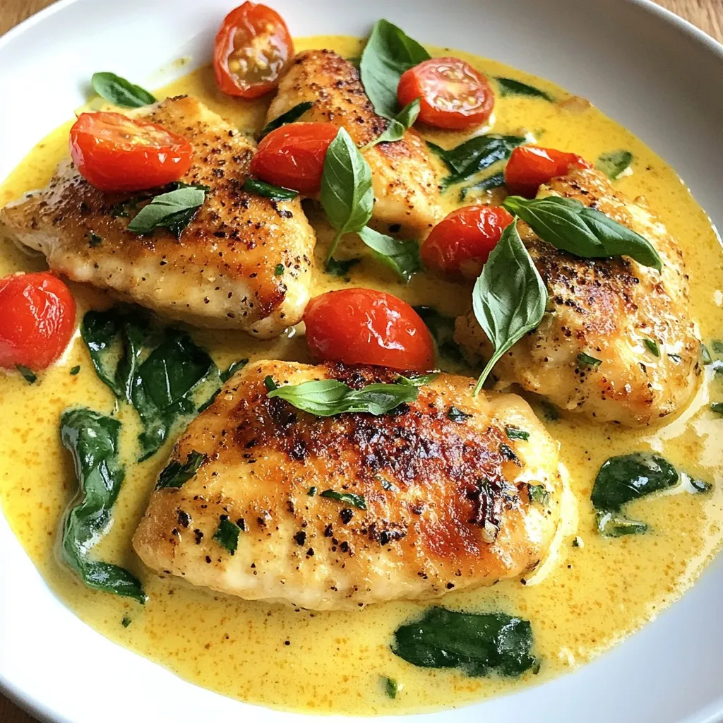 To create a creamy garlic Tuscan chicken, gather these tasty ingredients: - 4 boneless, skinless chicken breasts - 1 tablespoon extra virgin olive oil - 1 teaspoon Italian seasoning - Sea salt and freshly cracked black pepper, to taste - 4 cloves garlic, finely minced - 1 cup cherry tomatoes, halved - 1 cup fresh spinach leaves - 1 cup heavy whipping cream - ½ cup freshly grated Parmesan cheese - 1 tablespoon fresh basil, chopped (for garnish) You can swap some ingredients if needed: - Use chicken thighs instead of breasts for more flavor. - Replace heavy cream with coconut cream for a lighter option. - If you are out of cherry tomatoes, any tomato works. - Fresh spinach can be swapped with kale or arugula. Choosing the best ingredients makes a big difference. Here are my tips: - Chicken: Look for bright pink, firm chicken. Avoid any that look gray or have an odor. - Garlic: Pick heads that are firm and dry. Avoid any that are sprouting. - Tomatoes: Choose tomatoes that are bright and slightly soft. They should smell sweet. - Spinach: Get fresh spinach with vibrant green leaves. Avoid yellow or wilting leaves. - Cheese: Opt for freshly grated Parmesan, as it melts better than pre-grated. With these tips, you can make sure your creamy garlic Tuscan chicken is full of flavor! {{ingredient_image_2}} To start, take your chicken breasts and pat them dry. This step helps the chicken brown nicely. Next, season both sides with Italian seasoning, sea salt, and freshly cracked black pepper. Make sure to cover the chicken well to boost the flavor. Heat 1 tablespoon of extra virgin olive oil in a large skillet over medium-high heat. Once the oil is hot, add your seasoned chicken breasts. Cook them for about 5-7 minutes on each side. You want the chicken to be golden brown and reach an internal temperature of 165°F. When done, remove the chicken and keep it warm by covering it with foil. In the same skillet, reduce the heat to medium. Add 4 cloves of finely minced garlic. Sauté the garlic for about 1 minute, stirring often. You want it to smell nice but not turn brown. Next, toss in 1 cup of halved cherry tomatoes and 1 cup of fresh spinach leaves. Cook for 2-3 minutes until the spinach wilts and the tomatoes soften. Now, slowly pour in 1 cup of heavy whipping cream and add ½ cup of grated Parmesan cheese. Stir to mix everything well. Let the sauce come to a gentle simmer while stirring until it thickens slightly. Finally, return the cooked chicken to the pan and let it simmer for another 3-4 minutes. The chicken will soak up the rich flavors of the sauce. To cook chicken perfectly, start with dry chicken breasts. Pat them with paper towels. This helps them brown nicely. Season both sides well. Use Italian seasoning, salt, and pepper. Heat olive oil in a large skillet over medium-high heat. When the oil shimmers, add the chicken. Cook for about 5-7 minutes on each side. Aim for a golden brown color. Always check the internal temperature; it should reach 165°F. This ensures your chicken is safe to eat and juicy. To boost the flavor, add fresh garlic to the pan. Sauté it for about a minute until fragrant. Make sure not to burn it, as burnt garlic can ruin the taste. Add cherry tomatoes and spinach next. These ingredients not only add color but also a fresh taste. The tomatoes will soften and release juices. When you pour in the cream and stir in Parmesan, the sauce becomes rich and creamy. This combination creates a lovely depth of flavor that makes your dish shine. One common mistake is overcooking the chicken. Always check the time and temperature. Another mistake is not seasoning enough. Seasoning is key for flavor. Also, don’t rush the sauce. Allow it to simmer gently. This helps the flavors meld together. Lastly, avoid using low-quality ingredients. Fresh, high-quality items make a big difference in taste. Always choose the best for your meals. Pro Tips Brining for Juiciness: Soaking chicken breasts in a saltwater brine for 30 minutes before cooking helps to keep them juicy and flavorful. Fresh Ingredients Matter: Using fresh garlic, tomatoes, and spinach will enhance the overall flavor of the dish significantly compared to dried or canned ingredients. Thickening the Sauce: If your sauce isn't thickening to your liking, you can mix a teaspoon of cornstarch with cold water and stir it into the sauce, allowing it to simmer for a few more minutes. Perfect Pairings: Serve this dish with a crisp salad or steamed vegetables to balance out the richness of the creamy sauce. {{image_4}} You can make this dish lighter without losing flavor. Here are some swaps: - Chicken: Use skinless chicken thighs for more moisture. - Cream: Substitute heavy cream with Greek yogurt or coconut milk. - Cheese: Try using reduced-fat Parmesan for fewer calories. - Oil: Replace olive oil with a cooking spray to cut back on fat. These swaps keep the meal tasty while making it healthier. Adding more veggies boosts nutrition and flavor. Consider these options: - Bell Peppers: Add sliced bell peppers for sweetness and crunch. - Zucchini: Toss in zucchini for a mild flavor and added fiber. - Mushrooms: Sauté mushrooms for a savory touch. - Broccoli: Add broccoli florets for a hearty bite. Feel free to mix and match based on your favorites! This dish pairs well with various sides. Here are some ideas: - Pasta: Serve over your favorite pasta to soak up the sauce. - Rice: Use fluffy rice for a filling base. - Garlic Bread: A side of garlic bread complements the creamy sauce. - Salad: A fresh green salad adds crunch and lightness. These choices enhance the meal and make it more enjoyable. You can store leftover creamy garlic Tuscan chicken in the fridge. Place it in an airtight container. It will stay fresh for up to three days. Make sure the chicken is cooled before sealing it. This helps keep the sauce creamy and tasty. If you want to save it for later, freezing is a great option. Slice the chicken into pieces for easy use. Place the chicken and sauce in a freezer-safe bag or container. It can last up to three months in the freezer. When you're ready to eat, just thaw it in the fridge overnight. To reheat, use the stove for the best results. Place the chicken and sauce in a skillet over low heat. Stir gently to warm it through. You can add a splash of cream or broth if the sauce thickens too much. Microwaving is quicker but may change the texture. If you choose this method, heat it in short bursts and stir often. Enjoy your meal as if it were fresh! You can serve Creamy Garlic Tuscan Chicken with various sides. Here are some great options: - Garlic bread for a crunchy bite - Cooked pasta to soak up the sauce - Fluffy rice for a filling base - A fresh green salad for a light touch - Roasted vegetables for added flavor These sides add taste and balance to the meal. Each option pairs well and makes your plate colorful and inviting. Yes, you can use other meats. Here are some ideas: - Turkey breast for a lean option - Pork chops for a different flavor - Shrimp for a seafood twist - Tofu for a plant-based choice Each meat will change the dish's taste. Be sure to adjust cooking times based on what you use. Making Creamy Garlic Tuscan Chicken dairy-free is easy. Follow these tips: - Swap heavy cream for coconut milk or almond milk - Use nutritional yeast instead of Parmesan cheese - Look for dairy-free cheese for a creamy texture These swaps keep the dish rich and creamy without dairy. Enjoy the flavors without worry! This post covered all you need to make Creamy Garlic Tuscan Chicken. We reviewed the ingredients, shared tips for selecting fresh ones, and provided ways to switch ingredients for a healthier meal. The step-by-step guide ensures you cook perfect chicken and a tasty sauce. With tricks to avoid common mistakes, you’ll enhance your cooking skills. Finally, storage tips help keep your meal fresh. Remember, cooking is about enjoying the process and flavor. Happy cooking, and may your meals always impress!
