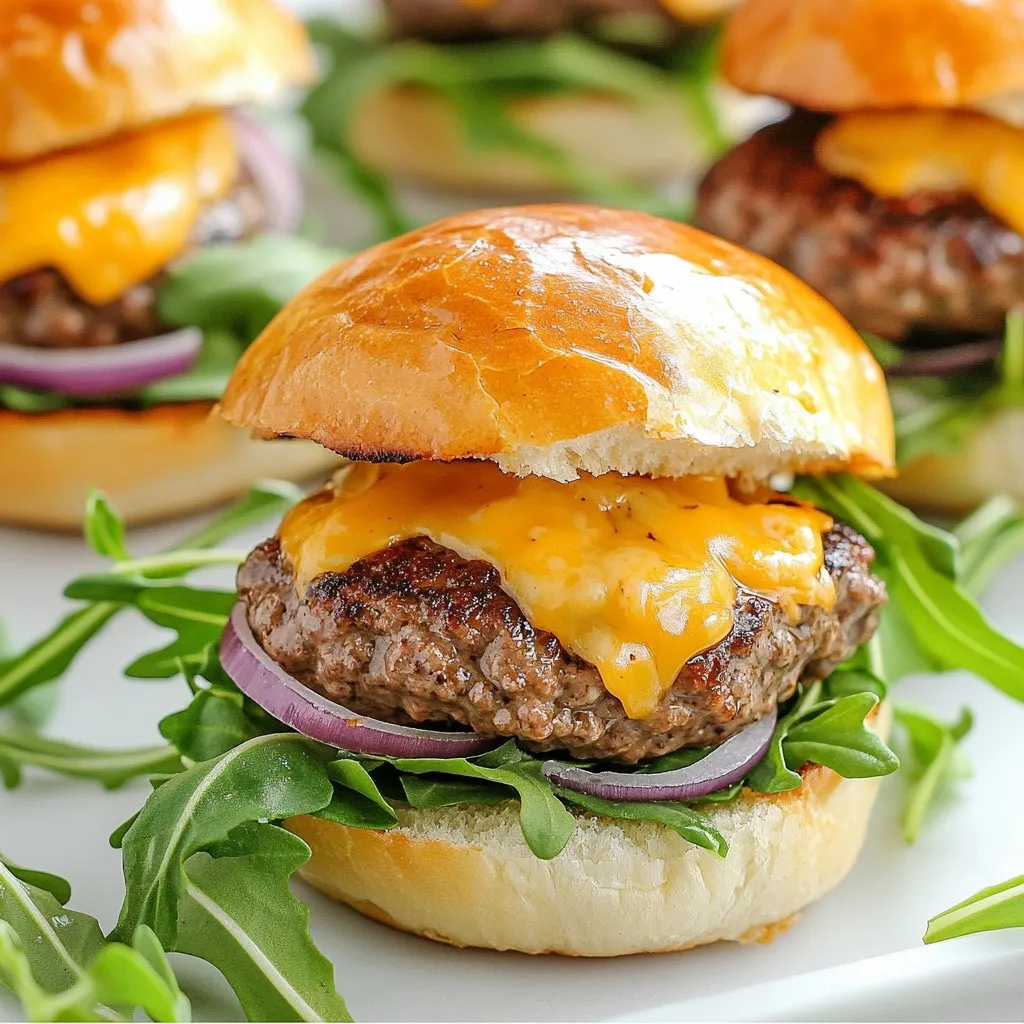 To make delicious beef and cheddar sliders, gather these ingredients: - 1 lb ground beef (80/20) - 1 teaspoon garlic powder - 1 teaspoon onion powder - 1 teaspoon smoked paprika - Salt and pepper to taste - 8 mini slider buns - 8 slices sharp cheddar cheese - 1 tablespoon Worcestershire sauce - 1 tablespoon olive oil - 1 small red onion, thinly sliced - 1 cup arugula or baby spinach - 2 tablespoons mayonnaise - Optional: pickles or jalapeños for topping You can swap ingredients based on what you have: - Use ground turkey or chicken for a lighter option. - Swap sharp cheddar for another cheese like Swiss or pepper jack. - If you don’t have Worcestershire sauce, soy sauce works too. - Use any greens you like instead of arugula or spinach. - Make sliders with gluten-free buns if needed. Add extra flavor with these toppings: - Slices of pickles for crunch. - Jalapeños for heat. - Sliced tomatoes for freshness. - A dollop of your favorite barbecue sauce. - Crispy bacon for a savory twist. These options let you customize the sliders to your taste. Enjoy mixing and matching! {{ingredient_image_2}} Start by getting a large mixing bowl. Add 1 pound of ground beef to the bowl. Sprinkle in 1 teaspoon of garlic powder, 1 teaspoon of onion powder, and 1 teaspoon of smoked paprika. Then, add salt and pepper to taste. Next, pour in 1 tablespoon of Worcestershire sauce. Mix everything gently with your hands or a spatula. Be careful not to overmix the meat, as this can make it tough. Divide the mixture into 8 equal parts. Shape each part into mini patties. Make them a bit larger than your slider buns because they will shrink while cooking. Heat 1 tablespoon of olive oil in a large skillet over medium-high heat. When the oil is hot and shimmering, carefully lay the patties in the skillet. Cook each side for about 3-4 minutes. You want a nice sear on them. If you want to check if they are done, use a meat thermometer. Aim for 160°F for medium well. In the last minute of cooking, place a slice of sharp cheddar cheese on each patty. Cover the skillet with a lid right away. This will trap heat and help the cheese melt nicely. While the patties are cooking, get your slider buns ready. Lightly toast them in a separate skillet or under a broiler. You want them golden brown and slightly crisp. This helps to keep them from getting soggy. Now, take the bottom half of each toasted bun. Spread a thin layer of mayonnaise on it. Place a cheesy beef patty on top. Then, add a few slices of fresh red onion and a handful of arugula or baby spinach for color and flavor. If you like some crunch or heat, add pickles or jalapeños. Finally, top with the other half of the bun. Serve your sliders right away while they are warm and gooey. Enjoy your savory beef and cheddar bites! To get a great burger texture, don’t overmix the meat. Mix just until the spices blend in. Use ground beef with 20% fat for juiciness. When shaping patties, make them slightly larger than the buns. This helps them stay juicy as they cook. The skillet method works best for sliders. Heat olive oil in a pan over medium-high heat. This gives the sliders a nice sear. Cook each side for 3-4 minutes. If you want grill marks, try cooking them on a grill. Just ensure the grill is hot before adding the patties. To melt cheese perfectly, place it on the patties during the last minute of cooking. Cover the pan with a lid right after adding the cheese. This traps heat and helps the cheese melt evenly. For extra flavor, use sharp cheddar or even mix in some pepper jack for a kick. Pro Tips Use Fresh Ingredients: Always opt for fresh ground beef and vegetables to enhance the flavor and texture of your sliders. Don’t Overcook the Patties: Remove the patties from the heat when they are slightly undercooked, as they will continue to cook from residual heat. Experiment with Toppings: Feel free to customize your sliders with unique toppings like avocado, crispy bacon, or different cheese varieties for added flavor. Keep It Simple: Sometimes less is more! Stick to a few quality ingredients to let the beef and cheese shine through. {{image_4}} You can switch the beef for other meats. Ground turkey or chicken works well. Both meats cook fast and stay juicy. Just remember to adjust the seasonings. Turkey needs more flavor, so add extra garlic or herbs. Chicken may need more salt. If you want a meatless option, try using black beans or lentils. Mash cooked beans with spices to form patties. You can also use store-bought veggie burgers. They are quick and easy. Just cook as you would the beef patties. Add lots of toppings like avocado or roasted peppers for extra taste. Change up the flavors to keep things exciting. For spicy sliders, add diced jalapeños or hot sauce to the beef mix. For a smoky taste, use smoked cheese or add extra smoked paprika. You can even mix in barbecue sauce for a sweet twist. Don't be afraid to experiment and find your favorite combo! To store leftover sliders, first let them cool down. Place them in an airtight container. Use parchment paper between layers to keep them fresh. You can also wrap each slider in plastic wrap. Keep them in the fridge for up to three days. This way, they stay tasty and safe to eat. For reheating, use the oven for great taste. Preheat your oven to 350°F. Place the sliders on a baking sheet. Cover them with aluminum foil to keep moisture in. Heat for about 10-15 minutes. This method helps keep the buns soft and the cheese melty. You can also use a microwave if you're in a hurry. Just heat for 30 seconds at a time until warm. You can freeze sliders for a quick meal later. Wrap each slider tightly in plastic wrap. Then place them in a freezer bag. Remove as much air as possible before sealing. Label the bag with the date. Sliders can last up to three months in the freezer. To enjoy, thaw them in the fridge overnight. Reheat them in the oven for the best flavor. Yes, you can make Beef & Cheddar Sliders ahead of time. You can prepare the beef mixture and shape the patties. Store them in the fridge for up to 24 hours. When you're ready to cook, just heat your skillet and follow the cooking steps. This saves time for busy days or parties. The best sides for sliders include: - Sweet potato fries - Coleslaw - Potato chips - Pickles - Veggie sticks with dip These sides add crunch and flavor. They balance the richness of the sliders and keep things fun. Yes, you can grill the sliders! Grilling adds a tasty, smoky flavor. Preheat the grill to medium-high heat. Cook the patties for about 3-4 minutes per side. Just like in the skillet, top with cheese in the last minute to melt. Enjoy that grilled goodness! In this post, we explored how to make delicious Beef & Cheddar Sliders step-by-step. We covered key ingredients, cooking methods, and ways to mix up flavors. You learned about substitutions, storage tips, and how to reheat leftovers to keep them tasty. Whether you want to switch proteins or try new toppings, the options are endless. Now you have the tools to impress at your next gathering with slider perfection. Enjoy your cooking adventure!