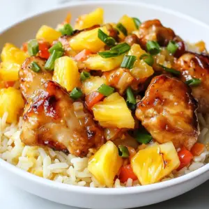 - 1 lb boneless, skinless chicken thighs, cut into bite-sized pieces - 1 cup jasmine rice, rinsed and drained - 1 can (14 oz) pineapple chunks in juice, drained (reserve the juice) - 1/2 cup bell pepper, diced (any color works well) - 1/2 cup onion, chopped - 2 cloves garlic, minced - 1 tablespoon soy sauce - 1 tablespoon olive oil - 1 teaspoon fresh ginger, grated - 1/2 teaspoon black pepper - 1/2 teaspoon salt - 1/4 teaspoon red pepper flakes (optional, for a bit of heat) - 2 green onions, sliced (for garnish) - Optional garnishes like cilantro Gathering the right ingredients is key to making this dish shine. The chicken thighs bring rich flavor and tender texture. Jasmine rice absorbs the sweetness of pineapple, while the vibrant bell pepper and onion add crunch. The garlic and ginger enhance the dish with warmth. Soy sauce provides umami, and spices balance the flavors. Top it off with fresh green onions for a pop of color and taste. Optional cilantro adds freshness and a lovely aroma. These ingredients make for a colorful, tasty meal! {{ingredient_image_2}} 1. Heat one tablespoon of olive oil in a large skillet over medium heat. Watch for it to shimmer. 2. Add 1/2 cup of chopped onion and 1/2 cup of diced bell pepper. Saut&eacute; for 3-4 minutes. Look for the onion to turn translucent. 3. Stir in 2 minced cloves of garlic and 1 teaspoon of grated fresh ginger. Cook for another minute. Enjoy the fragrant aroma. 4. Add 1 pound of cut chicken thighs to the skillet. Season with 1/2 teaspoon of salt, 1/2 teaspoon of black pepper, and 1/4 teaspoon of red pepper flakes if you want heat. Cook for 5-7 minutes. Ensure the chicken is browned and no longer pink. 5. Once the chicken is cooked, add 1 cup of rinsed jasmine rice. Mix it well with the chicken and veggies. 6. Pour in the reserved pineapple juice and add 1 3/4 cups of water along with 1 tablespoon of soy sauce. Stir until combined. 7. Increase the heat to bring the mixture to a gentle simmer. Once you see bubbles, cover the skillet. Let it cook for about 15 minutes. The rice should absorb all the liquid and become tender. 8. After cooking, gently fold in the drained pineapple chunks. Cover again and let it sit for 5 minutes. This warms the pineapple. 9. Fluff the rice with a fork. Taste the dish and adjust the seasoning if needed. This step ensures balanced flavors. 10. Serve hot, garnished with sliced green onions. They add a fresh crunch and color to your meal. To ensure your chicken is cooked through, cut it into bite-sized pieces. This helps it cook evenly and faster. Cook the chicken until it is browned and no longer pink in the center. Use a meat thermometer if needed; the chicken should reach 165&deg;F. For perfectly tender rice, rinse the jasmine rice well before cooking. Rinsing helps remove excess starch, which can make rice sticky. When you add the rice to the skillet, stir it well with the other ingredients. This ensures that the rice absorbs all the flavors. To adjust spice levels, consider adding more or less red pepper flakes. If you want a mild dish, skip them altogether. For a bit more heat, add a pinch or two. Taste as you go to find the right balance for you. Using fresh ingredients makes a big difference in taste. Fresh garlic, ginger, and veggies add brightness to your dish. If you can, use fresh pineapple instead of canned. It enhances the flavor and gives a nice texture. Serve your Pineapple Chicken & Rice Skillet in vibrant bowls. This showcases the colorful ingredients. A bright dish not only looks good but also makes the meal more inviting. For garnishes, slice green onions and sprinkle them on top. This adds a fresh crunch. You can also add a sprig of cilantro for extra color and freshness. Pro Tips Marinate the Chicken: For added flavor, marinate the chicken pieces in soy sauce, garlic, and ginger for 30 minutes before cooking. Use Fresh Pineapple: If possible, use fresh pineapple instead of canned for a brighter flavor and a firmer texture. Adjust the Spice Level: Feel free to modify the amount of red pepper flakes based on your personal spice preference. Let it Rest: Allow the dish to sit covered for a few minutes after cooking to let the flavors meld together perfectly. {{image_4}} You can swap chicken with shrimp or tofu. Shrimp cooks quickly and adds a nice flavor. Simply saut&eacute; it until it turns pink. Tofu is an excellent choice for a vegetarian option. Choose firm tofu, press it, and cut it into bite-sized cubes. Cook until golden for great texture. You can also try different meats like pork or beef. Each will change the taste of the dish, making it unique. Want to change the rice? Use brown rice or quinoa for a healthier option. Brown rice adds a nutty flavor and is higher in fiber. Just note that it may need more water and time to cook. Quinoa is gluten-free and cooks faster. You can also explore other grains like farro or barley. Each grain will bring its own special taste and texture. Feel free to add more spices or sauces to change the flavor. Try adding a touch of curry powder or chili sauce for heat. You can also mix in vegetables like broccoli or carrots. They add color and nutrition. Just saut&eacute; them with the onion and bell pepper for the best results. This way, you can create a dish that fits your taste perfectly. To store leftover Pineapple Chicken & Rice Skillet, let it cool first. Then place it in an airtight container. This keeps the dish fresh and safe. It will last in the fridge for about 3 to 4 days. Make sure to check for any signs of spoilage before eating. You can freeze this dish for later use. Allow it to cool completely, then transfer it to a freezer-safe container. Leave some space at the top for expansion. The dish can last in the freezer for up to 3 months. When you are ready to eat it, thaw it in the fridge overnight. This keeps the texture nice. To reheat the Pineapple Chicken & Rice Skillet, the stovetop works best. Place it in a skillet over low heat. Add a splash of water or broth to prevent sticking. Stir it often for even heating. You can also use a microwave. Heat it in short bursts, stirring in between. Aim for about 2 to 3 minutes, checking for warmth. Enjoy your meal with the same great taste! Yes, you can use different types of rice. Jasmine rice is great for its fragrance and texture, but you can swap it out. Here are some options: - Brown rice: Use it for a healthier choice. It takes longer to cook, so add extra water and time. - Basmati rice: This rice adds a nutty flavor and cooks quickly. Rinse it well before use. - Quinoa: This grain is gluten-free and packs a protein punch. Use a 1:2 ratio of quinoa to water. Experiment with these options to find what you like best! This dish is not very spicy, but you can adjust the heat. The recipe includes red pepper flakes, which add a mild kick. If you prefer less spice, simply omit them. For a bit more heat, try these: - Add more red pepper flakes: Just a pinch can boost the heat. - Chili sauce: A spoonful mixed in can spice things up. - Fresh jalape&ntilde;os: Slice them thin and stir them in for a fresh taste. Taste as you go to find your perfect spice level! To make this dish vegetarian, swap the chicken for plant-based proteins. Here are a few ideas: - Tofu: Cube firm tofu and saut&eacute; it until golden. It soaks up flavors well. - Chickpeas: Canned chickpeas add protein and texture. Rinse and add them in with the rice. - Mushrooms: Use diced mushrooms for a meaty texture. Saut&eacute; them with the onions and peppers. To keep the flavors bold, use vegetable broth instead of water. Enjoy your veggie twist! This blog post covered a simple and tasty chicken dish with rice. You learned about key ingredients like chicken thighs, jasmine rice, and fresh veggies. The step-by-step guide made cooking easy. Tips offered helpful cooking secrets, while variations let you customize your meal. Proper storage and reheating keep leftovers fresh. In the end, this dish is flexible and fun. You can adjust flavors to suit your taste. Enjoy cooking and sharing this delightful recipe!