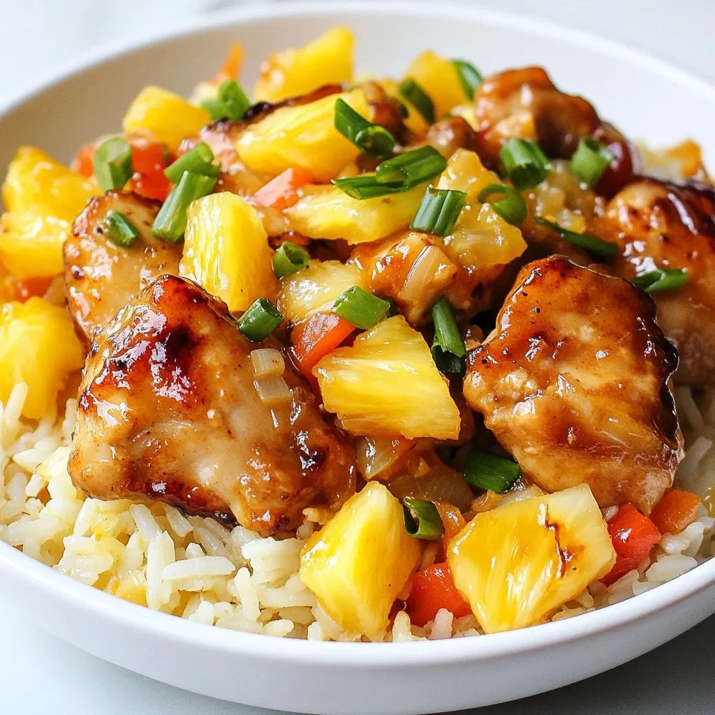 - 1 lb boneless, skinless chicken thighs, cut into bite-sized pieces - 1 cup jasmine rice, rinsed and drained - 1 can (14 oz) pineapple chunks in juice, drained (reserve the juice) - 1/2 cup bell pepper, diced (any color works well) - 1/2 cup onion, chopped - 2 cloves garlic, minced - 1 tablespoon soy sauce - 1 tablespoon olive oil - 1 teaspoon fresh ginger, grated - 1/2 teaspoon black pepper - 1/2 teaspoon salt - 1/4 teaspoon red pepper flakes (optional, for a bit of heat) - 2 green onions, sliced (for garnish) - Optional garnishes like cilantro Gathering the right ingredients is key to making this dish shine. The chicken thighs bring rich flavor and tender texture. Jasmine rice absorbs the sweetness of pineapple, while the vibrant bell pepper and onion add crunch. The garlic and ginger enhance the dish with warmth. Soy sauce provides umami, and spices balance the flavors. Top it off with fresh green onions for a pop of color and taste. Optional cilantro adds freshness and a lovely aroma. These ingredients make for a colorful, tasty meal! {{ingredient_image_2}} 1. Heat one tablespoon of olive oil in a large skillet over medium heat. Watch for it to shimmer. 2. Add 1/2 cup of chopped onion and 1/2 cup of diced bell pepper. Sauté for 3-4 minutes. Look for the onion to turn translucent. 3. Stir in 2 minced cloves of garlic and 1 teaspoon of grated fresh ginger. Cook for another minute. Enjoy the fragrant aroma. 4. Add 1 pound of cut chicken thighs to the skillet. Season with 1/2 teaspoon of salt, 1/2 teaspoon of black pepper, and 1/4 teaspoon of red pepper flakes if you want heat. Cook for 5-7 minutes. Ensure the chicken is browned and no longer pink. 5. Once the chicken is cooked, add 1 cup of rinsed jasmine rice. Mix it well with the chicken and veggies. 6. Pour in the reserved pineapple juice and add 1 3/4 cups of water along with 1 tablespoon of soy sauce. Stir until combined. 7. Increase the heat to bring the mixture to a gentle simmer. Once you see bubbles, cover the skillet. Let it cook for about 15 minutes. The rice should absorb all the liquid and become tender. 8. After cooking, gently fold in the drained pineapple chunks. Cover again and let it sit for 5 minutes. This warms the pineapple. 9. Fluff the rice with a fork. Taste the dish and adjust the seasoning if needed. This step ensures balanced flavors. 10. Serve hot, garnished with sliced green onions. They add a fresh crunch and color to your meal. To ensure your chicken is cooked through, cut it into bite-sized pieces. This helps it cook evenly and faster. Cook the chicken until it is browned and no longer pink in the center. Use a meat thermometer if needed; the chicken should reach 165°F. For perfectly tender rice, rinse the jasmine rice well before cooking. Rinsing helps remove excess starch, which can make rice sticky. When you add the rice to the skillet, stir it well with the other ingredients. This ensures that the rice absorbs all the flavors. To adjust spice levels, consider adding more or less red pepper flakes. If you want a mild dish, skip them altogether. For a bit more heat, add a pinch or two. Taste as you go to find the right balance for you. Using fresh ingredients makes a big difference in taste. Fresh garlic, ginger, and veggies add brightness to your dish. If you can, use fresh pineapple instead of canned. It enhances the flavor and gives a nice texture. Serve your Pineapple Chicken & Rice Skillet in vibrant bowls. This showcases the colorful ingredients. A bright dish not only looks good but also makes the meal more inviting. For garnishes, slice green onions and sprinkle them on top. This adds a fresh crunch. You can also add a sprig of cilantro for extra color and freshness. Pro Tips Marinate the Chicken: For added flavor, marinate the chicken pieces in soy sauce, garlic, and ginger for 30 minutes before cooking. Use Fresh Pineapple: If possible, use fresh pineapple instead of canned for a brighter flavor and a firmer texture. Adjust the Spice Level: Feel free to modify the amount of red pepper flakes based on your personal spice preference. Let it Rest: Allow the dish to sit covered for a few minutes after cooking to let the flavors meld together perfectly. {{image_4}} You can swap chicken with shrimp or tofu. Shrimp cooks quickly and adds a nice flavor. Simply sauté it until it turns pink. Tofu is an excellent choice for a vegetarian option. Choose firm tofu, press it, and cut it into bite-sized cubes. Cook until golden for great texture. You can also try different meats like pork or beef. Each will change the taste of the dish, making it unique. Want to change the rice? Use brown rice or quinoa for a healthier option. Brown rice adds a nutty flavor and is higher in fiber. Just note that it may need more water and time to cook. Quinoa is gluten-free and cooks faster. You can also explore other grains like farro or barley. Each grain will bring its own special taste and texture. Feel free to add more spices or sauces to change the flavor. Try adding a touch of curry powder or chili sauce for heat. You can also mix in vegetables like broccoli or carrots. They add color and nutrition. Just sauté them with the onion and bell pepper for the best results. This way, you can create a dish that fits your taste perfectly. To store leftover Pineapple Chicken & Rice Skillet, let it cool first. Then place it in an airtight container. This keeps the dish fresh and safe. It will last in the fridge for about 3 to 4 days. Make sure to check for any signs of spoilage before eating. You can freeze this dish for later use. Allow it to cool completely, then transfer it to a freezer-safe container. Leave some space at the top for expansion. The dish can last in the freezer for up to 3 months. When you are ready to eat it, thaw it in the fridge overnight. This keeps the texture nice. To reheat the Pineapple Chicken & Rice Skillet, the stovetop works best. Place it in a skillet over low heat. Add a splash of water or broth to prevent sticking. Stir it often for even heating. You can also use a microwave. Heat it in short bursts, stirring in between. Aim for about 2 to 3 minutes, checking for warmth. Enjoy your meal with the same great taste! Yes, you can use different types of rice. Jasmine rice is great for its fragrance and texture, but you can swap it out. Here are some options: - Brown rice: Use it for a healthier choice. It takes longer to cook, so add extra water and time. - Basmati rice: This rice adds a nutty flavor and cooks quickly. Rinse it well before use. - Quinoa: This grain is gluten-free and packs a protein punch. Use a 1:2 ratio of quinoa to water. Experiment with these options to find what you like best! This dish is not very spicy, but you can adjust the heat. The recipe includes red pepper flakes, which add a mild kick. If you prefer less spice, simply omit them. For a bit more heat, try these: - Add more red pepper flakes: Just a pinch can boost the heat. - Chili sauce: A spoonful mixed in can spice things up. - Fresh jalapeños: Slice them thin and stir them in for a fresh taste. Taste as you go to find your perfect spice level! To make this dish vegetarian, swap the chicken for plant-based proteins. Here are a few ideas: - Tofu: Cube firm tofu and sauté it until golden. It soaks up flavors well. - Chickpeas: Canned chickpeas add protein and texture. Rinse and add them in with the rice. - Mushrooms: Use diced mushrooms for a meaty texture. Sauté them with the onions and peppers. To keep the flavors bold, use vegetable broth instead of water. Enjoy your veggie twist! This blog post covered a simple and tasty chicken dish with rice. You learned about key ingredients like chicken thighs, jasmine rice, and fresh veggies. The step-by-step guide made cooking easy. Tips offered helpful cooking secrets, while variations let you customize your meal. Proper storage and reheating keep leftovers fresh. In the end, this dish is flexible and fun. You can adjust flavors to suit your taste. Enjoy cooking and sharing this delightful recipe!