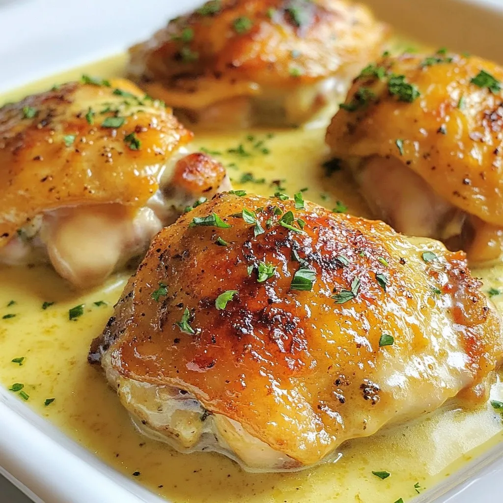 You will need 4 bone-in, skin-on chicken thighs. This cut gives you juicy meat and crispy skin. The bone adds flavor and helps keep the meat moist. Choose thighs that are similar in size for even cooking. For the creamy sauce, gather 1 cup of heavy cream and 1 cup of chicken broth. The cream adds richness, while the broth enhances the chicken flavor. This mix makes the dish comforting and creamy. You need a few simple seasonings: - 2 tablespoons of olive oil - 4 cloves of garlic, minced - 1 tablespoon of Dijon mustard - 1 teaspoon of smoked paprika - 1 teaspoon of dried thyme - Salt and pepper to taste - Fresh parsley, chopped (for garnish) The olive oil helps the garlic brown nicely. The mustard adds a tangy kick. Smoked paprika gives a warm flavor, while thyme adds an earthy taste. Salt and pepper will enhance all these flavors. Finally, chopped parsley adds a fresh touch when served. {{ingredient_image_2}} First, set your oven to 375°F (190°C). Preheating helps cook the chicken evenly. It only takes a few minutes, but this step is crucial. Grab a skillet and heat it over medium heat. Pour in the olive oil. Once the oil is hot, add the minced garlic. Sauté it for about 1 minute. You want it fragrant and lightly golden, not burnt. Stir it gently to avoid browning too much. In a mixing bowl, combine the heavy cream, chicken broth, Dijon mustard, smoked paprika, dried thyme, salt, and pepper. Whisk everything together until it’s smooth and creamy. This mixture adds great flavor to the chicken. Take a baking dish and place the chicken thighs in it, skin-side up. Pour the creamy mixture around the chicken, making sure it’s well coated. You don’t want the thighs fully submerged. Now, place the baking dish in your preheated oven. Bake for 40-45 minutes. The internal temperature should hit 165°F (74°C) when done. For a delicious crispy skin, turn on the broiler. Broil the chicken thighs for an extra 3-5 minutes. Keep a close eye on it to prevent burning. You want a nice, golden finish. Once cooked, take the baking dish out of the oven. Let the chicken rest for about 5 minutes. This helps the juices stay inside, keeping the meat moist. Finally, sprinkle freshly chopped parsley on top before serving. It adds a lovely touch and fresh flavor. To get crispy skin, start with bone-in, skin-on chicken thighs. Pat the skin dry with paper towels. This step helps remove moisture. A dry surface leads to better crisping. When you sauté garlic, heat your skillet before adding oil. Preheating helps the skin sizzle right away. After baking, broil the chicken for 3-5 minutes. Keep a close eye to avoid burning. This method gives you that crunchy texture you crave. To enhance flavors, use fresh herbs like thyme. Dried thyme works too, but fresh adds brightness. Experiment with spices like smoked paprika for a smoky taste. Dijon mustard adds tang and depth to the sauce. You can also add a splash of lemon juice for brightness. Adjust salt and pepper to your liking. For a richer flavor, let the creamy mixture sit for a few minutes before pouring it over the chicken. This helps the flavors meld nicely. To check if the chicken is done, use a meat thermometer. Aim for an internal temperature of 165°F (74°C). Insert the thermometer into the thickest part of the thigh, avoiding the bone. If you don’t have a thermometer, look for clear juices. The juices should run clear, not pink. Let the chicken rest for 5 minutes after baking. This resting time keeps the juices inside, making each bite tender and juicy. Enjoy your flavorful, creamy oven-baked chicken thighs! Pro Tips Resting the Chicken: Allowing the chicken to rest for 5 minutes after baking helps the juices redistribute, ensuring a moist and tender bite. Choosing the Right Pan: Use a baking dish that is large enough to hold the chicken thighs comfortably without overcrowding to allow even cooking. Flavor Boost: For an extra flavor dimension, consider adding a splash of white wine to the creamy mixture before baking. Herb Variations: Feel free to experiment with different herbs like rosemary or oregano to customize the flavor profile of your dish. {{image_4}} You can use boneless chicken thighs for this recipe. Boneless thighs cook faster and are easier to eat. Just remember to check the internal temperature. It should still reach 165°F (74°C). The creamy sauce will still soak into the meat, keeping it juicy and flavorful. Feel free to mix up the seasonings! Instead of smoked paprika, try garlic powder or Italian herbs. You can use fresh herbs like rosemary or basil for a bright flavor. Spices like cayenne can add a kick. Tailor the blend to fit your taste. This way, every meal can feel new and exciting. Adding veggies can boost flavor and nutrition. You can toss in carrots, potatoes, or green beans. Just chop them into similar sizes for even cooking. Place them around the chicken in the baking dish. They will soak up the creamy sauce and become tender. This makes for a complete meal in one dish! After cooking, let the chicken cool to room temperature. Place it in an airtight container. Store it in the fridge for up to 3 days. If you want to keep it fresh longer, make sure it’s well sealed. To freeze, wrap each chicken thigh tightly in plastic wrap. Place them in a freezer bag, squeezing out as much air as possible. You can freeze the thighs for up to 3 months. Remember to label the bag with the date for easy tracking. When you're ready to enjoy leftovers, preheat your oven to 350°F (175°C). Place the chicken in a baking dish. Pour some extra cream or broth over it to add moisture. Cover the dish with foil to keep it from drying out. Bake for about 20-25 minutes or until warmed through. Enjoy the same delicious taste as when it was fresh! Bake the chicken thighs for about 40 to 45 minutes. You want them to reach an internal temperature of 165°F (74°C). This ensures they are safe to eat and fully cooked. Baking at 375°F (190°C) gives the skin a nice, golden color while keeping the meat juicy. Yes, you can use other cuts of chicken. Boneless chicken thighs work well, too. Just remember that cooking times may vary. Breasts will cook faster, so keep an eye on them. Always check the temperature to ensure they are done. You can serve these chicken thighs with many sides. Roasted vegetables add color and nutrition. Fluffy mashed potatoes soak up the creamy sauce nicely. Fresh salads can balance the rich flavors, too. Consider garlic bread for a tasty addition. In this article, we covered the best ways to cook creamy oven-baked chicken thighs. We discussed the key ingredients like bone-in thighs, cream, and seasonings. I shared step-by-step instructions for cooking, from preheating the oven to broiling for crispy skin. Tips for ensuring great flavor and texture were also included. You can easily adapt this dish with variations like boneless thighs or added vegetables. Remember to store leftovers properly for later enjoyment. Enjoying this recipe can elevate your cooking skills and delight your taste buds.