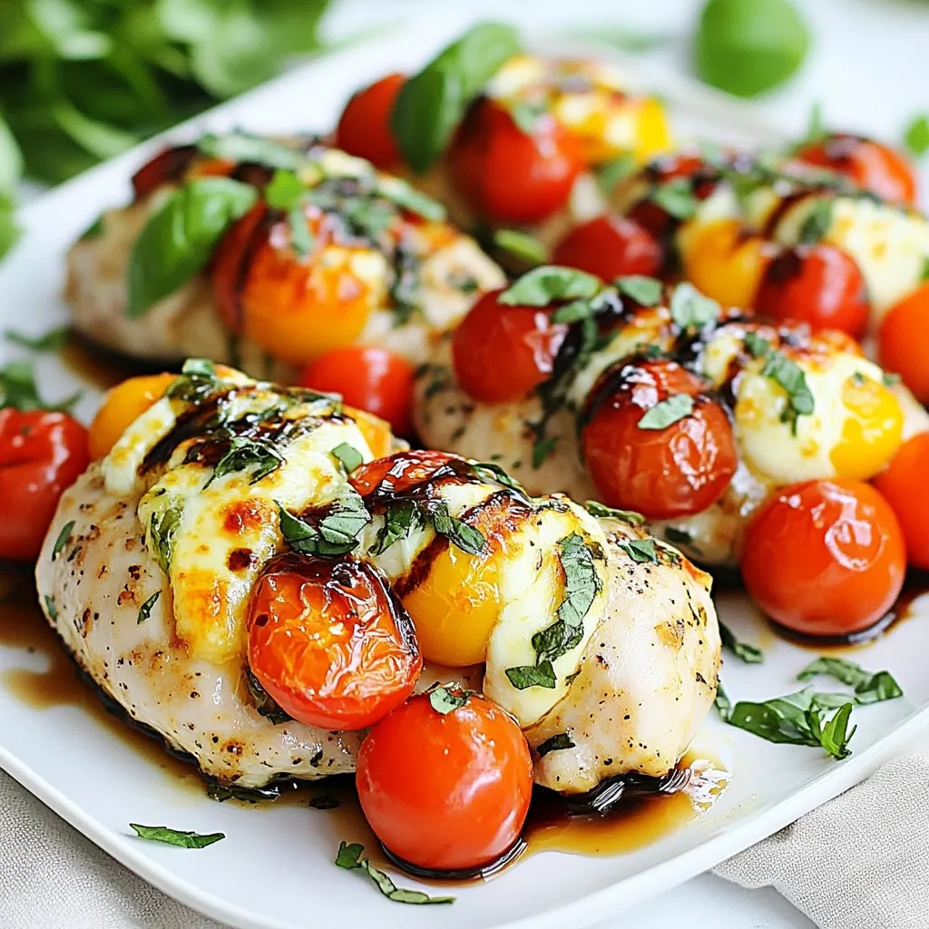 - 2 large chicken breasts - 1 cup cherry tomatoes, halved - 1 cup fresh mozzarella balls, halved - ½ cup fresh basil leaves, chopped - 2 cloves garlic, minced - 2 tablespoons balsamic glaze, plus extra for drizzling - 2 tablespoons olive oil, plus a little more for drizzling - Salt and pepper, to taste - 1 teaspoon dried oregano - Toothpicks or kitchen twine for securing For this Caprese stuffed chicken recipe, you need two large chicken breasts. They should be thick enough to hold a good amount of filling. The Caprese filling requires fresh and vibrant ingredients. Cherry tomatoes add sweetness and color. Fresh mozzarella provides creaminess and melts beautifully. The basil brings in a fragrant touch. Minced garlic adds depth to the flavor. Don’t forget the seasoning! Olive oil helps the filling stick together and keeps the chicken moist. Balsamic glaze gives a tangy sweetness that brightens the dish. Dried oregano adds an earthy note. Finally, salt and pepper enhance all the flavors. Make sure you have toothpicks or kitchen twine ready. You’ll need these to secure the chicken after stuffing it. Each ingredient plays a key role in creating a delicious and flavorful dinner. {{ingredient_image_2}} 1. Preheat your oven to 375°F (190°C). This makes sure your chicken cooks evenly. 2. In a medium bowl, mix cherry tomatoes, mozzarella, basil, and minced garlic. 3. Drizzle 2 tablespoons of olive oil and balsamic glaze into the bowl. 4. Sprinkle with dried oregano, salt, and pepper. Mix well to blend all flavors. 5. Now, take each chicken breast and place it on a cutting board. 6. Carefully slice a pocket into each breast. Don’t cut all the way through. 1. Stuff each chicken breast with the Caprese mixture. Make sure to fill both evenly. 2. Use toothpicks or kitchen twine to secure the openings. This keeps the filling inside. 1. Season the outside of the stuffed chicken with salt and pepper. 2. Drizzle a bit more olive oil over the surface for added flavor. 3. Place the stuffed chicken breasts in a baking dish. 4. Drizzle a little balsamic glaze over the tops for extra taste and presentation. 5. Bake the chicken in your preheated oven for 25-30 minutes. Cook until golden brown. 6. Check that the chicken reaches an internal temperature of 165°F (74°C). 7. Once cooked, take the chicken out and let it rest for about 5 minutes. 8. This resting time helps keep the chicken moist when you slice it. 9. Slice each stuffed chicken breast and serve warm. Drizzle more balsamic glaze if you like. To keep your chicken moist, start with good quality breasts. Look for plump, fresh chicken. When you cook, always use a meat thermometer. Aim for 165°F (74°C) inside. This ensures juicy meat. Let the chicken rest after baking. It helps the juices settle. Different ovens heat differently. If yours runs hot, check the chicken at 20 minutes. If it’s cooler, you might need more time. Keep an eye on it. Adjust as needed for perfect results. For serving, use a nice plate or a rustic wooden board. It makes a big difference. Place the chicken in the center. Drizzle with balsamic glaze to add shine. Garnish with fresh basil leaves. They add color and a pop of flavor. You can also sprinkle some extra mozzarella on top. It makes the dish look even more inviting. Pro Tips Use Fresh Ingredients: For the best flavor, use the freshest mozzarella, basil, and tomatoes you can find. Fresh ingredients elevate the dish and enhance its overall taste. Secure the Stuffing: Make sure to tightly secure the openings with toothpicks or kitchen twine to prevent the delicious filling from leaking out while cooking. Let it Rest: Allow the chicken to rest for a few minutes after baking. This step is crucial as it helps retain the juices, resulting in a juicier and more flavorful chicken. Drizzle for Presentation: A drizzle of balsamic glaze right before serving not only adds a burst of flavor but also enhances the visual appeal of your dish, making it look restaurant-quality. {{image_4}} You can switch up the cheese in this dish. Use goat cheese for a tangy twist. Feta cheese also works well and adds a salty flavor. If you want a milder taste, try ricotta. You can also change the herbs. Instead of basil, use parsley or thyme. These choices give new layers of taste. Feel free to add more veggies to the stuffing. Spinach adds a nice color and nutrition. Zucchini or bell peppers can bring extra crunch. If you love a bit of heat, add some chopped jalapeños. These small changes keep the dish fresh and exciting. You can grill or bake the chicken. Grilling gives a smoky flavor and nice grill marks. Just be sure to keep the heat medium to avoid burning. Baking is easy and keeps the chicken juicy. Preheat the oven to 375°F (190°C) for best results. If you want to save time, try an Instant Pot or slow cooker. In the Instant Pot, cook on high for about 10 minutes. For the slow cooker, cook on low for 6 hours. Both methods keep the chicken moist and full of flavor. These options are great for busy days when you need a meal ready to go. To keep your Caprese stuffed chicken fresh, wrap each piece tightly in plastic wrap or foil. This keeps moisture in and prevents drying out. Place the wrapped chicken in an airtight container. Store it in the fridge for up to three days. After that, the chicken may lose flavor and texture. When reheating, I recommend using the oven. Preheat it to 350°F (175°C). Place the chicken in a baking dish and cover it with foil. Heat for 15-20 minutes, or until warm. This method keeps the chicken juicy. You can also use a microwave, but be careful. Heat in short bursts to avoid drying it out. For leftover chicken, get creative! Add it to salads for a fresh meal. Chop it up and mix it with pasta or make a hearty sandwich. You can also dice it and stir it into a creamy soup for a quick dinner. How to tell if chicken is fully cooked? You can check if chicken is done by using a meat thermometer. The internal temperature should reach 165°F (74°C). If you don’t have a thermometer, cut into the thickest part. The meat should be white, and the juices should run clear, not pink. Can I prepare the chicken ahead of time? Yes, you can prepare the chicken up to a day in advance. Stuff the chicken breasts and cover them tightly. Store in the fridge until you are ready to bake. This saves time for a busy weeknight dinner. What to serve with Caprese stuffed chicken? Caprese stuffed chicken pairs well with a green salad or roasted vegetables. You can also serve it with pasta or crusty bread. For a fresh touch, drizzle more balsamic glaze on the side. This post covered how to prepare a tasty Caprese stuffed chicken. We explored the key ingredients, step-by-step instructions, and helpful tips. I shared variations to keep meals fresh and exciting. Don't forget about storing and reheating tips for leftovers. With these ideas, you can enjoy this dish any time. You’ll impress your friends and family with ease. Happy cooking!