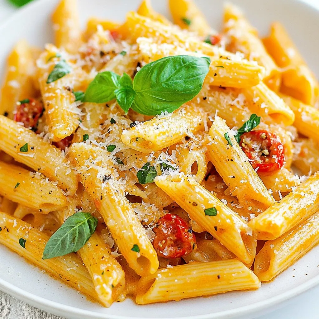 - 12 oz penne pasta - 2 tablespoons olive oil - 3 cloves garlic, minced - 1 can (28 oz) crushed tomatoes - 1 cup heavy cream The main ingredients create a rich and creamy sauce. Penne pasta holds the sauce well. Olive oil adds a nice depth of flavor. Garlic provides aroma and taste. Crushed tomatoes give the dish its base and body. Heavy cream makes the sauce smooth and luscious. - 1 teaspoon red pepper flakes - 1 teaspoon sugar - 1/2 cup fresh basil leaves, chopped - Salt and freshly cracked black pepper, to taste - Grated Parmesan cheese, for serving These flavor enhancers take the dish to a new level. Red pepper flakes add a little heat. Sugar balances the acidity of the tomatoes. Fresh basil brings a bright, herbal note. Salt and black pepper enhance all the other flavors. A sprinkle of Parmesan adds a savory finish. - Twisted fusilli - Classic spaghetti - Gluten-free options If you want to switch up the pasta, you have great choices. Twisted fusilli catches more sauce with its curves. Classic spaghetti is a timeless option that never disappoints. If you need gluten-free, many brands offer great alternatives. Each type of pasta will give you a unique dining experience. {{ingredient_image_2}} First, boil a large pot of salted water. Use about one tablespoon of salt for every quart of water. When the water reaches a rolling boil, add 12 ounces of penne pasta. Cook the pasta according to the package, usually around 10-12 minutes for al dente. Al dente means the pasta is firm but cooked. Drain the pasta and set it aside. Remember to keep one cup of the starchy pasta water for later. In a large skillet, heat two tablespoons of olive oil over medium heat. Once it’s hot, add three minced garlic cloves. Sauté the garlic for one to two minutes. Stir it constantly so it does not burn. After that, pour in one can of crushed tomatoes, about 28 ounces. Mix in one teaspoon of red pepper flakes and one teaspoon of sugar. Let the sauce simmer for about ten minutes. This helps the flavors blend and the sauce thicken. Next, lower the heat and slowly whisk in one cup of heavy cream. Keep stirring until it blends smoothly. Simmer for an extra five to seven minutes. This makes the sauce nice and creamy. Now, add the cooked penne pasta to the skillet. Toss it gently to coat the pasta in the sauce. If the sauce seems too thick, add some reserved pasta water a little at a time. This will help get the right creamy texture. Finally, mix in half a cup of fresh chopped basil. Season with salt and cracked black pepper to taste. Serve the pasta hot, topped with grated Parmesan cheese. Enjoy your meal! To make the best vodka sauce, adjust the spice levels with red pepper flakes. Start with one teaspoon. If you want more heat, add more. This spice gives the sauce a nice kick without being overpowering. Another key tip is to use reserved pasta water. After cooking the pasta, save a cup of that starchy water. When mixing the pasta with the sauce, add some water if the sauce is too thick. This helps create a creamy, smooth finish. Garnishing your dish makes it look and taste even better. Add fresh basil leaves on top for color and flavor. A light drizzle of olive oil adds richness and shine. For serving, sprinkle grated Parmesan cheese over the pasta. This cheese adds a salty, nutty flavor that enhances the dish. You can also serve the pasta with a side of garlic bread for a complete meal. Choosing the right skillet is important for making the sauce. A large, heavy skillet spreads heat evenly, which helps cook the sauce properly. To enhance flavors, start by sautéing the minced garlic in olive oil. This step brings out the garlic's sweetness and depth. Avoid browning the garlic, as it can turn bitter. Just cook until fragrant, then add the crushed tomatoes. Pro Tips Use Fresh Basil: Fresh basil adds a vibrant flavor and aroma to your pasta. Add it at the end to preserve its bright color and taste. Adjust Spice Levels: Modify the red pepper flakes to suit your taste. Start with a small amount and increase it gradually for the perfect heat. Save Pasta Water: The starchy pasta water is a great tool to adjust the sauce's consistency. Add it gradually to achieve the desired creaminess. Enhance with Parmesan: Don't skimp on the grated Parmesan cheese! It adds depth and a savory finish that complements the creaminess of the sauce. {{image_4}} You can switch up your vodka pasta by using a marinara sauce base. It adds a nice twist. Marinara is rich and brings out the tomato flavor. This change can make it lighter yet still tasty. You can also explore different types of cream. Instead of heavy cream, try half-and-half or coconut cream for a dairy-free option. Each type gives a unique taste. Want to add protein to your dish? You can easily incorporate chicken or shrimp into your vodka pasta. Simply cook the protein first, then add it to the sauce. This addition makes the meal heartier. If you prefer vegetarian options, mushrooms work great. Sauté mushrooms until golden brown for a nice texture. They absorb the sauce well and add depth. To enhance the flavor, try infusing your sauce with additional herbs. Fresh thyme or oregano can add a lovely aroma. You can also experiment with different types of cheese. While Parmesan is classic, goat cheese or ricotta can bring a creamier texture. Each choice offers a new taste experience. After you enjoy your vodka pasta, let it cool first. Place the pasta in a bowl. Use a spoon to break up any clumps. Store it in the fridge for up to three days. For storage containers, use airtight options. Glass containers work well. They help keep flavors fresh. To reheat leftovers, use a skillet. Add the pasta and a splash of water. Heat it on low until warm. Stir often to mix in the sauce. You can also use a microwave. Place the pasta in a microwave-safe bowl. Cover it loosely and heat in short bursts. Stop to stir every minute. This helps prevent the sauce from separating. You can freeze vodka pasta if you have extra. To freeze, let it cool completely. Place it in freezer-safe bags or containers. Squeeze out as much air as you can. It will stay fresh for up to three months. When ready to eat, move it to the fridge to thaw overnight. Reheat it gently on the stove for the best flavor. Vodka pasta has simple yet tasty ingredients. Here’s what you need: - 12 oz penne pasta - 2 tablespoons olive oil - 3 cloves garlic, minced - 1 can (28 oz) crushed tomatoes - 1 cup heavy cream - 1 teaspoon red pepper flakes - 1 teaspoon sugar - 1/2 cup fresh basil leaves, chopped - Salt and black pepper, to taste - Grated Parmesan cheese, for serving This mix creates a creamy and rich dish. The tomatoes give it a nice tang. The cream adds smoothness. Garlic and basil bring fresh flavors. Each bite is a delight! Yes, vodka pasta is safe for kids. When you cook with vodka, the heat removes most of the alcohol. The sauce simmers for a while, making it safe to eat. However, always check the amount of vodka you use. A small splash can add flavor without much alcohol left. Parents can also skip vodka for a kid-friendly version. Just make a creamy tomato sauce without it! To thicken vodka sauce, you can use a few easy tricks. Here are some tips: - Use reserved pasta water: Add a little at a time to adjust the sauce thickness. - Simmer longer: Let the sauce cook longer to reduce it. - Add more cream: Mixing in extra heavy cream adds both thickness and richness. These methods help you get that perfect creamy texture. Keep stirring, and enjoy your delicious vodka pasta! To make vodka pasta, start with key ingredients like penne, garlic, and heavy cream. I shared step-by-step instructions for cooking pasta and making sauce. Tips included how to adjust flavors and best practices for storing leftovers. Remember, you can customize this dish by adding proteins or experimenting with different cheeses. Enjoy creating your own version of this creamy delight. With the right techniques, you’ll impress everyone at the table. Now, it’s time for you to cook and savor each bite!