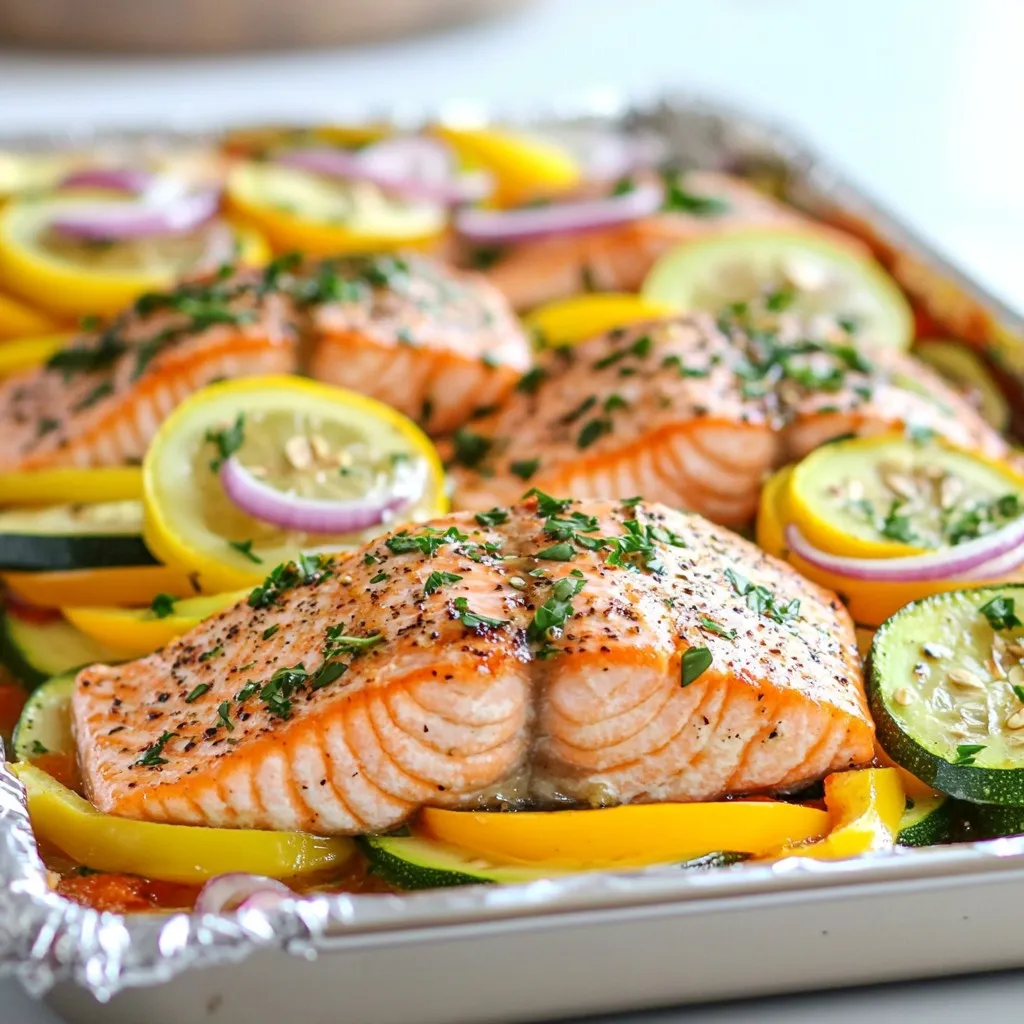- 2 fresh salmon fillets (about 6 ounces each) - 1 medium zucchini, sliced into thin rounds - 1 colorful bell pepper, sliced into strips - 1 small red onion, thinly sliced - 2 tablespoons extra virgin olive oil - 2 cloves fresh garlic, minced - Juice of 1 large lemon - 1 teaspoon dried oregano - 1 teaspoon dried thyme - Salt and freshly ground black pepper to taste - Fresh parsley, chopped, for garnish You need fresh salmon fillets for this dish. Look for fillets that are firm and moist. The vegetables add color and crunch. Zucchini, bell pepper, and red onion work well together. The olive oil, garlic, and lemon juice create a tasty marinade. Dried oregano and thyme give depth to the flavor. Don't forget to add salt and pepper to enhance everything! - Additional herbs or spices - Cooking liquids You can add other herbs like dill or basil for different flavors. Want a little kick? Try adding some red pepper flakes. You can also use cooking liquids like white wine or vegetable broth. These add more moisture and flavor to the salmon and vegetables. - Aluminum foil - Mixing bowl - Baking sheet Gather your tools before you start. You need aluminum foil to create the packets. A mixing bowl helps you blend the marinade easily. A baking sheet will make moving the foil packets to the oven simple. Make sure everything is ready before you begin your meal prep. {{ingredient_image_2}} First, you need to preheat your oven to 375°F (190°C). This step ensures your salmon cooks evenly. Next, prepare two large sheets of aluminum foil, each about 12 inches long. Lay them flat on a clean surface. This will make it easy to pack everything later. In a mixing bowl, combine 2 tablespoons of olive oil, 2 cloves of minced garlic, the juice from 1 lemon, 1 teaspoon of dried oregano, and 1 teaspoon of dried thyme. Add a pinch of salt and pepper for taste. Whisk these together until they blend well. This marinade will give your salmon and veggies a burst of flavor. Place each salmon fillet in the center of a foil sheet. Make sure there's enough space around the fish to fold the foil later. Next, add the sliced zucchini, bell pepper, and red onion around the salmon. Distribute the vegetables evenly to balance the flavors. Now, drizzle the olive oil mixture over everything. Ensure each piece is coated for the best taste. Finally, carefully fold the foil edges over the salmon and veggies. Press to seal tightly, making sure no steam can escape. Transfer the sealed foil packets onto a baking sheet for easy handling. Slide them into your preheated oven and bake for 20-25 minutes. To check if the salmon is done, look for it to be opaque and flake easily with a fork. When it’s ready, carefully remove the foil packs from the oven. Open each one slowly to let the steam out. For a fresh touch, sprinkle some chopped parsley on top before serving. Check salmon for flakiness by using a fork. Gently press the fish. If it flakes easily, it's done. For thicker fillets, aim for 20-25 minutes at 375°F. Thinner fillets may need less time. Always keep an eye on your salmon to avoid overcooking. Marinades can boost your salmon's taste. Try mixing lemon juice, olive oil, and herbs. Let the salmon soak in the marinade for at least 15 minutes. This allows flavors to meld. You can add garlic for an extra kick. Fresh herbs like dill or basil also work well. Seal your foil packs tightly. Fold the edges several times to trap steam. This keeps your salmon moist and tender. Make sure there are no openings. A good seal ensures even cooking. If you want extra flavor, add a splash of broth or wine before sealing. Pro Tips Choose Fresh Salmon: Opt for wild-caught salmon if available, as it tends to have a richer flavor and firmer texture compared to farmed salmon. Vegetable Variations: Feel free to mix and match vegetables based on your preference or seasonal availability. Asparagus, cherry tomatoes, or broccoli also work beautifully. Seal Well: Ensure that the foil packets are tightly sealed to trap steam inside. This helps the salmon cook evenly and keeps it moist. Rest Before Serving: Allow the foil packets to rest for a few minutes after removing them from the oven. This helps the juices redistribute for optimal flavor. {{image_4}} You can swap salmon for other proteins. Chicken breast works great. Use boneless, skinless chicken. Shrimp is another tasty choice. They cook fast and soak up flavors well. For both chicken and shrimp, adjust cooking time. Chicken usually takes longer than salmon. Shrimp cooks quickly, about 10-15 minutes. Feel free to mix up your veggies. Use what is fresh and available. Try asparagus in spring or butternut squash in fall. Broccoli and green beans add crunch and color. Carrots bring a nice sweetness, too. Always aim for a mix of colors for a beautiful dish. You can change the whole vibe of your meal. For an Asian twist, add soy sauce and ginger. Swap out the lemon for lime for a zesty kick. You could even use sesame oil in place of olive oil. For a Mediterranean flair, try adding olives and feta cheese. The options are endless, so have fun experimenting. To store your cooked salmon foil packs, let them cool. Place each pack in an airtight container. You can also keep them in the foil but cover tightly with plastic wrap. Store in the fridge for up to three days. This keeps the salmon fresh and tasty. Reheat salmon packs gently to avoid drying them out. You can use the oven or microwave. For the oven, preheat to 350°F (175°C). Place the foil packs on a baking sheet and heat for about 10-15 minutes. If using a microwave, open the foil carefully, place the salmon on a microwave-safe plate, and cover loosely. Heat for about 1-2 minutes. Check often to keep it moist. You can freeze uncooked or cooked salmon foil packs. For uncooked packs, wrap tightly in plastic wrap and then in foil. Store in the freezer for up to three months. For cooked packs, let them cool first, then place in airtight containers. They also last about three months in the freezer. When ready to use, thaw overnight in the fridge before reheating. Baking salmon in foil takes about 20-25 minutes at 375°F (190°C). The time may vary based on the thickness of the fillets. For thinner fillets, check for doneness at 15 minutes. For thicker pieces, it may need up to 30 minutes. Always watch the salmon closely to ensure it stays juicy. Yes, you can use frozen salmon! Just add a few more minutes to the baking time. If your salmon is frozen, it’s best to bake it for about 30-35 minutes. Make sure to check if it flakes easily with a fork when done. This method ensures a tasty meal without thawing. Baked salmon foil packs pair well with several sides. Try fluffy rice or quinoa. These grains soak up the delicious juices. A simple green salad adds freshness and crunch. You can also serve roasted potatoes or steamed asparagus for a complete meal that looks great on the plate. You can tell salmon is done when it turns opaque and flakes easily with a fork. Use a fork to gently press down on the fillet. If it breaks apart easily, it is ready to eat. Additionally, the internal temperature should reach 145°F (63°C) for safe consumption. This blog post covered the essentials of making delicious salmon foil packs. We went through the key ingredients, the step-by-step cooking process, and helpful tips for flavor. You learned about variations and storage tips too. In wrapping up, creating these foil packs is simple and fun. You can enjoy a tasty meal without much mess. So go ahead, experiment with ingredients, and make it your own! You’ll love the results.