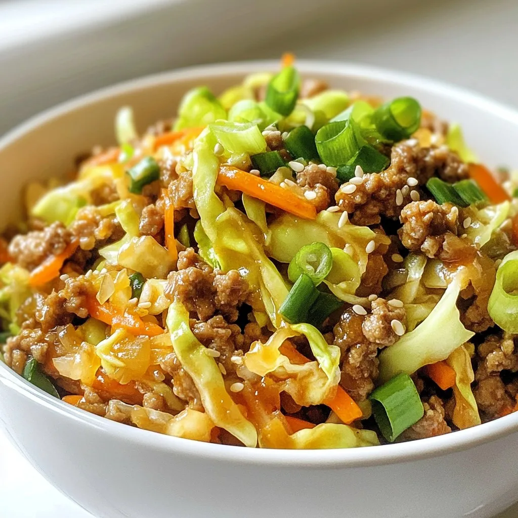 - 1 pound ground turkey (or chicken) - 1 tablespoon sesame oil - 4 cups coleslaw mix - 2 cloves garlic, minced - 1 tablespoon fresh ginger, peeled and minced - 3 green onions, finely sliced - 1/4 cup low-sodium soy sauce - 1 tablespoon rice vinegar - Optional: Sriracha or chili sauce for an extra kick In this dish, the ground turkey or chicken serves as a great protein base. The sesame oil adds a unique nutty flavor and helps cook the meat. The coleslaw mix is your colorful veggie blend, bringing crunch and freshness. For aromatics, garlic and ginger add depth to the dish. Green onions sprinkle on top for color and a mild onion taste. To bring it all together, low-sodium soy sauce and rice vinegar provide a perfect balance of salty and tangy. If you like heat, a bit of sriracha or chili sauce will take it to the next level. Everything combines to create a warm, hearty meal. You can customize with your favorite sauces or toppings. Enjoy making this easy weeknight meal! {{ingredient_image_2}} To start, heat 1 tablespoon of sesame oil in a large skillet or wok. Set the heat to medium-high. Wait until the oil shimmers, which means it's ready. Next, add 1 pound of ground turkey or chicken to the skillet. Use a spatula to break it into smaller pieces. Cook for about 5 to 7 minutes. The meat should turn brown and lose its pink color. Season it lightly with salt and pepper. Now it’s time to add some flavor! Stir in 2 cloves of minced garlic and 1 tablespoon of minced fresh ginger. Cook for 1 to 2 minutes. You’ll notice the lovely aroma filling your kitchen. Then, toss in 4 cups of coleslaw mix. This is where the crunch comes in. Stir well to combine it with the meat and spices. Cook for about 3 to 4 minutes. You want the cabbage to be tender but still crisp. Pour in 1/4 cup of low-sodium soy sauce and 1 tablespoon of rice vinegar. Toss everything to coat it evenly. Let it cook for another 2 to 3 minutes. This allows the flavors to blend nicely. Once done, take the skillet off the heat. Fold in 3 finely sliced green onions, saving some for garnish. Before serving, taste the dish. If you like heat, add some sriracha or chili sauce. Now, scoop the mixture into bowls. Garnish each bowl with sesame seeds and the reserved green onions. Enjoy your colorful and tasty meal! To get the best flavor, start by browning the meat well. This step adds depth. Use medium-high heat and break the turkey into small bits. Cook it until it turns golden brown and loses its pink color. This usually takes 5 to 7 minutes. For the cabbage, you want a bit of crunch. Cook the coleslaw mix just enough so it softens slightly. This should take about 3 to 4 minutes. It is key to stir often. This helps the flavors blend and keeps the cabbage from getting too soft. Pair this dish with a side of steamed rice or quinoa. These grains soak up the yummy sauce. You can also add a simple salad for freshness. For serving, choose colorful bowls. A bright bowl makes the dish pop. Try adding shredded carrots or sliced cucumbers on top. This adds color and texture, and it looks great on the table. If you love heat, add some sriracha or chili sauce. Start with a teaspoon and taste as you go. You can always add more if needed. To balance the spice, consider a little honey or sugar. This can cut the heat and add a nice touch. Pair it with soy sauce or rice vinegar to ensure the flavors mix well. Pro Tips Use Fresh Ingredients: Fresh garlic and ginger will elevate the flavor of your dish. Avoid using pre-minced versions for the best taste. Customize Your Veggies: Feel free to add other vegetables like bell peppers, snap peas, or mushrooms for additional flavor and texture. Adjust the Heat: If you prefer a milder dish, start with a small amount of sriracha and add more gradually to suit your taste. Perfect Your Presentation: Serve in colorful bowls and consider adding fresh herbs or lime wedges for a vibrant touch. {{image_4}} You can easily make this dish vegetarian. Start by substituting ground turkey with tofu. Use firm tofu for the best texture. Simply press and crumble it before cooking. This will absorb all the great flavors. To add more depth, include mushrooms. They bring a rich, umami taste. You can also mix in more veggies like bell peppers, zucchini, or snap peas. This adds color and crunch to your bowl. If you follow a keto diet, you can still enjoy this dish. Swap the coleslaw mix for low-carb veggies. Options include shredded broccoli stems or spiralized zucchini. Both reduce carbs without losing flavor. Adjust the sauces, too. Look for no-sugar soy sauce or coconut aminos. These keep the taste bold while fitting your diet. Explore different flavor profiles by changing the sauces. Try hoisin or teriyaki sauce for a sweet twist. You can also add peanut sauce for a nutty flavor. Consider adding nuts for crunch and protein. Chopped peanuts or cashews work well. If you want more protein, include shrimp or diced chicken. This keeps the meal exciting and satisfying. To store Egg Roll in a Bowl, let it cool first. Place it in an airtight container. This keeps the flavors fresh and prevents moisture loss. It is best to eat it within 3 to 4 days. The dish holds well, but the cabbage may lose some crunch over time. When reheating, use a skillet over medium heat. This method warms the dish evenly and keeps it from getting soggy. Stir gently to keep all the ingredients intact. If you want to freeze it, portion it out first. Store it in freezer-safe containers. It can last up to 3 months in the freezer. Just remember to thaw it overnight in the fridge before reheating. Egg Roll in a Bowl lasts about 3 to 4 days in the fridge. To keep it fresh, store it in an airtight container. This helps prevent moisture loss and keeps flavors intact. If you notice any off smells or changes in texture, it is best to discard it. Yes, you can make Egg Roll in a Bowl ahead of time. This dish is great for meal prep! Cook it fully and let it cool. Then, portion it into containers. When you're ready to eat, simply reheat in the microwave or on the stovetop. This saves time on busy nights. If you don’t have coleslaw mix, use other veggies. Shredded cabbage works well. You can also add grated carrots or sliced bell peppers. For a twist, try using chopped kale or spinach. Mix and match to suit your taste! This keeps the dish fresh and exciting. This dish brings together ground turkey, sesame oil, and coleslaw for a quick meal. We explored how to enhance flavors with garlic, ginger, and soy sauce. I shared tips for perfect cooking and suggested fun variations. Choosing the right ingredients makes this dish flexible and tasty. In the end, you can enjoy a nutritious meal in no time!