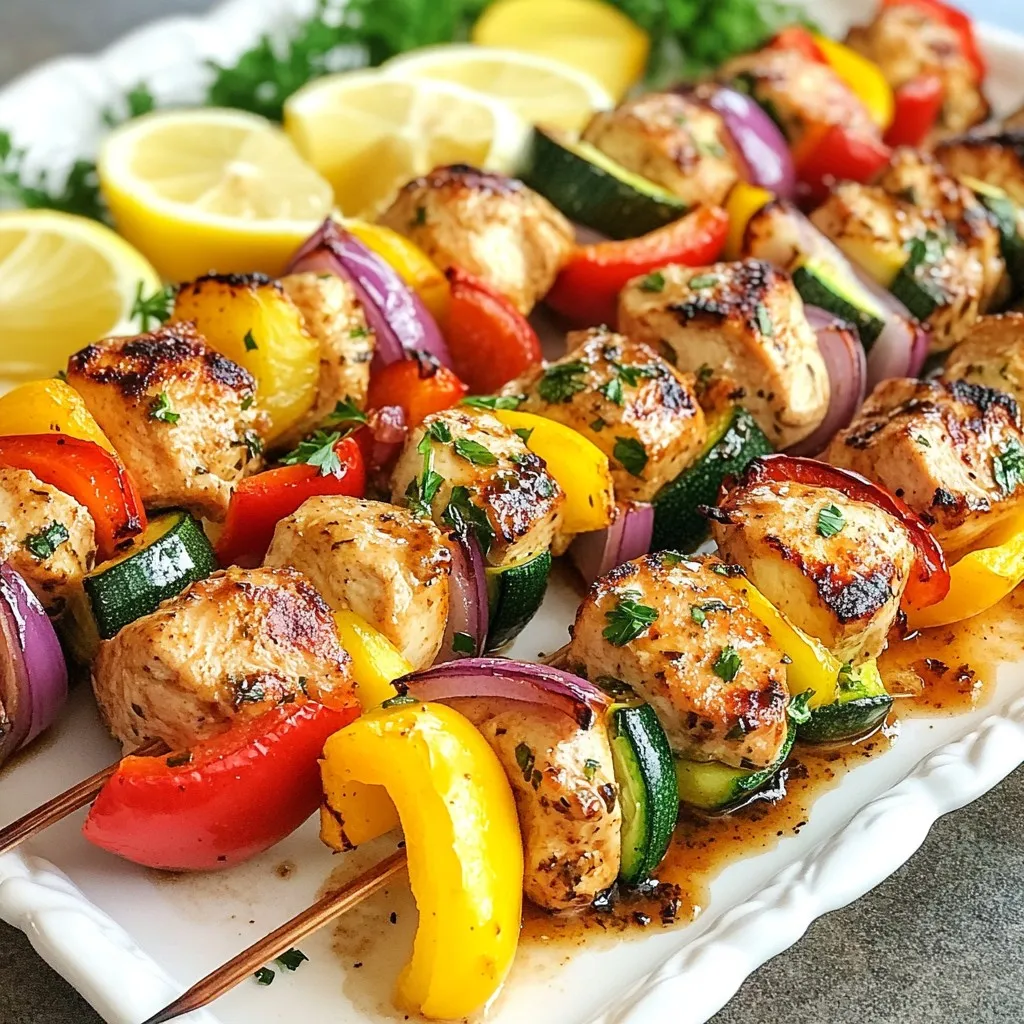- 1.5 lbs chicken breast, cut into 1-inch cubes - 1 red bell pepper, cut into 1-inch pieces - 1 yellow bell pepper, cut into 1-inch pieces - 1 red onion, cut into wedges - 1 medium zucchini, sliced into half-moons - 3 tablespoons olive oil - 2 tablespoons fresh lemon juice - 3 cloves garlic, minced - 2 teaspoons dried oregano - 1 teaspoon smoked paprika - 1 teaspoon ground cumin - Kosher salt and cracked black pepper, to taste - Skewers (if using wooden skewers, soak them in water for 30 minutes) The chicken and vegetables create the perfect mix. I love using fresh bell peppers and zucchini for color and crunch. The marinade blends olive oil, lemon juice, and spices. This mix adds a lovely flavor to the kabobs. - Alternatives for Chicken: You can use turkey or tofu if you want a different protein. Both work well with the marinade and cook nicely. - Vegetable Swap Ideas: Try mushrooms, cherry tomatoes, or asparagus instead of bell peppers and zucchini. These swaps keep the dish exciting and fresh. - Cooking Appliances: You will need an oven set to 400°F (200°C) for roasting. A broiler helps add char if you want. - Skewers and Baking Sheet: Use metal or soaked wooden skewers. A baking sheet lined with parchment paper makes cleanup easy. {{ingredient_image_2}} Preheating the Oven First, set your oven to 400°F (200°C). This temperature helps cook the chicken well. To make cleanup easy, line your baking sheet with parchment paper. This way, food won’t stick, and you save time. Preparing the Marinade In a big bowl, whisk together olive oil, lemon juice, minced garlic, dried oregano, smoked paprika, ground cumin, salt, and pepper. Mix until everything blends well. This marinade adds great flavor to both the chicken and veggies. Coating the Chicken Next, add the cubed chicken breast to the marinade. Make sure each piece gets a good coat. This step is key for tasty kabobs. Ideal Marinating Time Cover the bowl with plastic wrap. Let the chicken marinate for at least 15 minutes. For even better flavor, let it sit in the fridge for up to 2 hours. The longer it sits, the more flavor it gets. Arranging on the Baking Sheet On your lined baking sheet, spread the marinated chicken and chopped vegetables. Make sure they are in a single layer. This helps everything cook evenly. Roasting Instructions Now, place the baking sheet in the oven. Roast for about 20-25 minutes. Flip the chicken and veggies halfway through the cooking time. They are done when the chicken is golden brown and reaches 165°F (74°C). For a little char, switch to broil for 2-3 minutes. Watch closely to avoid burning. Marination Tips Marinating the chicken is key. Use a large bowl for the marinade. Mix olive oil, lemon juice, minced garlic, oregano, smoked paprika, cumin, salt, and pepper. Coat the chicken well. Let it sit for at least 15 minutes. For deeper flavor, marinate for up to 2 hours in the fridge. This makes a big difference! Spice Adjustments Feel free to adjust spices based on your taste. If you like heat, add cayenne or red pepper flakes. For a fresh twist, try fresh herbs like thyme or rosemary. Adjusting spices can make each batch unique. Ensuring Even Cooking Spread chicken and veggies in a single layer on the baking sheet. This helps them cook evenly. Flip them halfway through to ensure all sides get nice and brown. Aim for that golden color for the best texture. Using the Broiler for Char If you want a bit of char, switch to broil for the last few minutes. Keep an eye on the kabobs, as they can burn quickly. This step adds a nice smoky flavor that elevates your meal. Best Accompaniments Serve these chicken kabobs with rice or a fresh salad. Adding a yogurt sauce can also cool down any heat from spices. You can also offer pita bread on the side for a fun twist. Plating Ideas For a beautiful presentation, use a large platter. Arrange the kabobs with colorful veggies. Garnish with freshly chopped parsley and lemon wedges. This makes the dish pop and adds freshness to each bite. Pro Tips Marinate Longer for Extra Flavor: For a deeper taste, allow the chicken to marinate for at least 2 hours in the refrigerator. This will enhance the flavors and tenderness of the chicken. Use a Variety of Veggies: Feel free to mix in other vegetables like cherry tomatoes, mushrooms, or even asparagus for added color and nutrition. Don't Skip the Soaking: If using wooden skewers, always soak them in water for 30 minutes before grilling to prevent burning. Serve with Dipping Sauces: Elevate your kabob experience by serving them with a side of tzatziki or a spicy yogurt sauce for an extra kick. {{image_4}} You can change the flavor of your kabobs with different marinades. Here are some ideas: - Citrus Marinade: Use orange juice and zest for a bright taste. - Herb Marinade: Mix fresh herbs like basil or cilantro for a fresh kick. - BBQ Marinade: Swap olive oil with your favorite BBQ sauce for a smoky flavor. If you want to add heat, try these spices: - Cayenne Pepper: A little goes a long way for heat. - Chili Powder: It adds warmth without too much spice. You can easily make this dish fit your diet. Here are some ideas: - Gluten-Free Modifications: Ensure your marinade is gluten-free. Use gluten-free soy sauce if you choose to add it. - Vegetarian Versions: Replace chicken with tofu or tempeh. Use the same marinade to keep the flavors strong. Using seasonal ingredients can enhance your kabobs. Here’s what to consider: - Spring: Add asparagus or snap peas for a light taste. - Summer: Use fresh tomatoes or corn for sweetness. - Fall: Try butternut squash or mushrooms for a hearty bite. You can also source local ingredients. Check your farmer's market for fresh options. This supports local farmers and gives you the best flavors. - Store leftovers in an airtight container. - This keeps chicken moist and fresh. - Use within three days for best taste. - To retain flavor, add a splash of olive oil. - You can freeze uncooked kabobs or cooked ones. - For uncooked kabobs, place them on a baking sheet first. - Once frozen, transfer to a freezer bag. - For cooked kabobs, let them cool before freezing. - To thaw, leave them in the fridge overnight. - The best way to reheat is in the oven. - Preheat to 350°F (175°C) and bake for 10-15 minutes. - You can use a microwave, but it may dry them out. - Keep an eye on them to avoid overcooking. You should marinate chicken for at least 15 minutes. This allows the flavors to soak in. For even better taste, let it sit in the fridge for up to 2 hours. The longer you marinate, the more flavor the chicken gets. Just remember to cover it well to keep it fresh. Yes, you can use other meats for kabobs. Beef, pork, or lamb work great too. Just cut them into 1-inch cubes like the chicken. Each meat will have its own cooking time, so keep that in mind. You can also try shrimp if you want a seafood option. Each choice will bring a unique taste to your dish. Great vegetables for kabobs include bell peppers, onions, and zucchini. These veggies hold up well when roasted. You can also add mushrooms, cherry tomatoes, or even asparagus. Mix and match your favorites for color and flavor. Just cut them into similar sizes so they cook evenly. The more colors, the more fun your dish will look! This article covered key ingredients for kabobs, including chicken, vegetables, and marinades. I shared valuable tips on substitutions, tools, and cooking techniques. You learned step-by-step instructions, alongside flavor variations and storage info. Each section aimed to help you create tasty kabobs. Remember, using fresh ingredients and marinades boosts flavor. With these insights, you can confidently make kabobs that suit any taste. Enjoy the process and experiment with your favorite ingredients!