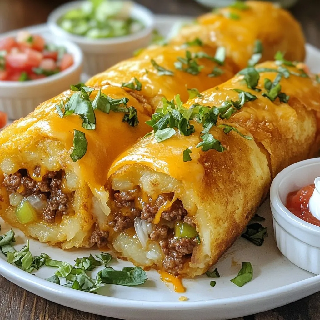 To make Cheesy Tater Tot Burritos, gather these main ingredients: - 1 bag (32 oz) frozen tater tots - 1 cup shredded cheddar cheese - 1 cup cooked and seasoned ground beef (or black beans for a vegetarian alternative) - 1 cup sour cream - 1 cup shredded lettuce - 1 medium tomato, diced - ½ cup salsa - 4 large flour tortillas - 1 teaspoon taco seasoning - Salt and pepper to taste - Cooking oil (for frying) These ingredients create a tasty and filling meal. You can customize your burritos by adding or swapping ingredients. You might want to add some fun extras to your burritos. Here are a few ideas: - Sliced jalapeños for heat - Avocado or guacamole for creaminess - Different types of cheese like Monterey Jack or pepper jack - Corn or black olives for extra flavor Feel free to mix and match according to your taste. Some people may need to change the ingredients for dietary needs. Here are some options: - Ground Beef: Replace with black beans or lentils. - Sour Cream: Use Greek yogurt or plant-based sour cream. - Flour Tortillas: Choose gluten-free tortillas made from corn or rice flour. - Taco Seasoning: Make your own or check for a gluten-free brand. These substitutions keep your meal tasty while meeting dietary needs. {{ingredient_image_2}} Start by preheating your oven to 425°F (220°C). This temperature will make your tater tots crispy. Spread them in a single layer on a baking sheet. Bake for about 25-30 minutes. Check them halfway through and shake the pan to help them cook evenly. You want them golden and crispy. While the tater tots bake, prepare your filling. If using ground beef, heat a skillet over medium heat. Brown the beef until fully cooked. Use a spatula to break it up into small pieces. If you like black beans, just heat them in the skillet. Don’t forget to season! Add taco seasoning, salt, and pepper. Mix well and cook for a few minutes until heated through. Now it’s time to layer your burritos. Lay one large flour tortilla on a clean surface. In the center, place 4-5 crispy tater tots. Add a scoop of your seasoned meat or beans next. Sprinkle shredded cheddar cheese on top. Then, add a dollop of sour cream and a few spoons of salsa. Next, pile on some shredded lettuce and diced tomato for a fresh crunch. To wrap, fold in the sides of the tortilla. Then roll it up tightly from the bottom. Make sure to keep the filling secure as you roll it up. To cook your burritos, heat a small amount of cooking oil in a clean skillet over medium heat. Place the burritos seam-side down in the skillet. Let them cook for 2-3 minutes until they are golden brown and crispy. Carefully flip them over and repeat on the other side. Both sides should be beautifully browned for the best taste. To get crispy tater tots, you need to pick the right cooking method. Baking is best for a healthier option. It gives you a nice crunch without extra oil. Frying adds a rich flavor and a golden brown color. Use frying when you want that extra crispiness, but be mindful of the oil. Store leftovers in an airtight container. Tater tots can get soggy if not stored right. Place them in the fridge for up to three days. For reheating, the oven is your best friend. Preheat it to 400°F (200°C). Bake for about 10 minutes for crispiness. You can also use an air fryer for quick, crispy results. Make your burritos look great on the plate. Use a colorful platter for serving. Add small bowls of salsa and sour cream for dipping. You can garnish with chopped cilantro or green onions. A sprinkle of fresh herbs makes it pop. These small touches make a big difference in how your meal looks. Pro Tips Perfectly Crispy Tater Tots: Ensure your tater tots are spread out evenly on the baking sheet for optimal crispiness. Avoid overcrowding to achieve that golden, crunchy texture. Flavorful Filling: For an extra kick, consider adding diced jalapeños or sliced olives to your filling mix. This will enhance the flavor profile and give your burritos a delightful twist. Sealing the Burrito: To prevent your burritos from opening while frying, make sure to roll them tightly and place them seam-side down in the skillet. This helps keep all the delicious fillings secure. Serving Suggestions: Pair your burritos with a side of guacamole or a zesty lime wedge for an added burst of flavor. This complements the dish beautifully and enhances the overall experience. {{image_4}} You can change up the cheese in your burritos. Try pepper jack for a spicy kick. Or use mozzarella for a stretchy, gooey texture. Consider adding a layer of cream cheese for extra richness. You can also swap in different toppings like guacamole or diced bell peppers. Experimenting keeps meals fun and exciting! Want a spicy twist? Add jalapeños or hot sauce to your burrito. You could also mix chili powder with your taco seasoning. This gives a nice heat without overpowering the other flavors. For a milder option, consider using herbs like cilantro or parsley to brighten the taste. Pair your burritos with a fresh salad or tortilla chips. A side of refried beans complements the meal well. For drinks, try a chilled soda or a fruity iced tea. You can also enjoy them with a light beer for a fun twist. These pairings enhance your dining experience! To keep your burritos fresh, wrap them tightly in plastic wrap. You can also use aluminum foil. Place the wrapped burritos in a sealed container or a zip-top bag. This will help prevent air from getting in and drying them out. If you want to save space, you can stack them. In the fridge, your burritos will last about 3 to 4 days. If you freeze them, they can last up to 2 months. Make sure to label your containers with the date. This will help you keep track of how long they have been stored. If you see any changes in color or smell, it’s best to throw them away. To reheat your burritos and keep them crispy, use an oven or a skillet. Preheat your oven to 350°F (175°C). Place the burritos on a baking sheet and cover them with foil. This keeps them moist. Bake for about 15 to 20 minutes. If you prefer using a skillet, heat it over medium heat. Place the burritos seam-side down and cook for about 2 to 3 minutes. Flip them carefully and cook for another 2 to 3 minutes. This method gives you a nice, crispy outside while keeping the inside warm. Yes, you can prepare these burritos ahead of time. First, assemble the burritos, but do not fry them yet. Wrap each burrito tightly in plastic wrap or foil. Place them in the fridge if you plan to eat them within a day or two. For longer storage, freeze them. When you are ready to eat, simply fry or bake them straight from the freezer, adding a few extra minutes to the cooking time. Yes, baking is a great option for a healthier choice. After you assemble the burritos, place them seam-side down on a baking sheet. Brush them lightly with oil. Bake them at 400°F (200°C) for about 20-25 minutes. Flip them halfway through for even cooking. You want them golden and crispy on the outside. These burritos pair well with fresh sides. Consider serving them with: - A simple salad with mixed greens. - Guacamole or fresh avocado slices. - Extra salsa for dipping. - Sour cream to add creaminess. These sides enhance the meal and add freshness. Enjoy exploring different combinations! You now have everything you need to make tasty Cheesy Tater Tot Burritos. We covered key ingredients, helpful substitutions, and easy steps to prepare the dish. I shared tips for baking tots, assembling burritos, and making them crispy. You can customize them to fit your taste while also knowing how to store and reheat leftovers. These burritos are fun to make and tasty to eat. Enjoy trying different flavors and serving ideas. Your meal will be a hit!