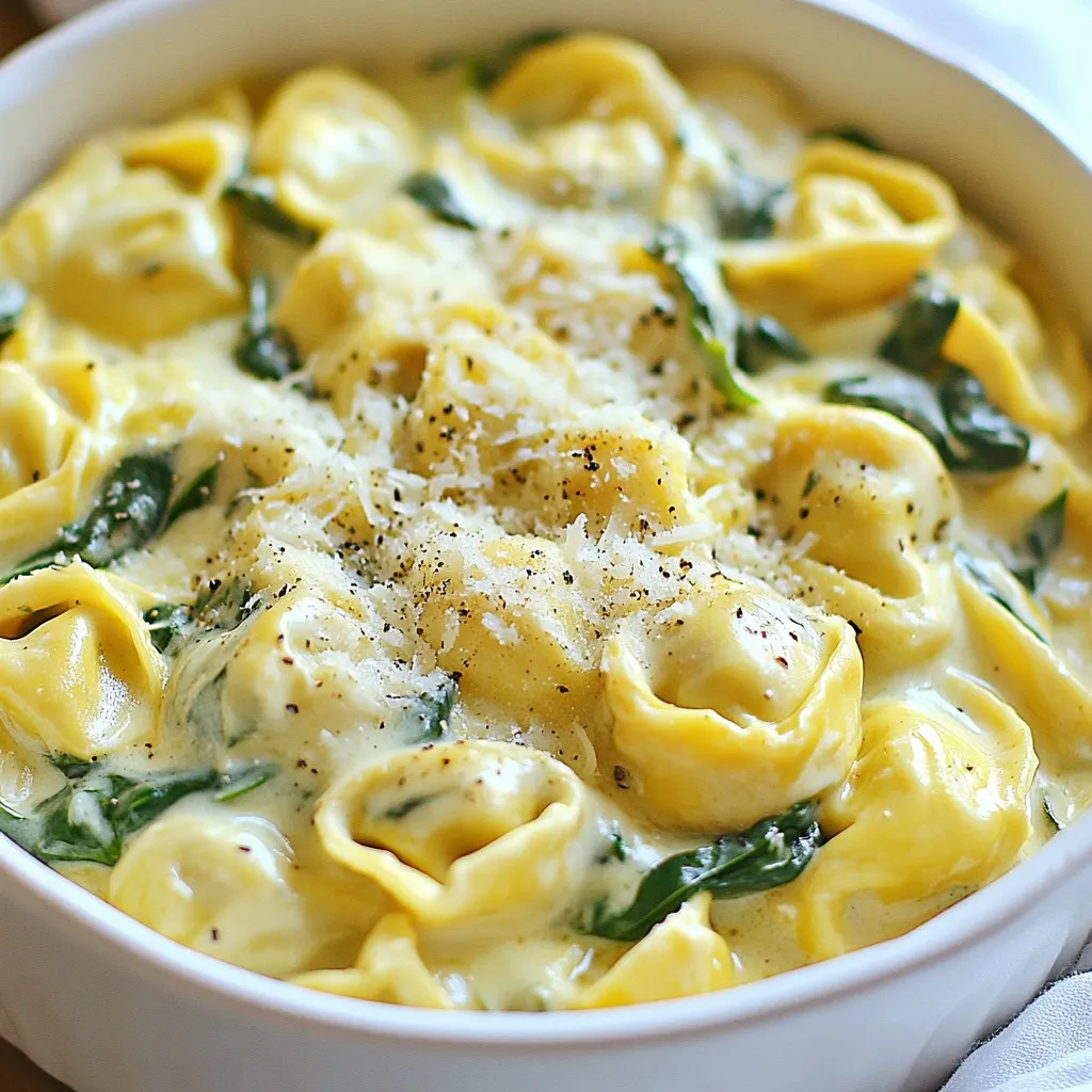 - 12 oz cheese tortellini (fresh or frozen) - 1 can (14 oz) artichoke hearts, drained and roughly chopped - 3 cups fresh spinach, roughly chopped In this dish, cheese tortellini serves as the base. You can use fresh or frozen tortellini. The artichoke hearts add a unique flavor. They bring a nice, tangy taste to the meal. Fresh spinach adds color and nutrition. It wilts down nicely in the creamy sauce. - 1 cup heavy cream - 1 cup vegetable broth - 1 cup freshly grated Parmesan cheese Heavy cream creates a rich sauce. It makes the dish feel indulgent. Vegetable broth adds depth to the flavor. It combines well with the cream. Parmesan cheese enhances the dish's taste. It melts wonderfully and gives a cheesy finish. - 2 tablespoons olive oil - 2 cloves garlic, minced - 1 teaspoon dried Italian herbs (a mix of oregano, basil, and thyme) - Salt and pepper to taste - 1/4 teaspoon red pepper flakes (optional, for a kick) Olive oil is great for sautéing garlic. It brings out the garlic's flavor. Dried Italian herbs add a nice aroma. Salt and pepper are essential for seasoning. If you like a bit of heat, add red pepper flakes. They give a nice kick to the dish. {{ingredient_image_2}} 1. First, warm the olive oil in a large pot over medium heat. 2. Next, add the minced garlic and sauté it for 1-2 minutes. Watch closely to avoid browning. 3. Now, add the chopped artichoke hearts. Cook for another 2-3 minutes. Stir occasionally to blend the flavors. 1. Carefully pour in the vegetable broth and heavy cream. 2. Stir until everything is combined. 3. Increase the heat slightly and bring the mixture to a gentle simmer. 1. Add the cheese tortellini to the pot. Cook according to the package instructions, about 3-5 minutes. 2. Stir occasionally until the tortellini are tender and heated through. 1. Once the tortellini are cooked, stir in the chopped spinach. 2. Add the grated Parmesan cheese next. 3. Mix gently until the spinach wilts and the cheese melts. 4. Season the dish with dried Italian herbs, salt, pepper, and red pepper flakes if you like. 5. Stir once more to blend all flavors together. To keep your tortellini from getting mushy, follow these steps: - Cook the tortellini according to the package instructions. - Stir them gently while cooking. This helps them cook evenly. Stirring often is key. It prevents sticking and burning. When you add the tortellini to the pot, make sure to stir well. This helps them absorb the flavors of the sauce. You can easily boost the flavor of your dish. Here are some ideas: - Add fresh herbs like basil or parsley. They brighten the taste. - For a stronger kick, sprinkle in more red pepper flakes. - Consider mixing in fresh garlic or shallots for depth. If you love cheese, try adding more Parmesan or a sprinkle of mozzarella. It melts beautifully and adds richness. Presentation makes a huge difference. Serve your tortellini in deep bowls. This allows for a nice, creamy coating. - Top with extra grated Parmesan. It looks great and tastes even better. - A sprinkle of black pepper adds a nice touch. - Fresh herbs like basil or parsley make your dish pop. Pair this dish with a simple green salad or garlic bread. They complement the creamy tortellini well. Enjoy your meal! Pro Tips Use Fresh Ingredients: Whenever possible, opt for fresh spinach and high-quality cheese tortellini to enhance the flavor and texture of the dish. Customize the Heat: Adjust the amount of red pepper flakes based on your spice preference; you can also substitute with a pinch of cayenne for a different kick. Make it Vegan: Substitute the heavy cream with coconut cream or a plant-based cream alternative and use nutritional yeast instead of Parmesan for a vegan version. Garnish for Presentation: Elevate the dish by garnishing with fresh herbs like basil or parsley and an extra sprinkle of Parmesan cheese before serving. {{image_4}} You can easily swap some ingredients in this dish. For a gluten-free option, choose gluten-free tortellini. Many stores offer this choice. You can also use zucchini or bell peppers instead of artichokes. These veggies add great taste and color. If you want a vegan dish, use plant-based cheese and cream. Many brands now offer great alternatives. For broth, choose a vegetable or mushroom base. These options keep the flavor rich and creamy without dairy. You can add proteins to make it heartier. Chicken or shrimp works well with this dish. Just cook them with the garlic first. You can also try different herbs for extra flavor. Fresh basil or parsley adds a nice touch. Experiment with these ideas for a dish that fits your taste. To keep your One-Pot Spinach Artichoke Tortellini fresh, follow these tips: - Allow the dish to cool to room temperature. - Transfer it to an airtight container. - Store it in the fridge for up to 3 days. Using glass or BPA-free plastic containers works best. They keep the flavors locked in and are easy to clean. You can reheat your tortellini in two ways: microwave or stove. - Microwave: Place a portion in a bowl. Heat for 1-2 minutes, stirring halfway. - Stove: Warm a pan on medium heat. Add a splash of broth or cream to keep it creamy. Stir until heated through. Adding liquid prevents the dish from drying out and keeps it delicious. Yes, you can freeze One-Pot Spinach Artichoke Tortellini! Here’s how: - Cool the dish completely. - Use a freezer-safe container or heavy-duty freezer bags. - Remove as much air as possible to avoid freezer burn. To reheat from frozen, thaw it overnight in the fridge. Then, follow the reheating tips for best results. Enjoy your tasty leftovers later! Yes, you can use frozen spinach. However, it may change the texture. Frozen spinach holds more water, which can make the dish a bit soupy. If you do use frozen spinach, make sure to thaw and drain it well before adding it to the pot. This helps keep your dish creamy and flavorful. This dish keeps well for about 3 to 4 days in the fridge. Store it in an airtight container. Make sure it cools completely before sealing it. This will help maintain its taste and texture. If your sauce is too thick, you can easily fix it. Just add a little more vegetable broth or heavy cream. Stir it in slowly until you reach your desired consistency. You can also add a splash of water if needed. This keeps the sauce creamy without losing flavor. This dish uses cheese tortellini, artichoke hearts, and spinach for great flavor. Add heavy cream, vegetable broth, and seasonings to create a rich sauce. You learned tips on cooking and flavor enhancements to make it your own. Don’t forget serving ideas and how to store leftovers. With simple steps and easy ingredients, you can enjoy this dish any night. Whether you stick to the recipe or switch things up, cooking can be fun and satisfying. Try making it today!