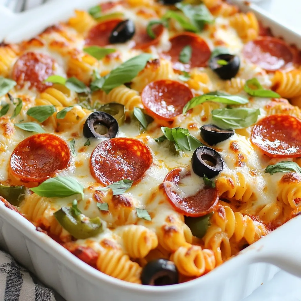 - 12 oz penne pasta - 1 cup marinara sauce - 1 cup mozzarella cheese, shredded - 1 cup pepperoni slices - ½ cup green bell pepper, diced - ½ cup black olives, sliced - ¼ cup red onion, diced - 1 teaspoon Italian seasoning - ½ teaspoon garlic powder - Salt and pepper to taste - Fresh basil leaves for garnish When you gather your ingredients, start with the penne pasta. It’s the base of this dish and holds all the flavors well. Next, grab the marinara sauce. This sauce adds depth and richness to your bake. Mozzarella cheese is a must for that gooey, cheesy goodness. Pepperoni slices bring that classic pizza flavor. For vegetables, you’ll need green bell pepper, black olives, and red onion. They add great texture and color. Italian seasoning and garlic powder give your dish the perfect kick. Don’t forget salt and pepper for taste. Finally, fresh basil leaves are the cherry on top. They add a fresh pop when you serve. These ingredients create a warm, comforting meal that everyone will love. Enjoy the process of cooking and get ready for a delightful dinner! {{ingredient_image_2}} - Preheat your oven to 375°F (190°C). This makes sure the oven is hot enough. - Cook 12 oz of penne pasta in a pot of salted boiling water. Follow the package instructions. Aim for al dente. Drain the pasta and set it aside. - In a large mixing bowl, combine the drained penne pasta with 1 cup of marinara sauce. - Add half of the shredded mozzarella cheese, 1 cup of pepperoni slices, ½ cup of diced green bell pepper, ½ cup of sliced black olives, and ¼ cup of diced red onion. Include 1 teaspoon of Italian seasoning, ½ teaspoon of garlic powder, and a sprinkle of salt and pepper. - Stir the mixture well. Ensure the pasta is fully coated in sauce and cheese. - Carefully transfer the pasta mixture into a greased 9x13 inch baking dish. Spread it evenly across the bottom. - Sprinkle the remaining mozzarella cheese on top. This creates a delicious cheesy layer. - Place the dish in your preheated oven. Bake for 25-30 minutes. Look for bubbly cheese and a golden crust. - Once baked, let it cool for a few minutes. This helps the flavors blend. Garnish with fresh basil leaves before serving. Enjoy your warm, cheesy pizza pasta bake! To cook pasta al dente, boil it in salted water. This means the pasta should be firm but not hard. Check the package for cooking times. Taste it a minute before the time ends. This prevents mushy results. Overcooking pasta makes it soft and sad. For extra flavor, use Italian seasoning, garlic powder, salt, and pepper. These spices give a nice kick to the dish. You can also try fresh herbs like basil for more flavor. When it comes to cheese, mozzarella is a great choice. It melts well and adds creaminess. You can mix in provolone or cheddar for added depth. These choices create layers of taste in your bake. Serve your pizza pasta bake hot from the oven. It tastes best warm and cheesy. Pair it with a fresh salad or garlic bread. This adds a nice crunch and balance to your meal. For the best experience, let it cool for a few minutes before serving. This helps the layers set and makes it easier to serve. Enjoy your delicious and comforting pizza pasta bake! Pro Tips Perfect Pasta: Cook the penne pasta until al dente, as it will continue to cook while baking, preventing it from becoming mushy. Cheese Layering: For an extra cheesy finish, consider adding a mix of mozzarella and cheddar cheese on top for added flavor and texture. Veggie Variations: Feel free to customize the vegetables according to your preference. Spinach, mushrooms, or zucchini would be great additions. Garnish for Freshness: Always garnish with fresh herbs, like basil or parsley, just before serving to enhance flavor and presentation. {{image_4}} Gluten-free options You can make a gluten-free pizza pasta bake easily. Use gluten-free penne pasta. This swap works well with the same sauce and toppings. Just check the labels to ensure all ingredients fit your needs. Vegetarian adaptations For a vegetarian version, skip the pepperoni. Instead, add more veggies like mushrooms or spinach. You can also use plant-based cheese for the same creamy texture. Different cheese and meat combinations You can change the cheese to suit your taste. Try cheddar or gouda for a richer flavor. For meat lovers, swap pepperoni for sausage or diced chicken. Each option adds a unique twist. Additional vegetable options Mix in vegetables like zucchini or broccoli for added nutrition. These veggies blend well with the sauce and cheese. You can also try artichokes or sun-dried tomatoes for a gourmet touch. Spicy versions with jalapeños Want some heat? Add sliced jalapeños to your mix. They give a nice kick and pair well with cheese. You could also use spicy sausage if you want a meat option. Sweet versions with pineapple If you enjoy sweet and savory, try adding pineapple chunks. They add a fun taste and balance the flavors. This twist makes your pizza pasta bake stand out at any meal. After you bake your pizza pasta, let it cool for about 30 minutes. This step helps keep the flavors intact. Once cooled, place the leftovers in an airtight container. I recommend using glass or BPA-free plastic for safety. Make sure to seal it well to avoid air. This keeps your dish fresh and tasty. Store it in the fridge and enjoy within three to four days. You can freeze your pizza pasta bake either before or after baking. If you freeze it before baking, wrap it tightly in plastic wrap and aluminum foil. This helps prevent freezer burn. When you are ready to bake it, remove it from the freezer and let it thaw in the fridge overnight. For freezing after baking, allow it to cool completely first. Then, store it in an airtight container. Reheat it straight from frozen or thaw it first, then bake at 375°F (190°C) until heated through. To keep your pizza pasta bake fresh, it’s best to consume it within four days when stored in the fridge. If you freeze it, aim to eat it within two to three months. Signs of spoilage include a sour smell, mold, or changes in texture. If you see any of these signs, it’s best to throw it away. Always trust your senses to keep your meals safe! To add heat, you can include crushed red pepper flakes. Mix them into the marinara sauce. You can also add sliced jalapeños or spicy sausage. These will give your bake a nice kick. Try adding pepper jack cheese for more spice and flavor. Adjust the amount based on your heat preference. Yes, you can use other pasta shapes. Bowtie, rotini, or ziti work well too. Each shape holds sauce differently, giving a new texture. Just adjust cooking times based on the pasta type. Always aim for al dente to keep your bake from getting mushy. You can store leftovers in the fridge for up to three days. Use an airtight container to keep it fresh. If you want it to last longer, freeze it. It can last for up to three months in the freezer. Just remember to thaw it in the fridge before reheating. This dish pairs well with a simple green salad. A side of garlic bread also complements it nicely. You can also serve it with a light soup for a complete meal. Feel free to get creative with your sides! Absolutely! You can prepare the dish a day in advance. Just cover it and keep it in the fridge. When you're ready to bake, add a few extra minutes to the cook time. This makes it perfect for busy weeknights! Yes, kids usually love this dish! The cheesy, saucy flavors appeal to them. You can let them help with toppings for more fun. This makes it a great way to get them involved in cooking! To make it vegetarian, simply remove the pepperoni. You can add more veggies like mushrooms or spinach. This keeps the dish hearty and flavorful without meat. You can even use a plant-based cheese for a vegan option! To reheat, use an oven for best results. Preheat it to 350°F (175°C) and bake until hot. You can also use a microwave, but it may not keep the texture. If using a microwave, cover the dish to keep moisture in. This blog post covered how to make a tasty Pizza Pasta Bake. We explored the main ingredients, like penne pasta, marinara sauce, and mozzarella cheese. I shared step-by-step instructions to prep, mix, and bake the dish. Tips like cooking pasta al dente help avoid mushiness. Try different veggies or cheeses for variety. Proper storage keeps your bake fresh. Enjoy your cooking and feel free to experiment with flavors. Happy cooking!